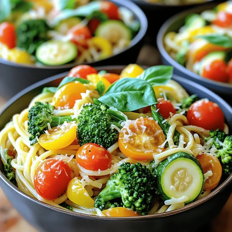 - 8 oz. spaghetti or preferred pasta - 1 cup cherry tomatoes, halved - 1 cup zucchini, sliced into half-moons - 1 cup bell peppers (mixed colors), sliced - 1 cup broccoli florets - 1 cup fresh spinach - 2 tablespoons olive oil - 3 cloves garlic, minced - Zest and juice of 1 lemon - 1 teaspoon dried oregano - Salt and pepper to taste - Fresh basil leaves, for garnish - Grated Parmesan cheese (optional, for serving) Gather these fresh ingredients before you start. I love using colorful bell peppers and ripe cherry tomatoes. They add sweetness and brightness to the dish. Fresh spinach wilts beautifully and gives a nice touch of green. The lemon zest and juice are key to making the flavors pop. They bring a zing that cuts through the richness of the olive oil. Don’t skip the garlic; it brings warmth and depth. You can use any pasta you like, but spaghetti works great. It holds the sauce well and mixes easily with the veggies. If you want to add protein, consider grilled chicken or sautéed shrimp. These ingredients make a bright and flavorful dish. You can find the Full Recipe to guide you through each step. Have fun cooking! - Bring a large pot of salted water to a boil. - Cook pasta according to package instructions until al dente. Start by boiling water in a large pot. The salt will help flavor the pasta. Once it’s boiling, add your pasta. Follow the time on the package for best results. Remember to reserve one cup of pasta water before draining the pasta. - Sauté garlic in olive oil. - Add broccoli and bell peppers. While the pasta cooks, heat olive oil in a large skillet. Once hot, add minced garlic. Sauté it for about 30 seconds, just until fragrant. Be careful not to burn it! Then, toss in the broccoli and bell peppers. Cook them for about 3 to 4 minutes. You want them to soften just a bit. - Add zucchini and cherry tomatoes. - Stir in reserved pasta water and lemon. - Toss in spinach and season. Next, add the zucchini and cherry tomatoes to the skillet. Stir them for another 3 minutes. They should start to soften nicely. Pour in the reserved pasta water, starting with half a cup. Add the lemon juice and zest next. Let this simmer for 2 minutes. It will create a light sauce. Finally, add the cooked pasta to the skillet. Toss in fresh spinach and mix everything well. The spinach will wilt quickly, adding a fresh touch. Season with salt and pepper to your taste. If the sauce feels thick, add more pasta water to loosen it. Once combined, your Pasta Primavera with Lemon is ready to serve. For the full recipe, check out the detailed instructions above. To make great Pasta Primavera, choose the right pasta. I love using spaghetti. It holds sauce well and mixes nicely with veggies. You can also try fettuccine or penne, but spaghetti is my go-to. When it comes to seasoning, balance is key. Add salt to the boiling water. This helps flavor the pasta. After draining, taste the pasta. If it needs more salt, add it in the sauce. Save some pasta water before draining. This water is starchy and helps the sauce stick. Use about a cup, but start with half. If the sauce seems too thick later, add more water. For veggies, timing matters. Add the harder ones first, like broccoli and bell peppers. They need more time to cook. Soft veggies like spinach should go in last. This keeps them fresh and bright. When serving, use deep bowls for a pretty look. This also helps hold the sauce. Add a few extra cherry tomatoes on top for color. A sprig of fresh basil adds a nice touch. For an extra layer of flavor, sprinkle grated Parmesan cheese on top. It makes the dish look fancy and taste even better. Enjoy your vibrant plate! {{image_2}} You can change the veggies in your Pasta Primavera. Try using asparagus or peas for a fresh taste. Both add crunch and color to your dish. You can also swap lemon for lime. This twist gives a different zing to the flavor. With lime, the dish feels lighter and a bit tropical. Adding protein makes this dish more filling. You can toss in cooked chicken or shrimp. Both options pair nicely with the veggies and sauce. For a plant-based choice, try tofu. It absorbs flavors well and adds a nice texture. You can also use beans or lentils for a hearty vegetarian option. If you need gluten-free options, look for gluten-free pasta. Many brands offer good choices made from rice or chickpeas. These pastas cook well and taste great. For a vegan-friendly dish, skip the cheese and use nutritional yeast instead. It adds a cheesy flavor without dairy. You can still enjoy a bright and tasty meal. For full preparation details, check the Full Recipe. To keep your Pasta Primavera fresh, store leftovers in an airtight container. This helps maintain flavor and texture. I recommend refrigerating within two hours of cooking. In the fridge, your dish lasts about 3 to 5 days. Always check for any signs of spoilage before eating. If you want to keep Pasta Primavera longer, freezing is a great option. First, cool the dish completely before packing it. Use freezer-safe bags or containers to avoid freezer burn. It can last up to three months in the freezer. To reheat, let it thaw in the fridge overnight. Then, warm it gently on the stove or in the microwave. You may need to add a splash of water to keep it moist. Pasta Primavera is perfect for meal prep. You can cook it on the weekend for busy weeknights. Start by chopping all your veggies in advance. Portion them into containers for easy assembly. When ready to eat, just heat and enjoy. This saves time and ensures you have a healthy meal on hand. Pasta Primavera is a bright dish filled with fresh vegetables. It often uses pasta like spaghetti. The dish is known for its colorful veggies, such as bell peppers, zucchini, and broccoli. It originated in Italy, but many variations exist around the world. You can swap in different vegetables based on the season. Yes, you can prep Pasta Primavera in advance. Cook the pasta and store it in the fridge. You can chop the veggies and keep them chilled. Just remember to cook the veggies fresh before serving. To reheat, warm the pasta and veggies in a skillet. Add a splash of olive oil or reserved pasta water for moisture. To enhance the flavor, try adding herbs like basil or parsley. A pinch of red pepper flakes can add heat. You can also use fresh lemon juice to brighten the dish. For extra creaminess, consider adding a splash of cream or a dollop of ricotta. Top with grated cheese for richness. You can find the complete recipe for Pasta Primavera Delight [here](#). Pasta Primavera is a colorful dish packed with fresh veggies and flavor. You learned how to pick the right pasta, sauté vegetables, and balance seasonings. Plus, we covered ways to customize for your taste and diet needs. Remember, storing leftovers properly keeps your meals fresh. Try new veggie swaps and protein options for fun twists. Enjoy creating your own Pasta Primavera masterpiece!