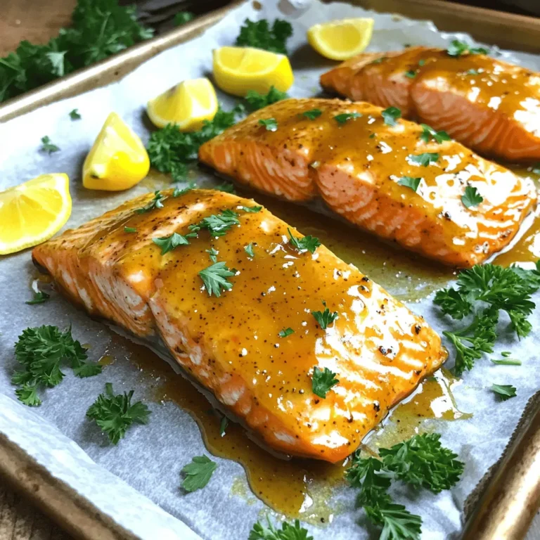 Here’s what you need to make Honey Mustard Glazed Salmon. These ingredients work together to create a tasty and easy dish. - 4 salmon fillets (approximately 6 oz each) - 3 tablespoons honey - 2 tablespoons Dijon mustard - 1 tablespoon whole grain mustard - 2 tablespoons olive oil - 1 tablespoon lemon juice - Salt and pepper to taste - Fresh parsley for garnish - Lemon wedges for serving Each item adds flavor and helps you achieve that perfect glaze. Salmon is rich in omega-3 fatty acids, making this meal healthy and delicious. Honey brings sweetness, while mustards add a tangy kick. Olive oil keeps everything moist, and lemon juice brightens the flavors. Fresh parsley and lemon wedges make your dish look appealing. For the full recipe, check the section above. - Preheat your oven to 400°F (200°C). - In a small bowl, whisk together the sauce ingredients: - 3 tablespoons honey - 2 tablespoons Dijon mustard - 1 tablespoon whole grain mustard - 2 tablespoons olive oil - 1 tablespoon lemon juice - Salt and pepper to taste This mixture creates a sweet and tangy flavor that pairs well with salmon. Make sure to blend it until smooth. - Place 4 salmon fillets on a baking sheet, skin-side down. - Generously brush the honey mustard glaze over the top of each salmon fillet until well covered. The glaze adds a nice shine and flavor to the fish. Bake for 12-15 minutes. The salmon is done when it flakes easily with a fork. - Optionally, broil for caramelization. Keep a close eye on it to avoid burning. - Remove the salmon from the oven and let it rest for a few minutes. Garnish with fresh parsley and serve with lemon wedges on the side. This dish looks and tastes great. You can pair it with a salad or steamed veggies for a complete meal. For the full recipe, check the earlier section. - Always check for doneness. Salmon should flake easily with a fork. - For that perfect glaze, brush it on generously. Let it soak in for extra flavor. - Pair your salmon with a fresh green salad or steamed vegetables. They add color and crunch. - A chilled white wine, like Sauvignon Blanc, works well with this dish. It enhances the flavor. - Adjust the sweetness by adding more honey or a splash of lemon juice for acidity. - Fresh herbs like dill or chives can boost the flavor. A pinch of paprika adds warmth and depth. For the full recipe, check out the detailed instructions! {{image_2}} You can use various types of salmon for this dish. Each type has its own flavor and texture. - Sockeye salmon is bright red and has a rich taste. - Atlantic salmon is often farmed and has a milder flavor. - Coho salmon is leaner and has a nice balance of taste. Choosing the right salmon can enhance your dish. I often pick sockeye for its bold flavor. If you need a gluten-free option, swap Dijon mustard with another type. - Yellow mustard works well and adds a tangy kick. - Stone-ground mustard gives a nice texture and flavor. - Honey mixed with a bit of vinegar can also work. These swaps make the glaze just as tasty without gluten. You can cook your salmon by grilling or baking. Each method brings out different qualities in the fish. - Grilling adds a smoky flavor and nice grill marks. - Baking keeps the salmon moist and allows the glaze to caramelize. I prefer baking for ease and even cooking. You can choose based on your taste and time. For the full recipe, refer back to the main sections. To keep your Honey Mustard Glazed Salmon fresh, place leftovers in an airtight container. This helps avoid drying out the fish. Store it in the fridge for up to three days. After that, the quality may drop. Always check for any off smells or changes in texture before eating. When you want to enjoy your salmon again, reheating it right is key. Use the oven for the best result. Preheat your oven to 275°F (135°C). Place the salmon on a baking sheet and cover it with foil. Heat for about 15 minutes. This method keeps the salmon moist and tasty. You can also reheat it in the microwave, but do it in short bursts. Use a low power setting to avoid drying it out. Yes, you can freeze Honey Mustard Glazed Salmon! Wrap each piece tightly in plastic wrap, then place it in a freezer bag. Make sure to remove as much air as possible to prevent freezer burn. It can stay good for up to three months. When you’re ready to eat, thaw it in the fridge overnight before reheating. Always ensure it’s fully thawed for even cooking. Cooking salmon at 400°F takes about 12 to 15 minutes. The key is to check for doneness. Salmon should flake easily with a fork when done. Thicker fillets may need a bit more time. If you want a nice glaze, you can broil it for 1 to 2 minutes after baking. This gives a lovely caramelized look. Yes, you can make the glaze a day in advance. Just mix the honey, mustards, olive oil, and lemon juice in a bowl. Store it in the fridge in an airtight container. This way, you can save time when cooking. Just stir it again before you use it. The flavors will blend well and taste even better! This dish pairs well with many sides. Here are some great options: - Steamed broccoli or green beans - A fresh garden salad - Roasted potatoes or sweet potatoes - Quinoa or rice for a filling side - Lemon wedges for extra brightness These sides will enhance the meal and balance the sweet glaze. Enjoy experimenting with your favorites! For the full recipe, check out the Honey Mustard Glazed Salmon recipe above. This blog shared a simple and tasty honey mustard glazed salmon recipe. We covered the ingredients, preparation steps, baking instructions, and tips for serving. You also learned about variations, storage methods, and answers to common questions. Now, you have all the tools to cook this dish perfectly. Enjoy exploring flavors and impressing loved ones with your cooking skills. Happy cooking!