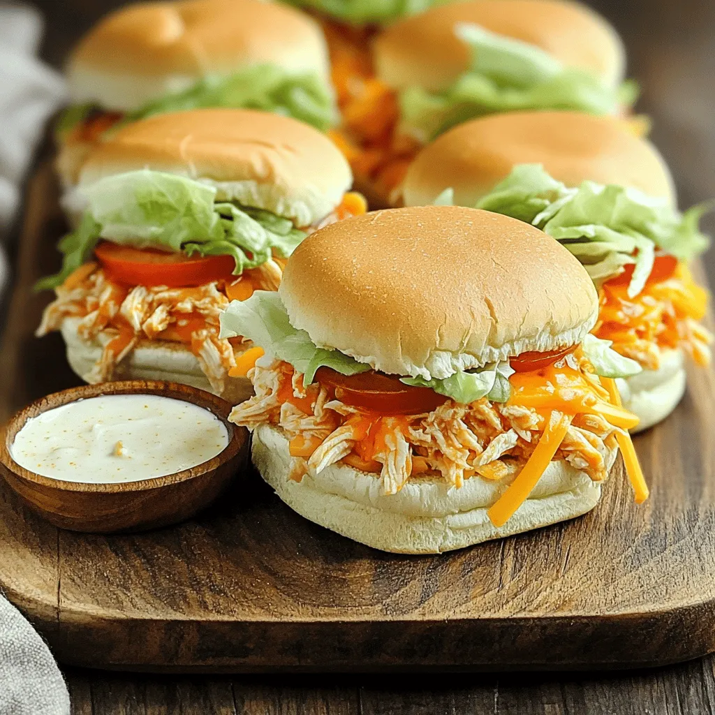 - 1 pound shredded cooked chicken - 1/2 cup buffalo sauce - 1/4 cup ranch dressing These main ingredients make the sliders flavorful and easy to prepare. The chicken needs to be cooked and shredded. You can use rotisserie chicken for speed. The buffalo sauce gives the chicken that spicy kick we love. The ranch dressing cools it down a bit, making it perfect for everyone. - 12 slider rolls (mini burger buns) - 1 cup shredded lettuce - 1/2 cup diced tomatoes - 1/2 cup shredded cheddar cheese The slider rolls are key for holding everything together. I prefer soft, fluffy rolls. Shredded lettuce adds crunch, while diced tomatoes add freshness. Cheddar cheese melts nicely and adds a rich flavor. - 1 tablespoon olive oil - Salt and pepper to taste Using olive oil helps cook the chicken without sticking. Salt and pepper enhance the dish's taste. Adjust the seasoning based on your preference. For the full recipe, check out the details provided. Enjoy making these tasty Buffalo Chicken Sliders! First, you need to combine the chicken and sauces. In a medium bowl, mix 1 pound of shredded cooked chicken with 1/2 cup of buffalo sauce and 1/4 cup of ranch dressing. Stir until the chicken is fully coated. Next, it's time to preheat the skillet. Set it over medium heat and add 1 tablespoon of olive oil. This will help the chicken cook evenly. Once your skillet is hot, add the buffalo chicken mixture. Cook until it’s heated through, which takes about 5 to 7 minutes. Stir frequently to keep it from sticking. You can add salt and pepper to taste. This will enhance the flavors and make the dish pop! While the chicken cooks, slice your 12 slider rolls in half. This is where the fun begins! Take a generous spoonful of the buffalo chicken mixture and place it on the bottom half of each roll. Then, layer on a handful of shredded lettuce, some diced tomatoes, and a sprinkle of shredded cheddar cheese. Finally, place the top halves of the rolls on each slider. If you want a crispy finish, broil the assembled sliders for 1 to 2 minutes. Just keep an eye on them to prevent burning. These steps will help you make Buffalo Chicken Sliders that are not only tasty but also easy to prepare. Enjoy every bite! For the complete recipe, check out the Full Recipe section. To prevent burning your buffalo chicken sliders, keep an eye on the heat. Use medium heat and stir often. Cooking the chicken too fast can lead to burnt edges. For the perfect consistency, let the mixture cook until it thickens slightly. If it seems too watery, cook it a bit longer. Aim for a creamy texture that holds well on the slider rolls. When arranging sliders on a platter, place them in rows. This makes it easy for guests to grab one. Leave space between them for a clean look. Garnish your sliders with fresh parsley or celery sticks. This adds color and makes the dish look inviting. You could also sprinkle some extra cheese on top for a fun touch. Pair buffalo chicken sliders with crispy fries or a fresh salad. These sides balance the rich flavors of the sliders. The best dips for buffalo chicken sliders include extra ranch or blue cheese dressing. These creamy dips complement the spicy chicken perfectly. For a twist, try a spicy aioli or garlic dip alongside. For the full recipe, you can refer to the section above. {{image_2}} Buffalo chicken sliders are fun and tasty! You can easily switch things up to make them your own. Here are some great ideas. - Garlic parmesan sauce: This sauce adds a rich, creamy flavor. Mix garlic powder and parmesan cheese with butter for a unique twist. - Honey mustard variation: This combo gives a sweet and tangy taste. Simply mix honey and mustard to your liking for a great contrast. - Use of different kinds of cheese: Cheddar is a classic choice, but you can use pepper jack for a spicy kick or blue cheese for a bold flavor. - Adding toppings like pickles or jalapeños: These toppings bring extra crunch and heat. Pickles add tang, while jalapeños add spice. - Using brioche buns: These soft, buttery buns take your sliders to a new level. They are perfect for holding all that delicious filling. - Gluten-free options: If you need gluten-free bread, many brands offer great choices. Look for gluten-free slider rolls that hold up well. Feel free to mix and match these variations. Each change makes a new and tasty slider! Check out the Full Recipe to get started. To keep your leftover Buffalo chicken sliders fresh, store them in an airtight container. Make sure to separate the chicken filling from the buns. This helps the bread stay soft. Place the sliders in the fridge right after your meal. They stay fresh for up to three days. If you wait too long, the bread can get soggy. When you are ready to enjoy the sliders again, the best method is to use an oven. Preheat the oven to 350°F (175°C). Place the sliders on a baking sheet and cover them with aluminum foil. Heat for about 10-15 minutes. This keeps the buns soft and the chicken warm. You can also microwave them, but the texture may change. If you microwave, heat for 30 seconds to 1 minute. You can freeze assembled sliders for later. Wrap each slider tightly in plastic wrap and place them in a freezer-safe bag. This helps prevent freezer burn. They can stay in the freezer for up to three months. When you want to eat them, take the sliders out and let them thaw in the fridge overnight. Reheat them in the oven or microwave, just like before. Enjoy your tasty sliders even after freezing! You can pair these sliders with several tasty sides. - Best side dishes to accompany sliders: - Crispy sweet potato fries - Fresh veggie sticks with ranch dip - Coleslaw for a crunchy side - Potato salad for a creamy option - Suggested beverages: - A cold craft beer - Sparkling lemonade for a refreshing touch - Iced tea for a classic drink Yes, you can make these sliders ahead of time. - Tips for meal prep: - Prepare the buffalo chicken mixture and store it in the fridge. - Assemble the sliders just before serving to keep them fresh. - Storage considerations: - Keep the chicken mixture in an airtight container. - It stays good for up to three days in the fridge. Absolutely! These sliders are great for gatherings. - Serving size and scaling options: - The recipe makes 12 sliders. - You can easily double it for larger groups. - Quick preparation for gatherings: - You can whip these up in about 25 minutes. - They are easy to grab and eat, making them perfect for mingling. Buffalo chicken sliders are simple and tasty. We covered how to make them with shredded chicken and sauces, then how to assemble the sliders. I also shared tips on cooking and presentation. Variations let you change flavors or use different bread. Proper storage keeps leftovers fresh. Remember, sliders pair well with sides and drinks. This recipe is perfect for parties or meal prep. Enjoy making these sliders that everyone loves!