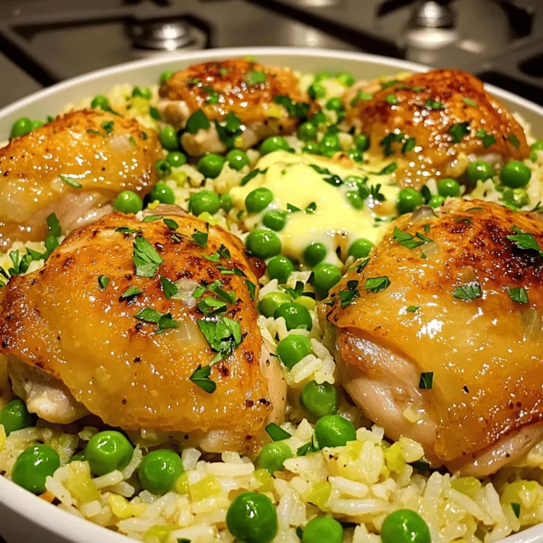 - Chicken and rice requirements - 4 boneless, skinless chicken thighs - 2 cups long-grain rice - Seasoning and flavor enhancers - 4 tablespoons unsalted butter - 5 cloves garlic, minced - 1 onion, finely chopped - 3 cups chicken broth - 1 teaspoon dried oregano - 1 teaspoon paprika - Salt and pepper to taste - Optional garnishes and additions - 1 cup frozen peas - Fresh parsley, chopped (for garnish) Gathering these ingredients sets the stage for a dish that bursts with flavor. Each item plays a key role. The chicken thighs offer rich taste and tenderness. The long-grain rice absorbs all the savory broth. Butter and garlic create a lovely aroma and depth. Onions bring sweetness, while seasonings elevate the whole dish. Feel free to add peas for a pop of color and nutrition. Fresh parsley adds a lovely touch on top. This simple yet flavorful dish uses ingredients you can find easily. Check out the Full Recipe to see how everything comes together! 1. Sautéing onion and garlic Start by melting 2 tablespoons of butter in a large skillet over medium heat. Add the finely chopped onion. Sauté for about 5 minutes until it turns translucent. Next, toss in 5 cloves of minced garlic. Cook for another minute until it smells amazing. 2. Cooking chicken thighs Season 4 boneless, skinless chicken thighs with 1 teaspoon of dried oregano, 1 teaspoon of paprika, salt, and pepper. Move the onion and garlic to the side of the skillet. Place the chicken thighs in the center. Cook for 6-7 minutes on each side until they are browned and cooked through. Once done, remove the chicken and set it aside. 3. Toasting rice and adding broth In the same skillet, add the other 2 tablespoons of butter. Stir in 2 cups of long-grain rice. Let it toast for about 2-3 minutes. Then, pour in 3 cups of chicken broth. Stir to combine and bring the mixture to a boil. 1. Combining chicken and rice Once the broth boils, reduce the heat to low. Carefully place the cooked chicken thighs on top of the rice. Cover the skillet and let it simmer for 15-20 minutes. You want the rice to be tender and soak up most of the broth. 2. Simmering for perfect texture In the last 5 minutes of cooking, add 1 cup of frozen peas on top of the rice. Do not stir. Let the peas steam with the rice for added color and flavor. 3. Final touches before serving After cooking, turn off the heat. Let the dish sit covered for another 5 minutes. Fluff the rice with a fork and gently mix in the peas. Serve warm and garnish with fresh chopped parsley for a beautiful finish. For the full recipe, check out the complete instructions and tips! To get the best flavor from your chicken, use the right seasonings. I like to mix oregano, paprika, salt, and pepper. This blend gives the chicken a tasty kick. Let the chicken sit for a few minutes after seasoning. This helps the spices soak in. When cooking, aim for a golden brown on each side. Cook the chicken for about 6-7 minutes per side. This timing ensures juicy chicken. Use a meat thermometer to check the inside. It should reach 165°F. To avoid mushy rice, rinse it before cooking. This removes excess starch. Use a 1:1.5 ratio of rice to liquid. For this recipe, use 3 cups of chicken broth for 2 cups of rice. Bring the broth to a boil before adding rice. Once boiling, reduce the heat and cover the skillet. Let the rice simmer for 15-20 minutes. This technique gives you fluffy rice that absorbs all the flavors. Garnishing adds a nice touch. Fresh herbs like parsley brighten the dish. Chop the parsley finely and sprinkle it on before serving. For a great look, serve the chicken on top of the rice. This way, the colors mix well. You can also add a lemon wedge on the side for a pop of freshness. Enjoy your meal! For the full recipe, check [Full Recipe]. {{image_2}} You can switch out the chicken for other meats. Try boneless pork chops or even tofu. Each option brings a new taste. If you want a different grain, choose quinoa or farro. These grains add unique textures and flavors to the dish. Adding vegetables is a great way to boost flavor and nutrition. Consider bell peppers, carrots, or spinach. These veggies cook well and add color. You can also use different herbs and spices. Basil, thyme, or even a kick of chili flakes can change the whole dish. To make this dish gluten-free, use rice and check your broth. Many brands offer gluten-free options. For low-carb choices, replace rice with cauliflower rice. It’s a great substitute and keeps the meal light. You don’t lose flavor, and it stays filling. Explore the [Full Recipe] for more tips and ideas! To keep your Garlic Butter Chicken and Rice fresh, refrigerate it within two hours. Use an airtight container for best results. Store it in the fridge for up to three days. For longer storage, freezing is a great option. Place the dish in a freezer-safe container. It can last up to three months in the freezer. Just remember to label it with the date. When it's time to enjoy leftovers, reheating is key. For rice, add a splash of water before reheating. This helps keep the rice fluffy. You can use a microwave or a stovetop for this. For chicken, use a low heat setting. This keeps the chicken juicy and flavorful. Make sure to cover it while reheating to trap moisture. Enjoy your delicious meal again! For the full recipe, check out the section above. What can I serve with Garlic Butter Chicken and Rice? You can serve this dish with a side of steamed veggies. Broccoli or green beans work well. A fresh salad adds crunch. Garlic bread can also enhance the meal. Can I make this dish ahead of time? Yes, you can prepare Garlic Butter Chicken and Rice in advance. Cook it, then cool it down. Store in an airtight container in the fridge. Reheat before serving, and it will taste great. How do I ensure my chicken is tender? To keep chicken tender, do not overcook it. Use a meat thermometer to check for doneness. Aim for 165°F. Marinating the chicken can also help it stay juicy. Why is my rice still hard? If your rice is hard, it may need more liquid. Add a bit of broth or water and simmer longer. Cover the pot to trap steam, which helps cook the rice. What if I don't have chicken broth? If you lack chicken broth, you can use water. Add extra seasonings to boost flavor. You can also use vegetable broth as a substitute. Can I use brown rice instead? Yes, you can use brown rice instead of white rice. Just know that brown rice takes longer to cook. Increase the simmer time to about 30-40 minutes. Adjust the liquid as needed. This blog post covered a complete guide to making Garlic Butter Chicken and Rice. You learned about the key ingredients and step-by-step instructions. I shared tips to ensure flavorful chicken and perfect rice. You also discovered variations and storage info. In closing, this dish is simple and flexible. Adjust it to your taste and dietary needs. Enjoy your cooking journey and share this recipe with others!