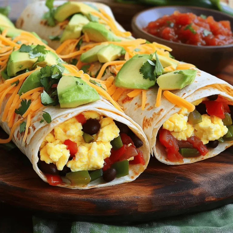 To make savory breakfast burritos, you need a few simple ingredients that pack a lot of flavor. Here’s what you’ll need: - 4 large tortillas - 6 large eggs - 1 cup black beans, rinsed and drained - 1 cup shredded cheddar cheese - 1 small red bell pepper, diced - 1 small green bell pepper, diced - 1/2 cup red onion, diced - 1 avocado, sliced - 2 tablespoons olive oil - 1 teaspoon ground cumin - 1/2 teaspoon paprika - Salt and pepper to taste - Salsa, for serving These ingredients create a perfect balance of taste and nutrition. The eggs provide protein, while the black beans add fiber. The fresh veggies, like bell peppers and onions, give color and crunch. The creamy avocado adds richness, making each bite satisfying. Using quality ingredients is key. Fresh vegetables enhance flavor and nutrition. You can adjust the spices to suit your taste. If you want a kick, add more paprika or try a spicy salsa. For the full recipe, follow the instructions provided. Enjoy making these delicious breakfast burritos that will keep you fueled for the day! - Heat the skillet with olive oil. - Sauté the onions and bell peppers until soft and slightly caramelized. This should take about 5-7 minutes. The smell of the veggies cooking is amazing. - In a bowl, whisk together the eggs, cumin, paprika, salt, and pepper. - Pour the egg mixture into the skillet with the sautéed veggies. Stir gently for 3-4 minutes until the eggs cook through. You want them fluffy and well combined. - Once the eggs are ready, add the black beans to the mixture. - Stir well to combine and warm the beans for 1-2 minutes. This adds protein and a nice texture to your burrito. - Lay a tortilla flat on a clean surface. - Spoon a generous amount of the egg and veggie mixture into the center. - Top with shredded cheddar cheese and a few slices of creamy avocado. The cheese will melt into the warm filling. - Fold the sides of the tortilla over the filling. - Roll from the bottom up to enclose everything tightly. Repeat this with the remaining tortillas. Make sure they are secure to hold all that goodness inside. - For a crisp texture, toast the burritos in the skillet. - Place them seam side down on medium heat for 2-3 minutes on each side. This step adds a delightful crunch. - Cut each burrito in half diagonally. - Serve warm with salsa on the side. You can also add extra avocado slices or a sprinkle of cilantro for a fresh touch. Enjoy your meal! For full details on the recipe, please refer to the Full Recipe section. You can make your burrito unique. Add or swap ingredients based on your taste. Try different veggies like spinach or mushrooms for extra flavor. Want more protein? Include crispy bacon or savory sausage. You may also use different cheeses, like pepper jack for a spicy kick. Folding your burrito right is key. Start by placing the filling in the center. Fold the sides in first, then roll it up tightly. This keeps everything inside. If you like a crispy burrito, toast it in a hot skillet. Cook it seam side down for a few minutes until golden brown. If you're vegetarian, skip the meat and add more beans or extra veggies. You can also use gluten-free tortillas. Many brands offer tasty options made from rice or corn. Just check the label to ensure they fit your needs. These simple swaps make your burrito delicious for everyone. Try the Full Recipe for more tips! {{image_2}} You can make your breakfast burritos even more tasty with veggies. Try adding mushrooms, spinach, or zucchini. These veggies bring great flavor and color. Just sauté them with olive oil before adding to your egg mix. This will keep your burritos fresh and fun! If you like a kick, go for Southwest Spicy Burritos. Add jalapeños or spicy salsa to your egg mixture. You can also sprinkle some red pepper flakes for more heat. The spicy flavors will wake up your taste buds and make breakfast exciting. Want a lighter option? Try Breakfast Burrito Bowls. You can deconstruct your burrito by serving the filling without tortillas. Just layer the egg mix, beans, and cheese in a bowl. Top with avocado and salsa. This way, you enjoy all the flavors without the carbs from tortillas. For more ideas, check the Full Recipe to explore all the possibilities in savory breakfast burritos! Store any leftover burritos in an airtight container. This keeps them fresh. Make sure to let them cool completely before sealing. You can keep them in the fridge for up to three days. When ready to eat, just reheat them in a skillet or microwave. To freeze burritos, wrap each one tightly in plastic wrap. Then, place them in a freezer bag. Squeeze out as much air as possible. Label the bag with the date. They can last for up to three months. When reheating, first thaw in the fridge overnight. Then, heat them in the oven at 350°F for about 20-25 minutes. This keeps them nice and warm. Make burritos ahead of time for busy mornings. Prepare a batch on the weekend. After cooking, let them cool, wrap them, and store them. You can grab one in the morning and eat it on the way to work. It’s a quick and tasty option that saves time. You can easily prep these burritos in advance. Start by cooking the filling as usual. Once cool, divide it into portions. Wrap each portion in plastic wrap or foil. Store them in the fridge for up to three days or freeze for longer. When ready to eat, simply reheat. You can use the microwave or a skillet for best results. Yes, you can add cheese to the eggs while cooking. When the eggs start to set, sprinkle the cheese on top. This melts the cheese and mixes it into the eggs. It creates a creamy texture that makes the burrito even tastier. To reheat frozen burritos, unwrap them from foil. Place them in the microwave for about two minutes. You can also use the oven for a crispier finish. Wrap them in foil and bake at 350°F for 20-25 minutes. This method keeps them warm and delicious. Absolutely! You can use many types of beans. Pinto beans offer a creamy texture. Kidney beans add a hearty feel. Chickpeas give a nice nutty flavor. Each option adds its unique taste and nutrition to your burritos. Yes, these burritos are great for kids! You can adjust the spice levels to suit their taste. Use mild cheese and skip the spices if needed. Feel free to add more veggies or proteins they enjoy. This way, they get a meal that is both fun and nutritious. In this post, we covered how to make tasty breakfast burritos. We explored the ingredients you'll need, like eggs, black beans, and fresh veggies. You learned step-by-step instructions for cooking and assembling your burritos. I shared tips on customizing flavors and perfecting texture. Additionally, we discussed storage options and meal prep ideas to make your mornings easier. With these insights, you can create delicious burritos that fit your taste. Enjoy making your own and sharing them with others!