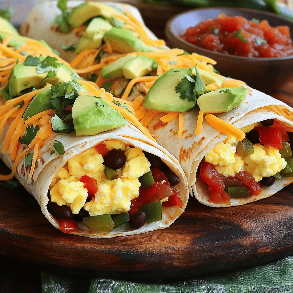 To make savory breakfast burritos, you need a few simple ingredients that pack a lot of flavor. Here’s what you’ll need: - 4 large tortillas - 6 large eggs - 1 cup black beans, rinsed and drained - 1 cup shredded cheddar cheese - 1 small red bell pepper, diced - 1 small green bell pepper, diced - 1/2 cup red onion, diced - 1 avocado, sliced - 2 tablespoons olive oil - 1 teaspoon ground cumin - 1/2 teaspoon paprika - Salt and pepper to taste - Salsa, for serving These ingredients create a perfect balance of taste and nutrition. The eggs provide protein, while the black beans add fiber. The fresh veggies, like bell peppers and onions, give color and crunch. The creamy avocado adds richness, making each bite satisfying. Using quality ingredients is key. Fresh vegetables enhance flavor and nutrition. You can adjust the spices to suit your taste. If you want a kick, add more paprika or try a spicy salsa. For the full recipe, follow the instructions provided. Enjoy making these delicious breakfast burritos that will keep you fueled for the day! - Heat the skillet with olive oil. - Sauté the onions and bell peppers until soft and slightly caramelized. This should take about 5-7 minutes. The smell of the veggies cooking is amazing. - In a bowl, whisk together the eggs, cumin, paprika, salt, and pepper. - Pour the egg mixture into the skillet with the sautéed veggies. Stir gently for 3-4 minutes until the eggs cook through. You want them fluffy and well combined. - Once the eggs are ready, add the black beans to the mixture. - Stir well to combine and warm the beans for 1-2 minutes. This adds protein and a nice texture to your burrito. - Lay a tortilla flat on a clean surface. - Spoon a generous amount of the egg and veggie mixture into the center. - Top with shredded cheddar cheese and a few slices of creamy avocado. The cheese will melt into the warm filling. - Fold the sides of the tortilla over the filling. - Roll from the bottom up to enclose everything tightly. Repeat this with the remaining tortillas. Make sure they are secure to hold all that goodness inside. - For a crisp texture, toast the burritos in the skillet. - Place them seam side down on medium heat for 2-3 minutes on each side. This step adds a delightful crunch. - Cut each burrito in half diagonally. - Serve warm with salsa on the side. You can also add extra avocado slices or a sprinkle of cilantro for a fresh touch. Enjoy your meal! For full details on the recipe, please refer to the Full Recipe section. You can make your burrito unique. Add or swap ingredients based on your taste. Try different veggies like spinach or mushrooms for extra flavor. Want more protein? Include crispy bacon or savory sausage. You may also use different cheeses, like pepper jack for a spicy kick. Folding your burrito right is key. Start by placing the filling in the center. Fold the sides in first, then roll it up tightly. This keeps everything inside. If you like a crispy burrito, toast it in a hot skillet. Cook it seam side down for a few minutes until golden brown. If you're vegetarian, skip the meat and add more beans or extra veggies. You can also use gluten-free tortillas. Many brands offer tasty options made from rice or corn. Just check the label to ensure they fit your needs. These simple swaps make your burrito delicious for everyone. Try the Full Recipe for more tips! {{image_2}} You can make your breakfast burritos even more tasty with veggies. Try adding mushrooms, spinach, or zucchini. These veggies bring great flavor and color. Just sauté them with olive oil before adding to your egg mix. This will keep your burritos fresh and fun! If you like a kick, go for Southwest Spicy Burritos. Add jalapeños or spicy salsa to your egg mixture. You can also sprinkle some red pepper flakes for more heat. The spicy flavors will wake up your taste buds and make breakfast exciting. Want a lighter option? Try Breakfast Burrito Bowls. You can deconstruct your burrito by serving the filling without tortillas. Just layer the egg mix, beans, and cheese in a bowl. Top with avocado and salsa. This way, you enjoy all the flavors without the carbs from tortillas. For more ideas, check the Full Recipe to explore all the possibilities in savory breakfast burritos! Store any leftover burritos in an airtight container. This keeps them fresh. Make sure to let them cool completely before sealing. You can keep them in the fridge for up to three days. When ready to eat, just reheat them in a skillet or microwave. To freeze burritos, wrap each one tightly in plastic wrap. Then, place them in a freezer bag. Squeeze out as much air as possible. Label the bag with the date. They can last for up to three months. When reheating, first thaw in the fridge overnight. Then, heat them in the oven at 350°F for about 20-25 minutes. This keeps them nice and warm. Make burritos ahead of time for busy mornings. Prepare a batch on the weekend. After cooking, let them cool, wrap them, and store them. You can grab one in the morning and eat it on the way to work. It’s a quick and tasty option that saves time. You can easily prep these burritos in advance. Start by cooking the filling as usual. Once cool, divide it into portions. Wrap each portion in plastic wrap or foil. Store them in the fridge for up to three days or freeze for longer. When ready to eat, simply reheat. You can use the microwave or a skillet for best results. Yes, you can add cheese to the eggs while cooking. When the eggs start to set, sprinkle the cheese on top. This melts the cheese and mixes it into the eggs. It creates a creamy texture that makes the burrito even tastier. To reheat frozen burritos, unwrap them from foil. Place them in the microwave for about two minutes. You can also use the oven for a crispier finish. Wrap them in foil and bake at 350°F for 20-25 minutes. This method keeps them warm and delicious. Absolutely! You can use many types of beans. Pinto beans offer a creamy texture. Kidney beans add a hearty feel. Chickpeas give a nice nutty flavor. Each option adds its unique taste and nutrition to your burritos. Yes, these burritos are great for kids! You can adjust the spice levels to suit their taste. Use mild cheese and skip the spices if needed. Feel free to add more veggies or proteins they enjoy. This way, they get a meal that is both fun and nutritious. In this post, we covered how to make tasty breakfast burritos. We explored the ingredients you'll need, like eggs, black beans, and fresh veggies. You learned step-by-step instructions for cooking and assembling your burritos. I shared tips on customizing flavors and perfecting texture. Additionally, we discussed storage options and meal prep ideas to make your mornings easier. With these insights, you can create delicious burritos that fit your taste. Enjoy making your own and sharing them with others!