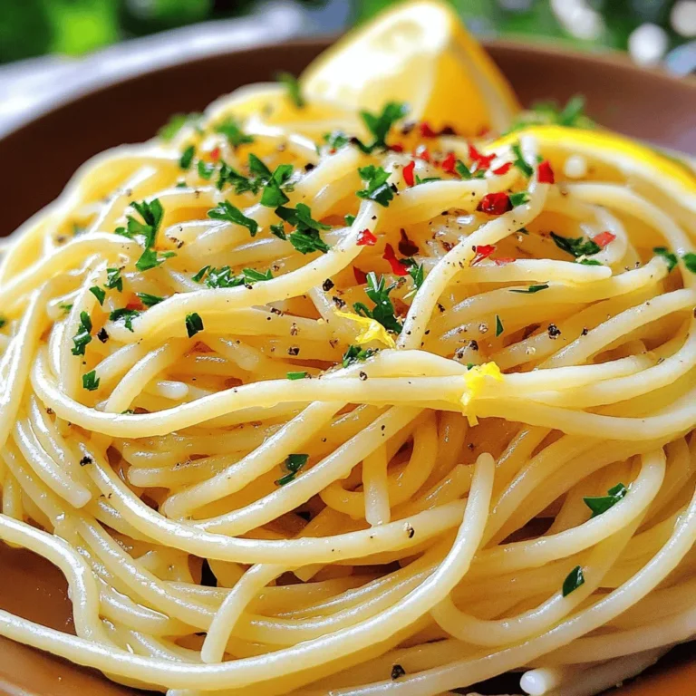 - 400g spaghetti - 6 cloves garlic, thinly sliced - ½ cup extra virgin olive oil - 1 teaspoon red pepper flakes - Grated Parmesan cheese for serving - Freshly cracked black pepper - 1 cup fresh parsley, chopped - 1 lemon (zest and juice) - Salt to taste When making Spaghetti Aglio e Olio, you want to keep it simple. The main ingredients shine through. Start with quality spaghetti, as it forms the base of your dish. I always use 400g for four servings. For that distinct flavor, thinly slice 6 cloves of garlic. The garlic adds a rich aroma and taste as it cooks. Don't forget the olive oil! Use ½ cup of extra virgin olive oil to sauté the garlic. To kick it up a notch, consider some optional ingredients. A teaspoon of red pepper flakes adds heat. Adjust it to fit your spice level. If you love cheese, grated Parmesan is a nice touch for serving. Freshly cracked black pepper adds a lovely finish. For freshness, I like to add a cup of chopped parsley. It brings color and taste to the dish. The zest and juice from one lemon brighten the flavors. Salt is essential for enhancing every ingredient. Feel free to adjust the salt to your preference. This recipe is all about balance and freshness. Gather these ingredients for a quick and delicious meal. For the complete recipe, check out the [Full Recipe]. 1. Boil water and salt: Start by filling a large pot with water. Add a generous amount of salt to make it flavorful. Bring it to a rolling boil. 2. Cook until al dente: Add the spaghetti to the boiling water. Stir occasionally. Cook according to package instructions until it is al dente, which means firm to the bite. 3. Reserve pasta water before draining: Before you drain the pasta, remember to save about one cup of that starchy pasta water. It helps to make the sauce creamy later. 1. Heat olive oil in a skillet: In a large skillet, pour in the olive oil. Turn the heat to medium. Let the oil warm up but not smoke. 2. Sauté garlic until golden: Add the thinly sliced garlic to the warm oil. Cook it gently for about 2-3 minutes. Watch it closely until it turns golden and fragrant. Be careful not to let it burn. 3. Mix in red pepper flakes: Stir in the red pepper flakes. Let them cook for an extra minute. This step adds a nice kick to the oil. 1. Toss spaghetti with garlic oil: Add the drained spaghetti to the skillet with the garlic oil. Toss it well to coat every strand. 2. Add reserved pasta water: Pour in a bit of the reserved pasta water. This helps to keep the spaghetti moist and binds the flavors. 3. Incorporate parsley, lemon, and seasoning: Off the heat, mix in the chopped parsley, lemon zest, and juice. Taste it and adjust the salt if needed. This easy recipe gives you a simple yet flavorful dish. For the full recipe, check out the details above. Enjoy every bite of your savory spaghetti aglio e olio! - Avoid overcooking pasta: Cook spaghetti until it's al dente. This means it should be firm when you bite into it. This texture helps the pasta hold up better when you mix it with the sauce. - Importance of seasoning the boiling water: Always add salt to your boiling water. This helps flavor the pasta from the inside. Use about 1-2 tablespoons for every 4 quarts of water. - Timing for sautéing garlic: Add sliced garlic to the oil once it’s hot. Cook it for about 2-3 minutes. This timing helps unlock its rich flavor without going too far. - How to avoid burning garlic: Keep an eye on the garlic as it cooks. If it starts to turn brown too quickly, lower the heat. Burnt garlic can taste bitter and ruin your dish. - Presentation tips for a restaurant-style dish: Serve your spaghetti on warmed plates. This keeps the pasta hot longer. Add a sprinkle of fresh parsley on top for color. A lemon wedge on the side adds a nice touch. - Pairing options for sides or drinks: A simple green salad pairs well with spaghetti. You can also serve it with garlic bread for a full meal. For drinks, a glass of white wine complements the flavors nicely. For more details on how to make this dish, check out the Full Recipe. {{image_2}} You can change some ingredients to fit your needs. If you want gluten-free spaghetti, you can find many great options in stores. These work well in this recipe. If you prefer garlic-infused oil, use it instead of plain olive oil. This option adds even more garlic flavor to your dish. Adding vegetables makes this dish even better. Try mixing in fresh spinach or sweet cherry tomatoes. These add color and nutrients. You can also mix in proteins like shrimp or grilled chicken. Both options create a heartier meal and offer more flavors. Fresh herbs can brighten up this dish. Basil or oregano are great choices. Just chop them finely and mix them in at the end. If you like heat, adjust the spice level. Use different types of peppers, like jalapeños or serranos, to switch things up. Each pepper brings its own unique flavor to your spaghetti. For the Full Recipe, check out the complete details! To keep your Spaghetti Aglio e Olio fresh, store it in the fridge. Place the leftover pasta in an airtight container. This helps to keep moisture in and prevents the pasta from drying out. You can also cover the container tightly with plastic wrap. The best containers for storage are glass or BPA-free plastic. Glass containers allow you to see the food inside. They also do not absorb odors. Plastic containers are lightweight and easy to stack. Just make sure they seal well. When it's time to eat your leftovers, you have two options: the microwave or the stove. The microwave is quick. Place the pasta in a microwave-safe dish. Cover it with a lid or damp paper towel to keep moisture in. Heat for 1-2 minutes, stirring halfway through. Using the stove gives you better results. Add a splash of olive oil or water to a skillet. Heat over low to medium heat. Stir gently until warm. This method helps keep the pasta moist. Yes, you can freeze Spaghetti Aglio e Olio! Freezing is great for making meals ahead of time. First, let the pasta cool completely. Then, place it in a freezer-safe container. Make sure to leave some space at the top for expansion. To freeze, follow these steps: 1. Portion the pasta into single servings. 2. Seal each portion tightly in a plastic bag or container. 3. Label the bags with the date for easy tracking. When you want to eat it, thaw it in the fridge overnight. Reheat as described above. Enjoy your easy dinner later! For the full recipe, check the Full Recipe section above. Spaghetti Aglio e Olio can last in the fridge for up to three days. Store it in an airtight container to keep it fresh. It’s best to eat it within this time for the best flavor. Yes, you can make Spaghetti Aglio e Olio ahead of time. Cook the pasta and sauce, then cool them down. You can store them separately in the fridge. When ready to serve, just reheat and combine. This dish is quick to prepare, so making it fresh is great too. You can serve Spaghetti Aglio e Olio with many tasty options. Consider garlic bread for a crunchy side. A simple salad with fresh greens works well too. You might also enjoy antipasto or bruschetta to start your meal. To reheat Spaghetti Aglio e Olio, follow these steps: 1. Place the pasta in a skillet over low heat. 2. Add a splash of reserved pasta water or olive oil to prevent sticking. 3. Stir gently until heated through, about 5 minutes. 4. Serve hot to enjoy the full flavor of the dish. For the full recipe, check out the detailed instructions for a perfect dish every time! Spaghetti Aglio e Olio is simple yet flavorful. We covered the main and optional ingredients, how to cook and combine them, plus tips for the best results. Variations allow for personal twists, making this dish your own. Proper storage and reheating ensure you enjoy it later. Whether you stick to tradition or experiment, this dish will impress. Enjoy cooking and sharing this tasty meal!