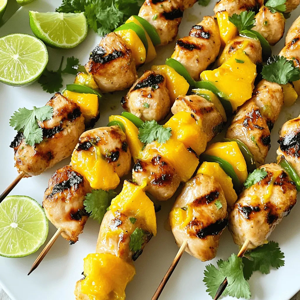 - 1 lb chicken breast, cut into 1-inch cubes - 2 ripe mangoes, pureed - Zest and juice of 2 limes For the Mango Lime Chicken Skewers, the main ingredients bring the dish to life. Chicken breasts provide a lean protein base. Ripe mangoes lend sweetness and a tropical touch. Lime zest and juice add a bright, tangy flavor that balances the sweetness of the mango. - 2 tablespoons honey - 2 tablespoons olive oil - 1 teaspoon garlic powder - 1 teaspoon ground cumin - Salt and pepper to taste The marinade is key to creating depth in the flavor. Honey adds a hint of sweetness that complements the mango. Olive oil keeps the chicken moist while adding richness. Garlic powder brings a savory note, while ground cumin offers warmth and earthiness. Salt and pepper enhance all the flavors. - Fresh cilantro, for garnish - Wooden or metal skewers Garnishing with fresh cilantro adds a pop of color and fresh taste. It brightens the dish and elevates the presentation. You can use wooden or metal skewers for holding the chicken. Just remember to soak wooden skewers in water for 30 minutes before grilling to prevent burning. By using these ingredients, you set the stage for a flavorful and vibrant meal. For the full recipe, check the link provided. First, gather your ingredients. In a large bowl, combine 2 ripe mangoes pureed, zest and juice of 2 limes, and 2 tablespoons honey. Add 2 tablespoons olive oil, 1 teaspoon garlic powder, 1 teaspoon ground cumin, along with salt and pepper to taste. Mix well until everything blends smoothly. This marinade gives the chicken a sweet and tangy flavor, making it truly special. Next, take 1 pound of chicken breast cut into 1-inch cubes. Coat these chicken cubes with the marinade you just made. Make sure each piece is fully covered. This step is key for the flavor to soak in. Cover your bowl with plastic wrap and place it in the fridge. Let the chicken marinate for at least 1 hour. If you have time, refrigerate overnight for an even better taste. Now, it’s time to grill! Preheat your grill or grill pan to medium-high heat. While it heats up, thread the marinated chicken cubes onto wooden or metal skewers. Leave a little space between each piece for even cooking. Once your grill is ready, place the skewers on it. Cook for about 10 to 12 minutes, turning occasionally. Check the chicken to make sure it’s fully cooked and has nice grill marks. After grilling, let the skewers rest for a few minutes. Garnish with chopped fresh cilantro. Enjoy your Mango Lime Chicken Skewers! For more details, check the Full Recipe. For the best flavor, marinate your chicken for at least one hour. If you have time, let it sit overnight. This longer time allows the flavors to soak in deeply. When you coat the chicken, make sure every piece gets the marinade. Use your hands or a spoon to mix it well. This helps every bite to be bursting with mango and lime. Grill your skewers at medium-high heat. This temperature creates a nice char without burning the chicken. Cook the skewers for about 10 to 12 minutes. Turn them a few times to ensure even cooking. Check the chicken for doneness by cutting a piece open. It should be white inside with no pink. Serve your skewers with fresh sides like a salad or rice. A mango salsa or a zesty yogurt dip also pairs well. For a colorful plate, arrange the skewers neatly and drizzle some extra mango puree on top. Add lime wedges for garnish to give a bright look and extra flavor. You can also sprinkle fresh cilantro for a pop of color. {{image_2}} You can switch out the chicken for shrimp or firm tofu. Shrimp cooks fast and takes on flavors well. Just marinate them the same way as chicken. Firm tofu absorbs all the good taste. Cut it into cubes and let it soak in the marinade for at least 30 minutes. Both options create a tasty dish that fits different diets. To make the dish even more exciting, add spices like chili powder or ginger. Chili powder gives a warm kick, while ginger adds a fresh touch. You can also try different fruits. Pineapple, for example, brings a sweet and tangy flavor. Just chop the fruit and mix it into your marinade. Experimenting with these flavors can lead to fun new tastes. You don’t have to stick to just chicken or shrimp. Try using veggies or other fruits on your skewers. Bell peppers, zucchini, and onions work great and add color. Fruits like pineapple or peaches can also be skewered. They caramelize beautifully on the grill. This not only makes your meal more colorful but also adds more nutrients. To store leftover mango lime chicken skewers, place them in an airtight container. This keeps them fresh. Make sure to cool them to room temperature first. Store them in the fridge for up to three days. For reheating, you can use your grill or a skillet. Heat them on medium until warm. This helps keep the chicken juicy and tasty. Avoid using a microwave, as it can make the chicken dry. Yes, you can freeze mango lime chicken skewers! This is great for meal prep. To freeze, wrap each skewer in plastic wrap. Then, place them in a freezer-safe bag. This keeps them safe from freezer burn. They can last up to three months in the freezer. When ready to eat, thaw them in the fridge overnight. This helps them defrost evenly. Then, grill or reheat as you like. In the fridge, mango lime chicken skewers last for about three days. If you freeze them, they can last for about three months. Always check for any off smell or color before eating! Proper storage ensures your meal stays safe and delicious. To marinate chicken well, use a mix of acid and fat. The acid helps to tenderize the meat. For Mango Lime Chicken Skewers, marinate for at least 1 hour. If you have time, letting it sit overnight gives better flavor. Keep the chicken in the fridge while it marinates. Yes, you can cook these skewers in the oven. Preheat your oven to 400°F. Place the skewers on a baking sheet lined with foil. Bake for about 20-25 minutes. Flip the skewers halfway through cooking for even results. This method works well if you can't grill. To check chicken doneness, look for clear juices. If the juices run clear when you cut into the chicken, it’s done. The meat should not be pink inside. You can also cut a piece in half to check. Always ensure it reaches a safe internal temperature. These skewers are great with a side of rice or a fresh salad. You can also serve them with grilled veggies. Try adding a light dipping sauce, like yogurt or a mango salsa. This adds flavor and balance to your meal. For the complete Mango Lime Chicken Skewers recipe with all details, check out the [Full Recipe]. This blog post covered making delicious Mango Lime Chicken Skewers. You learned about the key ingredients, like chicken and mangoes, and how to prepare a tasty marinade. We went through grilling tips and serving ideas to make your meal shine. You can even try different proteins or spices to mix things up. Remember to store leftovers correctly for later enjoyment. Now, you have all the tools needed to create a flavorful dish that your friends and family will love. Enjoy your cooking adventure with these tasty skewers!