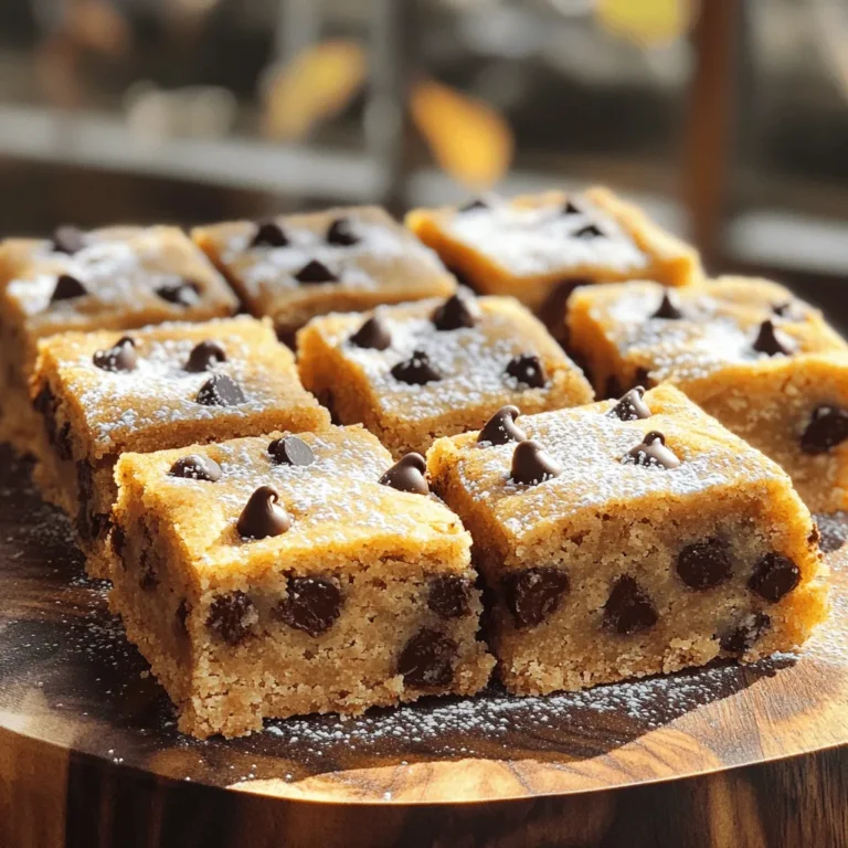 - 1 cup (2 sticks) unsalted butter, softened - 1 cup brown sugar, packed - 1/2 cup granulated sugar - 2 large eggs - 2 teaspoons vanilla extract These ingredients form the base of your cookie bars. The butter adds richness, while the sugars provide sweetness and moisture. Eggs help bind everything together, and vanilla adds that warm, sweet flavor we all love. - 3 cups all-purpose flour - 1 teaspoon baking soda - 1/2 teaspoon salt The flour gives structure to the bars. Baking soda is a leavening agent, which helps them rise and become soft. Salt enhances flavor and balances the sweetness, making each bite even better. - 2 cups chocolate chips (semi-sweet or milk chocolate) - 1/2 cup chopped walnuts or pecans (optional) Chocolate chips are the star of these bars! You can choose semi-sweet for a balanced taste or milk chocolate for a sweeter bite. If you like a little crunch, add walnuts or pecans for extra texture. Don’t forget to check the [Full Recipe] for precise measurements. - Preheat the oven to 350°F (175°C). - Grease a 9x13-inch baking dish or line it with parchment paper. Start by setting your oven. This step is key. A hot oven helps the bars rise nicely. Greasing or lining the dish makes it easy to remove the bars later. - Cream together butter, brown sugar, and granulated sugar until fluffy. Next, grab a big bowl. Add your softened butter, brown sugar, and granulated sugar. Mix them well. You want the mixture light and fluffy. This step adds air, making your bars soft. - Add eggs and vanilla extract, mix well. - Blend in dry ingredients and fold in chocolate chips and nuts. Now, it’s time for the eggs and vanilla. Add them one at a time. Mix well after each one. In another bowl, whisk the flour, baking soda, and salt. Slowly add this mix to the butter mix. Stir gently. Finally, fold in your chocolate chips and nuts. This is where the magic happens! - Spread dough in the prepared dish and bake for 25-30 minutes. - Cool before cutting into squares. Spread your dough evenly in the dish. Bake it for 25 to 30 minutes. The edges should turn golden brown. Use a toothpick to check if it’s done. After baking, let the bars cool for about 10 minutes. Then transfer them to a wire rack. Once cooled, cut them into squares. Enjoy your sweet treat or share with friends! For the full recipe, check the details above. To get the best cookie bars, measure your flour right. Too much flour makes them dry. Use a spoon to scoop the flour into your measuring cup. Level it off with a knife. This way, you get just the right amount. Also, let your butter and eggs sit out for a bit. Room temperature helps the mix blend better. It makes your bars soft and chewy. When baking, always check if your bars are done. A toothpick works great for this. Stick it in the center of the bars. If it comes out clean or with a few crumbs, they are ready. If it’s wet, give them more time. After baking, cool the bars in the pan for about ten minutes. Then move them to a wire rack. This keeps them from getting soggy. How you serve your cookie bars matters. Use a wooden platter for a nice touch. It makes your dessert look inviting. You can sprinkle powdered sugar on top for a sweet look. For extra delight, drizzle melted chocolate over the bars. This makes them even more tempting. Enjoy these tasty treats with friends and family! For the full recipe, check out the details above. {{image_2}} You can make these cookie bars gluten-free. Just swap all-purpose flour with a gluten-free flour blend. Many blends work well. Look for ones that have a good mix of flours. This will give your bars a nice texture. Follow the same recipe steps. The taste will still be amazing! If you want vegan cookie bars, it’s simple! Use vegan butter instead of regular butter. For eggs, you can use applesauce or flaxseed meal. Mix one tablespoon of flaxseed with three tablespoons of water. Let it sit for five minutes to thicken. This works as a great egg replacement. The bars will taste just as good! You can also change the flavors of your cookie bars. Try adding spices like cinnamon for a warm taste. You can also mix different types of chocolate. Dark chocolate, white chocolate, or even mint chocolate can add a fun twist. Feel free to get creative! Each variation brings a new taste to enjoy. To keep your chocolate chip cookie bars fresh, use airtight containers. You can store them at room temperature for about three days. If you want them to last longer, put them in the fridge. They will stay good there for about a week. Make sure to let them cool completely before storing. This helps keep their soft texture. Freezing cookie bars is easy and smart for longer shelf life. First, cut the bars into squares. Then, wrap each square in plastic wrap. After that, place the wrapped bars in a freezer bag. Remove as much air as possible before sealing. You can freeze them for up to three months. When you’re ready to eat, simply thaw in the fridge overnight. To reheat your cookie bars, use the oven or microwave. If using the oven, set it to 350°F (175°C). Place the bars on a baking sheet for about 5-7 minutes. This helps restore their chewy texture. If you prefer the microwave, heat for about 10-15 seconds. Watch closely so they don’t overheat. Enjoy your warm, gooey treat again! To check if your chocolate chip cookie bars are done, use a toothpick. Insert it into the center of the bars. If it comes out clean or with a few moist crumbs, they are ready. You can also look at the edges. They should be golden brown. The center may still look soft but will set as it cools. Remember, it's better to slightly underbake than to overbake. This keeps them chewy and soft. Yes, you can substitute some ingredients in this recipe. If you don't have brown sugar, you can use white sugar instead. It will change the flavor, but the bars will still taste good. You can also swap out the butter for coconut oil. This gives a nice flavor and makes them dairy-free. If you want a gluten-free option, use a gluten-free flour blend. Just keep in mind that the texture may vary slightly. To make your chocolate chip cookie bars even more delicious, try adding extra treats. You can mix in caramel bits for a sweet surprise. Chopped candy bars like Snickers or Reese's can add fun flavors. You can also use flavored chips, like butterscotch or peanut butter chips, for variety. Experiment with different nuts or dried fruit for more texture. These additions make the bars unique and tasty! To make delicious chocolate chip cookie bars, we focused on key ingredients, mixing steps, and storage tips. By using simple methods and variations, anyone can create their perfect treat. Remember, measuring flour right and cooling your bars properly are essential for success. Whether you prefer classic, gluten-free, or vegan options, the enjoyment of baking is universal. Follow these steps and tips for tasty results every time. You’ll impress friends and family with your skills!
