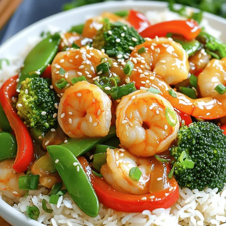 - 1 lb (450g) large shrimp, peeled and deveined - 2 tablespoons honey - 3 cloves garlic, minced - 1-inch piece ginger, grated - 1 red bell pepper, sliced - 1 cup broccoli florets - 1 cup snap peas I love using fresh shrimp in this dish. They add a sweet and juicy taste. The honey gives a rich flavor. It balances well with the sharpness of garlic and ginger. The red bell pepper adds crunch and color. Broccoli and snap peas bring a nice, fresh texture. - 3 tablespoons soy sauce (low sodium preferred) - 2 tablespoons vegetable oil - 1 tablespoon sesame oil The sauce is key to this stir-fry. Soy sauce adds depth and saltiness. Mixing it with honey creates a perfect blend. Garlic and ginger boost the flavor. The oils help everything cook nicely and add a rich taste. - Sesame seeds - Green onions Garnishing is fun! I like to sprinkle sesame seeds on top. They add a nutty crunch. Chopped green onions give a fresh bite. These small touches make the dish pop on the plate. For the full recipe, check out the Honey Garlic Shrimp Stir-Fry details. To start, you will mix honey, soy sauce, minced garlic, and grated ginger. This sauce gives the shrimp a sweet and savory flavor. I like to use a small bowl to keep it tidy. Make sure to stir it well until everything blends. Set this sauce aside for later. Now, heat vegetable oil in a large skillet over medium-high heat. When the oil is hot, add the shrimp. Cook them for about 2-3 minutes on one side. When they turn pink, flip them over. Cook for another 2 minutes until they are fully done. Remove the shrimp from the skillet and set them aside. In the same skillet, add the sliced red bell pepper, broccoli florets, and snap peas. Stir-fry these veggies for about 3-4 minutes. You want them to be tender-crisp. This keeps their bright colors and fresh taste. Return the cooked shrimp to the skillet. Pour the honey garlic sauce over everything. Toss it all together until the shrimp and veggies are coated. Let it cook for another 1-2 minutes to heat through. Drizzle sesame oil on top for a nice finish. Give it another toss, then serve hot. You can enjoy it over jasmine rice or mix it into noodles. Check the Full Recipe for more details! To get the best taste from honey garlic shrimp stir-fry, balance is key. Use equal parts honey and soy sauce. This mix brings out the sweetness and saltiness. If you want it sweeter, add more honey. For a saltier kick, add more soy sauce. Always taste your sauce first. Adjust it to suit your taste. This simple method makes your dish shine. Stir-frying is quick and keeps shrimp tender. Heat your pan before adding oil. Use medium-high heat for the best results. Cook the shrimp for just 2-3 minutes on each side. This keeps them juicy and not rubbery. When you add veggies, stir-fry them until they are bright and crisp. This method gives you a great texture and flavor. Serving your dish well makes it look tasty. Use a large bowl or plate for your stir-fry. The colorful veggies and shrimp make it pop. Add sesame seeds and chopped green onions on top for flair. This little touch makes your dish look gourmet. Pair it with jasmine rice or noodles for a full meal. For the full recipe, check out the complete instructions. {{image_2}} You can easily swap out veggies to suit your taste. Here are some ideas: - Use bell peppers in different colors for extra sweetness. - Carrots add crunch and color. - Zucchini slices cook quickly and soak up flavor. - Green beans provide a nice, crisp bite. - Mushrooms bring earthiness and depth to the dish. If you want to change the protein, here are some options: - Chicken works well. Just cut it into small pieces. - Tofu is a great choice for a plant-based meal. - Beef adds a hearty twist. Use thin strips for quick cooking. - You can mix proteins, like shrimp and chicken, for variety. Want to give your stir-fry a twist? Try these ideas: - Add a pinch of red pepper flakes for heat. - Squeeze fresh lime juice for a bright taste. - Toss in some chopped fresh herbs like cilantro or basil. - Use sesame seeds for added crunch and flavor. - A splash of rice vinegar can balance sweetness with acidity. These variations let you create a Honey Garlic Shrimp Stir-Fry that feels new each time. Check out the Full Recipe to explore more options! After making Honey Garlic Shrimp Stir-Fry, let it cool down. Place leftovers in an airtight container. Store in the fridge for up to three days. This keeps the shrimp and veggies fresh. When you're ready to eat, just take it out. If you want to save some for later, freezing works great. First, let the dish cool completely. Then, transfer it to a freezer-safe container. Make sure to seal it tightly. You can store it in the freezer for up to three months. When you are ready for a quick meal, just thaw it overnight in the fridge. To reheat, you can use a microwave or a skillet. If you choose the microwave, heat in short bursts. Stir in between to avoid hot spots. For a skillet, add a splash of water or broth. Heat over medium until warmed through. This will help keep the shrimp tender and the veggies crisp. Yes, you can use frozen shrimp. To use them, start by thawing the shrimp. Place them in the fridge overnight or put them in a bowl of cold water for about 30 minutes. Once thawed, pat them dry with a paper towel. This will help them sear properly in the pan. Cook the shrimp as directed in the recipe, keeping an eye on the time, as frozen shrimp may need a minute more to cook fully. To add heat to your Honey Garlic Shrimp Stir-Fry, try these tips: - Add red pepper flakes to the sauce for a subtle kick. - Mix in Sriracha or chili paste for a stronger flavor. - Use fresh chopped chili peppers, like jalapeños or serranos, in the stir-fry. Adjust the spice level to your liking, and remember, you can always add more! This dish pairs well with: - Cooked jasmine rice for a fluffy base. - Noodles for a hearty option. - Steamed vegetables for extra crunch. These sides complement the shrimp’s sweet and savory flavors perfectly. For the complete Honey Garlic Shrimp Stir-Fry recipe, check out the [Full Recipe](#) link. In this blog post, I shared the secrets behind a delicious Honey Garlic Shrimp Stir-Fry. You'll find main ingredients like honey, shrimp, and fresh veggies. I provided clear steps for preparing the sauce, cooking shrimp, and stir-frying vegetables. I also included handy tips, variations, and storage advice. I hope you feel confident to try this simple dish. Enjoy experimenting with flavors and make it your own! Cooking should be fun and satisfying.