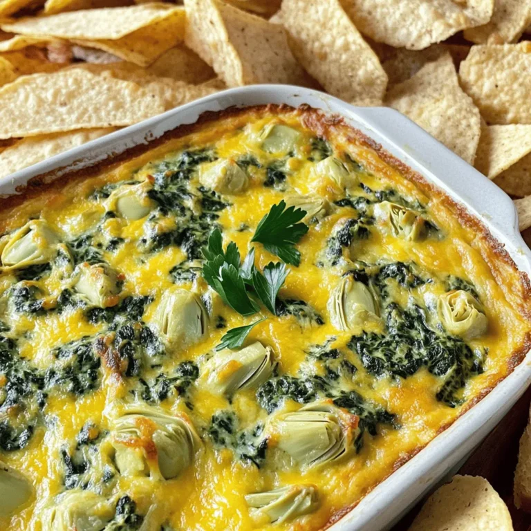 For the best Cheesy Spinach and Artichoke Dip, gather these ingredients: - 1 cup fresh spinach, chopped - 1 cup canned artichoke hearts, drained and chopped - 1 cup cream cheese, softened - 1/2 cup sour cream - 1 cup shredded mozzarella cheese - 1/2 cup grated Parmesan cheese - 1 garlic clove, minced - 1 teaspoon lemon juice - 1/2 teaspoon crushed red pepper flakes (optional) - Salt and pepper to taste - Tortilla chips or toasted baguette slices for serving These ingredients work together to create a rich and creamy dip. The fresh spinach gives it color and nutrients. The artichoke hearts add a unique flavor and texture. Cream cheese and sour cream make it creamy and smooth. The mozzarella and Parmesan cheeses provide that cheesy goodness we crave. Adding garlic and lemon juice boosts the flavor, while crushed red pepper gives it a hint of spice. You can find the full recipe in the earlier section. As you prepare this dip, use fresh ingredients for the best taste and texture. - Preheat your oven to 350°F (175°C). - In a medium bowl, mix the cream cheese, sour cream, mozzarella, and Parmesan. Blend until smooth. - Stir in the chopped spinach and drained artichoke hearts. - Add the minced garlic, lemon juice, and crushed red pepper flakes (if using). - Season with salt and pepper to taste. - Transfer the dip mixture into a baking dish. Spread it evenly. - Bake in the preheated oven for 25-30 minutes. Look for a bubbly and slightly golden top. - After baking, remove the dip from the oven. - Let it cool for a few minutes before serving. - Serve warm with tortilla chips or toasted baguette slices. Enjoy every creamy bite! For the full recipe, refer to the section above. To get the perfect creaminess, use softened cream cheese. This helps blend smoothly with the other ingredients. Always mix the cheeses well to avoid lumps. If you like a little zest, add lemon juice. It brightens the flavors. The temperature of your ingredients matters. For best results, keep cream cheese and sour cream at room temperature before mixing. Cold ingredients can create a lumpy dip. The best chips for this dip are sturdy tortilla chips. They hold up well and add a nice crunch. Toasted baguette slices also work great. They give a nice touch and soak up the dip well. For a pretty presentation, arrange the chips or slices around the dip. You can add a sprinkle of fresh parsley on top for color. A few artichoke leaves can also make it look fancy. One common mistake is overmixing the ingredients. This can make the dip too soft. Mix just until combined for a thicker texture. Another mistake is not seasoning enough. Always taste your dip before baking. Add salt and pepper to enhance the flavors. This extra step makes a big difference in your final dish. For the full recipe, check out the complete list of ingredients and instructions. {{image_2}} You can switch up the cheese in your dip. Cheddar adds a sharp taste. Feta gives a salty kick. For those who prefer dairy-free options, try vegan cream cheese or nut-based cheeses. They melt well and taste great. Herbs and spices can elevate your dip. Try adding garlic powder or onion powder for more depth. Fresh herbs like basil or parsley can brighten the flavor. You can also mix in sautéed mushrooms or roasted red peppers for added texture and taste. Chips and baguette are classic choices, but there are more! Try fresh veggies like carrots or bell peppers for a crunchy dipper. You can even spoon the dip over grilled chicken or baked potatoes to make it a meal. This dish is versatile and fun! Check out the Full Recipe for more ideas. To keep your Cheesy Spinach and Artichoke Dip fresh, store leftovers in the fridge. Place the dip in an airtight container. This will help maintain its flavor and texture. If you do not have an airtight container, use plastic wrap. Press it tightly against the dip before sealing. When you're ready to enjoy your dip again, you can reheat it using several methods. The best way is to use the oven. Preheat it to 350°F (175°C) and place the dip in an oven-safe dish. Heat for about 15 minutes or until warm. You can also use the microwave. Heat in short bursts of 30 seconds, stirring in between. This prevents the dip from becoming too hot. To keep the texture nice, avoid overheating. Yes, you can freeze Cheesy Spinach and Artichoke Dip! To do this, let the dip cool completely. Transfer it to a freezer-safe container. Make sure to leave some space at the top for expansion. When you want to eat it, move the dip to the fridge overnight to thaw. After thawing, reheat it in the oven or microwave as described above. Enjoy the creamy goodness of your dip even after freezing! For the full recipe, refer back to the earlier section. How long does it take to make Cheesy Spinach and Artichoke Dip? Making this dip takes about 40 minutes. You spend 10 minutes prepping and 30 minutes baking. Can I use frozen spinach instead of fresh? Yes, you can use frozen spinach. Just make sure to thaw and drain it well. This will help keep the dip from getting watery. What dipping options do you recommend? I love serving this dip with tortilla chips or toasted baguette slices. You can also use veggie sticks like carrots and celery for a fresh crunch. Can I make this dip ahead of time? Absolutely! You can prepare the dip, place it in a baking dish, and cover it. Store it in the fridge for up to two days. When you're ready, bake it as normal. What should I do if it’s too thick/soupy? If your dip is too thick, add a splash of milk or cream cheese. If it’s too soupy, bake it a bit longer to help it thicken. Is this dip vegetarian-friendly? Yes, this dip is vegetarian-friendly. It contains no meat, just cheese and veggies. Can this dish be made lower in calories? Yes! You can use reduced-fat cream cheese and sour cream. This keeps the taste while cutting calories. For more ideas, check the Full Recipe. You learned how to make a delicious Cheesy Spinach and Artichoke Dip. We covered the ingredients, step-by-step instructions, and some useful tips. Remember, mixing the right ingredients and seasoning well is key. Explore variations to make this dish your own. Store any leftovers properly for later enjoyment. Whether it's a party or a quiet night, this dip will impress and satisfy. Enjoy your cooking adventure!