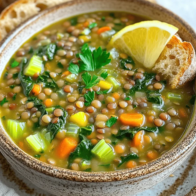 To make a tasty lentil soup with spinach, you need a few simple items. Here’s what you will need: - 1 cup brown or green lentils, rinsed and drained - 1 medium onion, diced - 2 cloves garlic, minced - 2 medium carrots, chopped - 2 celery stalks, chopped - 6 cups vegetable broth - 4 cups fresh spinach, washed and chopped - 1 teaspoon ground cumin - 1 teaspoon paprika - 1 bay leaf - 2 tablespoons olive oil - Salt and pepper to taste - Juice of 1 lemon (for brightness) - Fresh parsley for garnish These ingredients create a warm, healthy meal. Lentils offer fiber, while spinach adds vitamins. The spices make this soup flavorful, and the lemon juice brightens everything up. You can find the full recipe in the section above. Enjoy cooking! 1. In a large pot, heat 2 tablespoons of olive oil over medium heat. 2. Add 1 diced onion and sauté for about 5 minutes. It should turn soft and clear. 3. Next, stir in 2 minced garlic cloves, 2 chopped carrots, and 2 chopped celery stalks. 4. Keep cooking for another 5 to 7 minutes until the veggies begin to soften. 1. Now, add 1 cup of rinsed lentils, 1 teaspoon of ground cumin, 1 teaspoon of paprika, and 1 bay leaf. 2. Mix everything well. 3. Pour in 6 cups of vegetable broth, then bring it to a boil. 4. Once boiling, lower the heat to a simmer and cover the pot. 5. Let it cook for about 25 to 30 minutes until the lentils become tender. 1. Remove the bay leaf from the pot. 2. Add 4 cups of washed and chopped spinach to the soup. 3. Cook for an additional 5 minutes until the spinach wilts down. 4. Season the soup with salt, pepper, and the juice of 1 lemon. 5. Stir well to mix all the flavors. 6. Ladle the soup into bowls and garnish with fresh parsley before serving. This recipe is easy and full of flavor. For the full recipe, check out the lively Lentil Spinach Soup. To cook lentils perfectly, rinse them first. This helps remove dirt and dust. Use water in a pot with a lid. Bring it to a boil, then lower the heat. Cook them until they are tender, about 20 to 30 minutes. Check for doneness by tasting a few. If you want a creamier soup, mash some lentils with a fork. If you want to replace vegetable broth, you can use water or chicken broth. For a richer flavor, add a bit of soy sauce or miso. This adds depth without making it too salty. Adding herbs and spices makes your soup shine. Fresh thyme or bay leaves work great. For a kick, try adding a pinch of red pepper flakes. This adds warmth without being too hot. To balance acidity, use lemon juice or a splash of vinegar. This brightens the flavors. If your soup tastes flat, add a bit more lemon or vinegar. It can transform the dish. Serve the soup in warm bowls to keep it hot. Garnish with fresh parsley for a pop of color. It makes the dish look inviting. Pair it with crusty bread for dipping. A slice of sourdough or baguette is perfect. Don’t forget a wedge of lemon on the side. It adds a fresh touch and enhances the flavor. For the full recipe, check out the detailed steps above. {{image_2}} You can boost the protein in your lentil soup easily. One great way is to add cooked chicken or sausage. Just chop them into bite-sized pieces and stir them in during the last few minutes of cooking. This adds flavor and makes your soup more filling. You can also add beans, like chickpeas or kidney beans. They give extra texture and protein. Just rinse them and mix them into the soup when you add the lentils. Feel free to swap in different veggies for variety. You can use zucchini, bell peppers, or even sweet potatoes. Just chop them small and add them when you add the other vegetables. This keeps the cooking time the same. Think about the seasons, too. In summer, fresh corn or tomatoes work great. In fall, try pumpkin or squash. These changes keep your soup fresh and exciting. If you want to make the soup vegan, just skip the chicken and use vegetable broth. It will still taste rich and satisfying. For a gluten-free option, make sure your broth is labeled gluten-free. You can also lower the sodium by using low-sodium broth and cutting back on salt. This way, everyone can enjoy the soup without worry. You can find the Full Recipe to get started. To store leftovers, let the soup cool first. Use an airtight container for best results. This soup stays fresh in the fridge for about 4-5 days. Just reheat it on the stove or in the microwave before serving. For longer storage, freezing is a great option. Let the soup cool completely, then pour it into freezer-safe bags or containers. Remove as much air as possible to avoid freezer burn. This soup can last up to 3 months in the freezer. To thaw, move the soup to the fridge overnight. For quick thawing, place the bag in cold water. Reheat on the stove over low heat or in the microwave until hot. You can get creative with leftover soup. Try serving it over cooked rice or quinoa for a filling meal. You can blend it for a creamy dip or sauce, too. Add leftover soup to a veggie stir-fry for a flavor boost. The options are endless! How do I thicken Lentil Soup with Spinach? You can thicken your soup easily. One way is to mash some lentils. Use a fork or potato masher to crush a few lentils in the pot. This adds a nice creamy texture. You can also add a bit of cornstarch mixed with water. Stir it in and let it cook for a few minutes. Can I substitute dried lentils with canned? Yes, you can use canned lentils. Drain and rinse them first. Add them later in the cooking process. This way, they won’t become too soft. Use them in the last 10 minutes of cooking for best results. Is this soup healthy? Yes, this soup is healthy! Lentils are rich in protein and fiber. They help keep you full and satisfied. Spinach adds vitamins like A and C. It also has iron and calcium. This soup is low in fat, making it a great choice. What are the benefits of lentils and spinach? Lentils are a superfood. They support heart health and help with digestion. Spinach is great for your skin and eyes. It helps boost your immune system. Together, they make a powerful, nutritious meal. Can I cut down the cooking time? To save time, soak your lentils before cooking. Soaking them for an hour can cut cooking time by about 10 minutes. You can also chop your veggies smaller for quicker cooking. What is the best way to cook lentils evenly? Cooking lentils evenly is easy. Use a large pot with enough broth. Stir them occasionally while they cook. This keeps them from sticking and helps them cook at the same rate. This soup is packed with flavor and nutrition. You learned about the key ingredients and how to prepare them. I shared helpful tips for storing and enhancing your soup. You can customize it to fit your taste and dietary needs. Don’t forget, making changes can make this soup your own. Enjoy your cooking and share it with friends or family. This dish brings warmth and joy to any table.