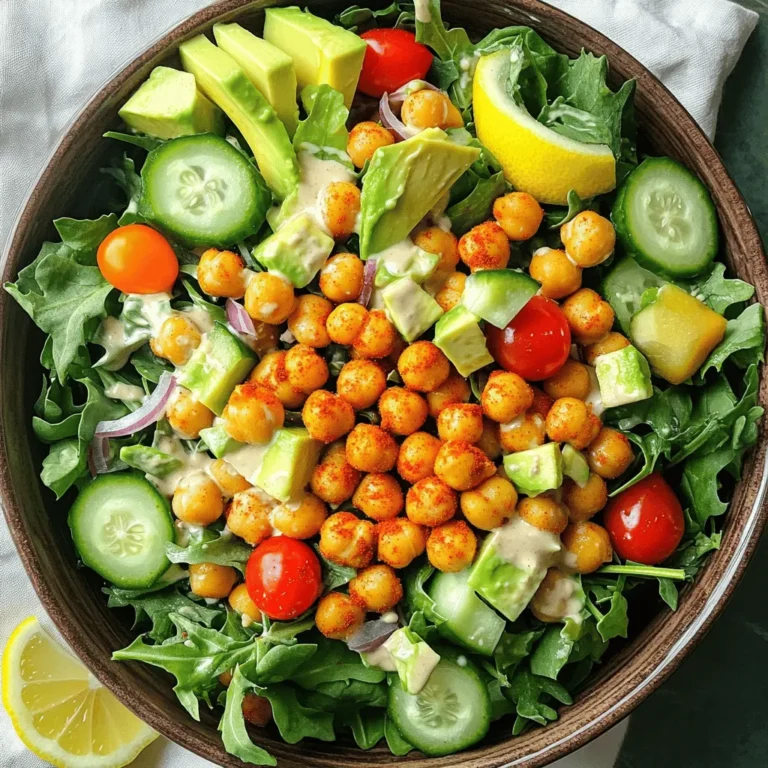 - 1 can (15 oz) chickpeas, drained and rinsed - 5 cups mixed greens (arugula, spinach, and kale) - 1 small cucumber, diced - 1 cup cherry tomatoes, halved - 1/2 red bell pepper, diced - 1/4 red onion, finely chopped - 1 avocado, diced - Juice of 1 lemon - 2 tablespoons olive oil - 1 teaspoon smoked paprika - 1 teaspoon cumin - Salt and black pepper, to taste - 2 tablespoons tahini - 1 tablespoon honey (or maple syrup for a vegan option) - Each serving has around 300 calories - Contains about 40g of carbs, 10g of protein, and 15g of fat - Chickpeas are high in fiber and protein, great for your health When I make this salad, I love how easy it is to prep. You start with chickpeas, which are packed with protein and fiber. I always rinse them well. This step helps remove extra sodium from the can. Then, I mix in fresh greens. The blend of arugula, spinach, and kale gives a nice crunch. I choose colorful veggies. Diced cucumbers add crispness, while cherry tomatoes bring sweetness. The red bell pepper and onion add depth. Don't forget the avocado; it makes everything creamy. Finally, I squeeze fresh lemon juice to brighten the flavors. The dressing is key for taste. I use olive oil, tahini, honey, and spices for a rich flavor. Smoked paprika and cumin give a warm, smoky taste. Salt and black pepper balance it all. You can find the full recipe in the section above. Eating this salad feels fresh and lively. It's a great meal on its own or as a side. You can also add proteins like grilled chicken or chickpeas for a heartier dish. Enjoy this colorful and healthy salad whenever you need a quick, tasty meal! 1. Preheating the oven Start by preheating your oven to 400°F (200°C). This temperature is perfect for roasting chickpeas until they are crispy. 2. Drying and seasoning the chickpeas Open a can of chickpeas and drain them. Rinse them well under cold water. Next, spread the chickpeas on a baking sheet and pat them dry with paper towels. This step is key for crispiness. Drizzle 2 tablespoons of olive oil over the chickpeas. Then, add 1 teaspoon of smoked paprika, 1 teaspoon of cumin, and some salt and black pepper to taste. Toss everything together until the chickpeas are well coated. 3. Roasting process Place the seasoned chickpeas in the oven. Roast them for 25-30 minutes. Shake the pan halfway through to help them roast evenly. When they turn golden brown and crispy, they are ready. 1. Preparing the salad base with mixed greens and vegetables While the chickpeas roast, grab a large bowl. Add 5 cups of mixed greens like arugula, spinach, and kale. Dice 1 small cucumber and halve 1 cup of cherry tomatoes. Also, dice 1/2 red bell pepper and finely chop 1/4 red onion. Toss these veggies into the bowl with the greens. 2. Making the tahini dressing In a small bowl, whisk together the juice of 1 lemon, 2 tablespoons of tahini, and 1 tablespoon of honey (or maple syrup for a vegan option). If the dressing is too thick, add a splash of water to thin it out. Keep whisking until it’s smooth. 1. Adding roasted chickpeas to the salad Once the chickpeas are done, let them cool for a few minutes. Then, add them to the salad bowl. 2. Tossing the salad and serving suggestions Top the salad with 1 diced avocado. Drizzle the tahini dressing over everything. Gently toss the salad to mix all the flavors together. You can serve it right away or chill it for 10-15 minutes to let the flavors blend. Enjoy your Crispy Chickpea Salad! For more details, check out the Full Recipe. To get crispy chickpeas, start by drying them well. After rinsing, use paper towels to remove moisture. This step helps them roast better. Next, adjust the roasting time based on your oven. If you like extra crunch, roast them a bit longer. Aim for a golden color. Keep an eye on them to avoid burning. Spices can elevate your salad. Consider adding garlic powder or cayenne for heat. Fresh herbs like parsley or cilantro can add freshness. If you want to switch up the dressing, try a yogurt-based one or a balsamic vinaigrette. These alternatives can bring new life to your salad. A beautiful salad is all about how you serve it. Use a large bowl to show off the colors. You can also serve it on individual plates for a fancy touch. For garnish, sprinkle sesame seeds or add lemon wedges. These small touches make your salad look even more appealing. {{image_2}} You can swap chickpeas for other beans. Black beans or kidney beans work well. They add a unique taste and texture. If you want a different legume, try lentils. For veggies, mix up the greens. You can use romaine or even cabbage. Both will give your salad a crunch. Want more color? Try adding shredded carrots or radishes. To spice things up, add some red pepper flakes or jalapeños. They bring heat and excitement. Alternatively, a splash of vinegar can add tang. Try apple cider vinegar or balsamic vinegar for a twist. Seasonal ingredients are fun, too! In summer, add fresh corn or peaches. In fall, consider roasted butternut squash. Each season brings its own flavors. If you're vegan, use maple syrup instead of honey. It gives the dressing a sweet kick. This small change makes the salad friendly for all diets. For gluten-free eaters, this salad is perfect! All the ingredients are naturally gluten-free. Enjoy this fresh dish without worry. To keep your crispy chickpea salad fresh, use an airtight container. This helps prevent air from making the salad soggy. If possible, store the dressing separate from the salad. This keeps the greens crisp. You can also wrap the salad in plastic wrap if you don't have a container. Just ensure it is well-sealed to keep moisture out. You can eat leftover salad cold, but if you want to heat it, do it gently. Use a skillet over low heat. Add a splash of water to prevent sticking. Stir often to keep everything warm without making it mushy. Avoid the microwave as it can make the chickpeas soggy. The salad will last about 2-3 days in the fridge if stored properly. The dressing can last up to a week. Always check for signs of spoilage. If the salad smells off or the greens look wilted, it’s best to throw it away. Freshness is key for a tasty meal! Yes, you can make this salad ahead of time. Prepping it in advance helps save time. It also allows the flavors to blend better. Store the salad in an airtight container. Keep the crispy chickpeas separate until serving. This keeps them crunchy. You can prepare the dressing too. Store it in a small jar in the fridge. Chickpeas are packed with nutrients. They are high in protein and fiber. This helps keep you full longer. One cup of chickpeas has about 15 grams of protein. They also have essential vitamins and minerals. Chickpeas can aid in digestion and support heart health. Eating them can help stabilize blood sugar levels too. To make this salad more filling, add protein or grains. You can mix in cooked quinoa or farro. These grains add texture and nutrients. Grilled chicken or tofu also works well. If you like, add some nuts or seeds for crunch. Each option boosts the nutrition and keeps you satisfied. Check the Full Recipe for more ideas! This crispy chickpea salad is a simple and tasty way to eat healthy. You learned about key ingredients, step-by-step instructions, and tips for the best flavors. Plus, we explored variations and smart storage tips. Enjoy this salad fresh or save leftovers for later. Feel free to mix it up with your favorite flavors. Eating well can be fun and easy. Happy cooking!