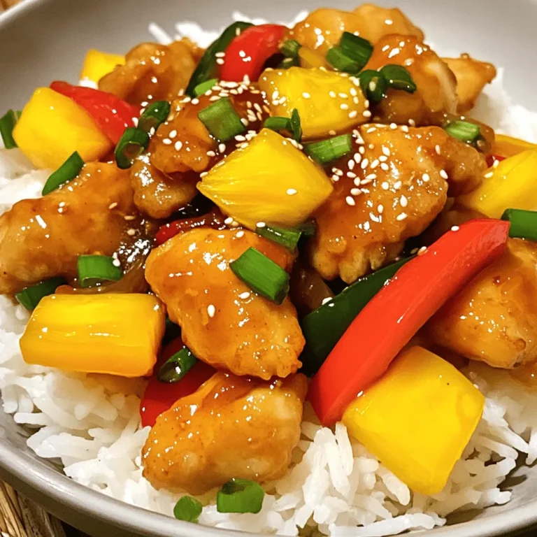- 1 lb chicken breast, cut into bite-sized pieces - 1 cup cornstarch - 2 eggs, beaten - 1 cup bell peppers, chopped - 1 cup onion, chopped - 3 cloves garlic, minced - 1 cup pineapple chunks - 1/2 cup ketchup - 1/4 cup apple cider vinegar - 1/4 cup brown sugar - 2 tablespoons soy sauce - 1 tablespoon cornstarch mixed with 2 tablespoons water - Salt and pepper - Oil for frying Gather these ingredients to start your crispy sweet and sour chicken. Each component plays a key role. The chicken breast provides protein. Cornstarch gives that nice crunch. Eggs help the coating stick well. Fresh vegetables add color and taste. Pineapple brings the sweet and tangy flavor. For the sauce, ketchup is the base. Apple cider vinegar adds a bit of zing. Brown sugar balances the acidity. Soy sauce offers depth. Lastly, cornstarch thickens the sauce to coat everything perfectly. Make sure to have salt and pepper for seasoning. You’ll need cooking oil for frying. This meal is easy and packed with flavor. When you combine these ingredients, you get a dish that's bright, tasty, and fun to eat. For the full recipe, check out the detailed instructions to bring this dish to life! Start by seasoning the chicken breast pieces with salt and pepper. This step adds flavor right at the start. Next, coat each piece in cornstarch. The cornstarch helps create a crispy texture when frying. After shaking off the excess, dip the chicken into beaten eggs. This egg wash helps the cornstarch stick better, giving you that crunchy bite you want. Heat oil in a large skillet over medium-high heat. You need the oil hot for the best frying results. Add the chicken pieces in batches. Fry them for about 4-5 minutes on each side until they turn golden brown. Don't crowd the pan; this ensures even cooking. Once done, drain the chicken on paper towels to remove excess oil. In the same pan, lower the heat to medium. Add chopped onion and bell peppers. Sauté these for about 3-4 minutes until they start to soften. Timing is key here. Add minced garlic last, cooking for just one more minute. This keeps the garlic fragrant and bright. In a separate bowl, mix ketchup, apple cider vinegar, brown sugar, and soy sauce. Pour this mixture over the sautéed vegetables. Stir it all together well. This step combines flavors for a balanced sweet and sour sauce. Bring the sauce to a gentle simmer. Add pineapple chunks and the cornstarch slurry next. The slurry is made by mixing cornstarch with water. Stir well and let it thicken for about 2-3 minutes. This creates a nice coating for your chicken. Finally, add the crispy chicken back into the pan. Toss everything gently to coat the chicken in the sweet and sour sauce. This step ensures every piece is flavorful. For a great presentation, serve your crispy sweet and sour chicken over white rice or quinoa. A sprinkle of sesame seeds and green onions on top makes it look beautiful. For the full recipe, check out the details for each step and ingredient! To get that perfect crunch, use these tips: - Best frying practices: Heat the oil to 350°F. This keeps the chicken crispy. - Tips for double frying: Fry chicken pieces once until golden. Let them cool, then fry again for extra crispiness. This method is key for that crunch you crave. Want to kick up the flavor? Here are some ideas: - Suggestions for additional spices: Add garlic powder or paprika for extra taste. You can also try crushed red pepper for heat. - Substitutions for a personal touch: Swap bell peppers for snap peas or carrots. Use fresh ginger instead of garlic for a different twist. Using the right tools makes a big difference: - Ideal pans and utensils for this recipe: A deep skillet or wok works best. Use tongs for turning the chicken easily. - Importance of using a thermometer: A cooking thermometer helps to check the oil temperature. This ensures your chicken fries perfectly and doesn’t absorb too much oil. For more details, check out the Full Recipe. {{image_2}} You can make this dish gluten-free by swapping soy sauce with tamari. Tamari works great and keeps the flavor. For a paleo or keto version, replace the sugar with a low-carb sweetener. Use coconut aminos instead of soy sauce for a healthier twist. If you want to change the protein, try using tofu or shrimp. Tofu absorbs flavors well and is a great choice for a meatless option. Shrimp cooks quickly and adds a nice touch to the dish. You can also switch up the vegetables. Try using broccoli, snap peas, or carrots for a different crunch. The sauce is where you can get creative. Instead of apple cider vinegar, use orange juice for a fruity twist. You can also add pineapple juice for the sauce. Adjust the sweetness by adding more or less brown sugar. This lets you control the taste to match your preferences. For the full recipe, check out the detailed steps above. Enjoy making this dish your own! To keep your crispy sweet and sour chicken fresh, store it in an airtight container. This method helps maintain its flavor and texture. It is best to refrigerate it within two hours after cooking. The chicken will stay good in the fridge for about three to four days. Always check for any off smells or changes in texture before eating leftovers. If you want to keep this dish longer, freezing is a great option. First, let the chicken cool completely. Then, place it in a freezer-safe container or a heavy-duty freezer bag. Remove as much air as possible to prevent freezer burn. This dish can last in the freezer for up to three months. When you are ready to eat it, thaw it in the fridge overnight for the best results. To ensure your chicken stays crispy, reheating it in a skillet is the best method. Heat a little oil in the pan over medium heat. Add the chicken and cook for about 5 minutes, flipping it often. If you prefer using a microwave, place the chicken on a plate and cover it with a paper towel. Heat in 30-second intervals, checking often. However, the microwave may not keep the chicken as crispy as the skillet method. Enjoy your meal with a fresh crunch! Yes, you can prep some parts in advance. Here are some tips: - Marinate chicken: Season and coat the chicken pieces the night before. - Chop veggies: Cut your bell peppers, onions, and garlic to save time. - Make the sauce: Combine ketchup, vinegar, sugar, and soy sauce in advance. This dish pairs well with many sides. Here are my favorites: - Steamed rice: White or brown rice soaks up the sauce. - Quinoa: A healthy and tasty alternative to rice. - Stir-fried veggies: Add color and crunch with broccoli or snap peas. Yes, this recipe is great for meal prep. Here’s a quick breakdown: - Servings: The recipe makes about four servings. - Storage: Store in airtight containers in the fridge for up to three days. - Reheating: Reheat gently to keep the chicken crispy. Want some heat? Here are my suggestions: - Add chili flakes: Sprinkle these in the sauce for an extra kick. - Use hot sauce: Mix your favorite hot sauce into the sauce. - Fresh peppers: Toss in chopped jalapeños or serranos for fresh heat. For the full recipe, check out the earlier section! This blog post covered all you need for Crispy Sweet and Sour Chicken. We discussed key ingredients, detailed instructions, and tips for the best results. I shared ways to customize the dish to fit your taste and dietary needs. Remember to focus on crispiness and flavor balance. With practice, you can master this delightful recipe. Enjoy making it your own, and happy cooking!