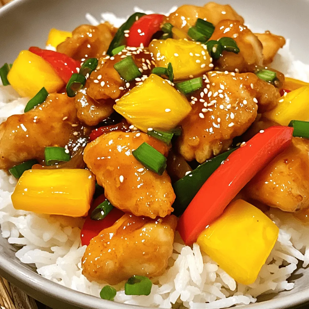 - 1 lb chicken breast, cut into bite-sized pieces - 1 cup cornstarch - 2 eggs, beaten - 1 cup bell peppers, chopped - 1 cup onion, chopped - 3 cloves garlic, minced - 1 cup pineapple chunks - 1/2 cup ketchup - 1/4 cup apple cider vinegar - 1/4 cup brown sugar - 2 tablespoons soy sauce - 1 tablespoon cornstarch mixed with 2 tablespoons water - Salt and pepper - Oil for frying Gather these ingredients to start your crispy sweet and sour chicken. Each component plays a key role. The chicken breast provides protein. Cornstarch gives that nice crunch. Eggs help the coating stick well. Fresh vegetables add color and taste. Pineapple brings the sweet and tangy flavor. For the sauce, ketchup is the base. Apple cider vinegar adds a bit of zing. Brown sugar balances the acidity. Soy sauce offers depth. Lastly, cornstarch thickens the sauce to coat everything perfectly. Make sure to have salt and pepper for seasoning. You’ll need cooking oil for frying. This meal is easy and packed with flavor. When you combine these ingredients, you get a dish that's bright, tasty, and fun to eat. For the full recipe, check out the detailed instructions to bring this dish to life! Start by seasoning the chicken breast pieces with salt and pepper. This step adds flavor right at the start. Next, coat each piece in cornstarch. The cornstarch helps create a crispy texture when frying. After shaking off the excess, dip the chicken into beaten eggs. This egg wash helps the cornstarch stick better, giving you that crunchy bite you want. Heat oil in a large skillet over medium-high heat. You need the oil hot for the best frying results. Add the chicken pieces in batches. Fry them for about 4-5 minutes on each side until they turn golden brown. Don't crowd the pan; this ensures even cooking. Once done, drain the chicken on paper towels to remove excess oil. In the same pan, lower the heat to medium. Add chopped onion and bell peppers. Sauté these for about 3-4 minutes until they start to soften. Timing is key here. Add minced garlic last, cooking for just one more minute. This keeps the garlic fragrant and bright. In a separate bowl, mix ketchup, apple cider vinegar, brown sugar, and soy sauce. Pour this mixture over the sautéed vegetables. Stir it all together well. This step combines flavors for a balanced sweet and sour sauce. Bring the sauce to a gentle simmer. Add pineapple chunks and the cornstarch slurry next. The slurry is made by mixing cornstarch with water. Stir well and let it thicken for about 2-3 minutes. This creates a nice coating for your chicken. Finally, add the crispy chicken back into the pan. Toss everything gently to coat the chicken in the sweet and sour sauce. This step ensures every piece is flavorful. For a great presentation, serve your crispy sweet and sour chicken over white rice or quinoa. A sprinkle of sesame seeds and green onions on top makes it look beautiful. For the full recipe, check out the details for each step and ingredient! To get that perfect crunch, use these tips: - Best frying practices: Heat the oil to 350°F. This keeps the chicken crispy. - Tips for double frying: Fry chicken pieces once until golden. Let them cool, then fry again for extra crispiness. This method is key for that crunch you crave. Want to kick up the flavor? Here are some ideas: - Suggestions for additional spices: Add garlic powder or paprika for extra taste. You can also try crushed red pepper for heat. - Substitutions for a personal touch: Swap bell peppers for snap peas or carrots. Use fresh ginger instead of garlic for a different twist. Using the right tools makes a big difference: - Ideal pans and utensils for this recipe: A deep skillet or wok works best. Use tongs for turning the chicken easily. - Importance of using a thermometer: A cooking thermometer helps to check the oil temperature. This ensures your chicken fries perfectly and doesn’t absorb too much oil. For more details, check out the Full Recipe. {{image_2}} You can make this dish gluten-free by swapping soy sauce with tamari. Tamari works great and keeps the flavor. For a paleo or keto version, replace the sugar with a low-carb sweetener. Use coconut aminos instead of soy sauce for a healthier twist. If you want to change the protein, try using tofu or shrimp. Tofu absorbs flavors well and is a great choice for a meatless option. Shrimp cooks quickly and adds a nice touch to the dish. You can also switch up the vegetables. Try using broccoli, snap peas, or carrots for a different crunch. The sauce is where you can get creative. Instead of apple cider vinegar, use orange juice for a fruity twist. You can also add pineapple juice for the sauce. Adjust the sweetness by adding more or less brown sugar. This lets you control the taste to match your preferences. For the full recipe, check out the detailed steps above. Enjoy making this dish your own! To keep your crispy sweet and sour chicken fresh, store it in an airtight container. This method helps maintain its flavor and texture. It is best to refrigerate it within two hours after cooking. The chicken will stay good in the fridge for about three to four days. Always check for any off smells or changes in texture before eating leftovers. If you want to keep this dish longer, freezing is a great option. First, let the chicken cool completely. Then, place it in a freezer-safe container or a heavy-duty freezer bag. Remove as much air as possible to prevent freezer burn. This dish can last in the freezer for up to three months. When you are ready to eat it, thaw it in the fridge overnight for the best results. To ensure your chicken stays crispy, reheating it in a skillet is the best method. Heat a little oil in the pan over medium heat. Add the chicken and cook for about 5 minutes, flipping it often. If you prefer using a microwave, place the chicken on a plate and cover it with a paper towel. Heat in 30-second intervals, checking often. However, the microwave may not keep the chicken as crispy as the skillet method. Enjoy your meal with a fresh crunch! Yes, you can prep some parts in advance. Here are some tips: - Marinate chicken: Season and coat the chicken pieces the night before. - Chop veggies: Cut your bell peppers, onions, and garlic to save time. - Make the sauce: Combine ketchup, vinegar, sugar, and soy sauce in advance. This dish pairs well with many sides. Here are my favorites: - Steamed rice: White or brown rice soaks up the sauce. - Quinoa: A healthy and tasty alternative to rice. - Stir-fried veggies: Add color and crunch with broccoli or snap peas. Yes, this recipe is great for meal prep. Here’s a quick breakdown: - Servings: The recipe makes about four servings. - Storage: Store in airtight containers in the fridge for up to three days. - Reheating: Reheat gently to keep the chicken crispy. Want some heat? Here are my suggestions: - Add chili flakes: Sprinkle these in the sauce for an extra kick. - Use hot sauce: Mix your favorite hot sauce into the sauce. - Fresh peppers: Toss in chopped jalapeños or serranos for fresh heat. For the full recipe, check out the earlier section! This blog post covered all you need for Crispy Sweet and Sour Chicken. We discussed key ingredients, detailed instructions, and tips for the best results. I shared ways to customize the dish to fit your taste and dietary needs. Remember to focus on crispiness and flavor balance. With practice, you can master this delightful recipe. Enjoy making it your own, and happy cooking!