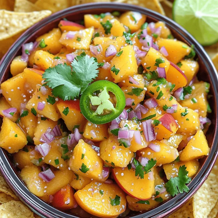 To make fresh peach salsa, start with ripe peaches. Choose three juicy peaches for the best flavor. Look for fruits that are soft but not mushy. Ripe peaches smell sweet and feel slightly tender when you press them. Dice the peaches into small pieces for a nice texture. You can add a bit of honey for extra sweetness. One tablespoon will do nicely if you like it sweet. It balances the tangy lime juice and spicy jalapeño. If you love a hit of flavor, consider adding diced bell peppers. They give a nice crunch and color. Use simple spices to enhance the salsa. You will need garlic powder, salt, and black pepper. These spices add depth without overpowering the peach taste. The lime juice is key; it adds bright acidity. Mix in half a teaspoon of garlic powder, a quarter teaspoon of salt, and a quarter teaspoon of black pepper. This blend will elevate your fresh peach salsa. First, gather all your ingredients. You will need ripe peaches, red onion, jalapeño, cilantro, lime, garlic powder, salt, black pepper, and honey. Start with the peaches. Cut each peach in half and remove the pit. Then, dice the peach into small pieces. Make sure the pieces are not too big. Next, chop the red onion finely. This will help it mix well. Mince the jalapeño after removing the seeds. This step controls the heat level. Finally, chop the cilantro and juice the lime. In a medium bowl, combine the diced peaches, red onion, and jalapeño. Add in the chopped cilantro, lime juice, garlic powder, salt, and black pepper. If you like sweetness, drizzle in the honey. Use a spatula to gently toss all the ingredients together. Be careful not to mash the peach pieces. You want them to stay chunky for texture. Once everything is mixed, taste the salsa. Adjust the seasoning, adding more lime juice or salt if needed. After mixing, let the salsa sit at room temperature for 15 to 20 minutes. This time helps the flavors meld together. As the salsa rests, the onion and jalapeño will soften. The lime juice will brighten the taste of the peaches. When ready, serve it in a colorful bowl. You can pair it with tortilla chips or use it as a topping for grilled chicken or fish. Enjoy the fresh and vibrant flavors! For the complete recipe, check the Full Recipe section. Choose peaches that are firm but slightly soft when you press them. Look for a golden color. A sweet smell is also a good sign. Avoid peaches with brown spots or wrinkles. These may not taste good. For the best flavor, buy them at your local farmer's market if you can. If you like heat, keep the seeds from the jalapeño. If you prefer a milder taste, remove them. You can also add more or less jalapeño to match your taste. For an extra kick, try adding a pinch of cayenne pepper. Taste as you go to find the perfect balance. Serve your salsa in a bright bowl to make it pop. Garnish with extra cilantro leaves for a fresh look. Pair it with crispy tortilla chips for dipping. This salsa also makes a great topping for grilled chicken or fish. Enjoy it at your summer parties or family gatherings. For the full recipe, check out the section above! {{image_2}} You can mix in other fruits to give your salsa a twist. Try mango for a sweet touch. Pineapple adds a fun tropical vibe. Apples can add crunch and a mild flavor. Each fruit brings its own taste and texture. Just keep the balance in mind. You want the peaches to shine through! Switching up the herbs can change your salsa’s flavor. Basil adds a sweet, aromatic note. Mint gives a fresh, cool taste. If you like a stronger flavor, try parsley or dill. Use a mix of herbs for a unique twist. Remember, fresh herbs make your salsa pop! Do you like it hot? You can adjust the spice level easily. Add more jalapeño for extra heat. If you want less spice, remove the seeds. You can also use a milder pepper, like a poblano. For a smoky flavor, try chipotle peppers. It’s all about your taste! After making your fresh peach salsa, store it in a sealed container. Place the container in the fridge. This keeps the salsa fresh and flavorful. It’s best to enjoy it within a few days. If you see any change in color or smell, it’s time to toss it. Fresh peach salsa lasts about 3 to 5 days in the fridge. As time goes by, the flavors may change. For the best taste, plan to eat it within this timeframe. If you notice the peaches getting mushy, it’s a sign to eat it soon. You can freeze peach salsa if you want to save some for later. Use an airtight container or a freezer bag. Leave some space for expansion as it freezes. The salsa can last for up to 3 months in the freezer. When you're ready to use it, thaw it in the fridge. Keep in mind that the texture may change after freezing. For the full recipe, check out the Fresh Peach Salsa section above. To make Fresh Peach Salsa, start with fresh peaches. Dice three ripe peaches. Then, finely chop half a red onion. Next, deseed and mince one jalapeño. In a bowl, mix the peaches, onion, and jalapeño. Add 1/4 cup chopped cilantro. Squeeze in the juice of one lime. Stir in 1/2 teaspoon garlic powder, 1/4 teaspoon salt, and 1/4 teaspoon black pepper. If you want it sweeter, add 1 tablespoon honey. Toss everything gently so the peaches stay intact. Let it sit for 15-20 minutes. This helps the flavors blend nicely. You can use canned peaches, but fresh is best. Canned peaches can be softer and sweeter. If you use them, drain the syrup well. Then dice them like fresh peaches. Keep in mind, the texture may change. Fresh peaches offer that perfect crunch. They also add bright flavor. Fresh Peach Salsa pairs well with many dishes. Serve it with tortilla chips for a fun snack. It also works great as a topping for grilled chicken or fish. You can even add it to tacos for a fresh twist. Try it with cream cheese spread on crackers for a quick appetizer. This salsa brightens up any dish and adds zest. Enjoy the summer vibes with every bite! In this post, we explored making fresh peach salsa. We covered key ingredients like ripe peaches, spices, and optional items to boost flavor. I gave step-by-step instructions, plus tips on picking peaches and adjusting spice levels. We also discussed cool variations and how to store your salsa. Fresh peach salsa is easy and fun to make. Enjoy it with chips or tacos. Try your unique mix, and share your favorite twist!