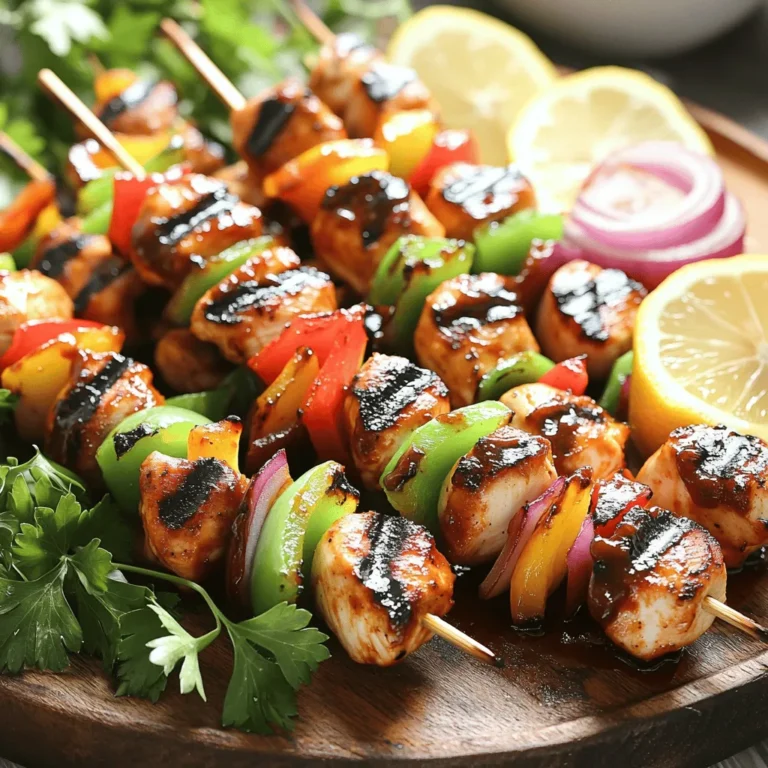 - 1 lb (450g) chicken breast, cut into 1-inch cubes - 1/2 cup BBQ sauce (homemade or store-bought) - 2 tablespoons olive oil - 1 tablespoon apple cider vinegar - 1 teaspoon smoked paprika - 1 teaspoon garlic powder - 1/2 teaspoon cumin - 1/2 teaspoon salt - 1/4 teaspoon black pepper - 1 red bell pepper, cut into 1-inch pieces - 1 green bell pepper, cut into 1-inch pieces - 1 small red onion, cut into wedges When I make grilled BBQ chicken skewers, I love to keep it simple yet flavorful. The main ingredients start with fresh chicken breast. I cut it into cubes, so it cooks evenly. Next, I grab my favorite BBQ sauce. You can use store-bought or make your own for a more personal touch! Adding olive oil helps keep the chicken moist and adds richness. For the marinade, I mix apple cider vinegar with spices. Smoked paprika gives a nice depth of flavor. Garlic powder adds a savory touch, while cumin, salt, and black pepper bring out the best in the chicken. This combination makes the chicken tender and tasty. Now, let’s not forget the veggies! I love using colorful bell peppers and red onion. They not only taste great but also look beautiful on the skewers. The sweet bell peppers and the sharp onion create a lovely balance. You can use green bell peppers, too, for more color and flavor. This recipe is all about bold flavors and fresh ingredients. I recommend checking out the Full Recipe for all the details and tips to make your skewers perfect! To start, you need to prepare the marinade. Mix the BBQ sauce, olive oil, apple cider vinegar, smoked paprika, garlic powder, cumin, salt, and black pepper in a bowl. This mix gives the chicken a great flavor. Then, add your chicken cubes to the marinade. Make sure every piece is well coated. Cover the bowl and refrigerate for at least 30 minutes. If you have time, marinate for up to 2 hours. This longer time makes the chicken tastier. If you use wooden skewers, soak them in water for 30 minutes. This keeps them from burning on the grill. If you have metal skewers, you can skip this step. After soaking, it’s time to assemble the skewers. Thread the marinated chicken, red bell pepper, green bell pepper, and onion onto the skewers. Alternate between chicken and veggies for a colorful look. Before grilling, preheat your grill to medium-high heat. Aim for about 400°F (200°C). This helps the chicken cook evenly. Cook the skewers on the grill for 10-12 minutes. Turn them occasionally. You want to see nice grill marks and reach an internal temperature of 165°F (75°C). Brush on some extra BBQ sauce during the last few minutes for added flavor. To get evenly cooked chicken, cut your pieces the same size. I suggest making 1-inch cubes. This size helps them cook at the same rate. When grilling, turn the skewers every few minutes. This ensures all sides get nice grill marks. To check if your chicken is done, use a meat thermometer. The internal temperature should reach 165°F (75°C). This means it's safe to eat. Adding more BBQ sauce during grilling boosts the flavor. Brush it onto the chicken for the last few minutes of cooking. This gives the chicken a sticky, tasty glaze. When picking a BBQ sauce, consider your taste. A sweet sauce pairs well with the smoky flavors from the grill. If you like spice, try a hot BBQ sauce. This can add a kick to your meal. To make your meal look great, garnish the skewers with fresh parsley. This adds color and freshness. You can also serve extra BBQ sauce on the side for dipping. For a zesty touch, add lemon or lime slices. They bring balance to the rich flavors. Pair the skewers with rice, salad, or grilled corn. These sides complement the chicken and make your meal complete. {{image_2}} You can easily swap chicken for other proteins. Beef and shrimp are great choices. For beef, use tender cuts like sirloin or flank steak. Cut the meat into 1-inch cubes. Marinate it like chicken to keep it tasty. Shrimp cooks fast, so adjust cooking times. Grill shrimp for about 5-7 minutes, turning once. Both options add a nice twist to your skewers. If you want a meat-free option, try vegetarian skewers. Tofu works well as a protein source. Use firm tofu and press it to remove excess water. Cut it into cubes and marinate like chicken. You can also add assorted vegetables. Bell peppers, zucchini, and mushrooms are delicious. Assemble them on skewers for a colorful dish. Grill for about 10 minutes, turning often. You can change the flavor of your skewers easily. Start with different BBQ sauces. Sweet sauces like honey or teriyaki add a nice touch. If you prefer heat, use spicy BBQ sauce or add hot sauce. You can also mix in fresh herbs and spices. Try basil, cilantro, or rosemary for added freshness. Spices like cayenne or chili powder can kick up the heat. These changes let you create a new dish each time. For the full recipe, check out the complete guide. To keep your Grilled BBQ Chicken Skewers fresh, store them properly. Place the cooled skewers in an airtight container. Refrigerate them for up to three days. If you want to save them longer, freezing is an option. Wrap the skewers tightly in plastic wrap, then place them in a freezer bag. They can stay frozen for up to three months. When it comes to reheating, you have a few good options. The best method is to use an oven. Preheat your oven to 350°F (175°C). Place the skewers on a baking sheet and cover them with foil. Heat for about 10-15 minutes. This keeps the chicken tender and juicy. You can also use a microwave. Place the skewers on a microwave-safe plate. Cover them with a damp paper towel to keep moisture. Heat in short bursts, checking often to avoid overcooking. No matter how you reheat, keep an eye on the chicken’s texture. If you notice it gets dry, using a little extra BBQ sauce can help. This will add flavor and moisture back into your dish. Enjoy your leftovers with the same great taste! To keep your chicken juicy, marinate it well. Use a mix of BBQ sauce, olive oil, and spices. The oil helps lock in moisture. Let the chicken sit in the marinade for at least 30 minutes. You can go up to 2 hours for more flavor. When grilling, cook it over medium-high heat. This helps it cook fast without drying out. Always check the chicken's internal temperature. It should reach 165°F (75°C) when done. Yes, you can swap in other veggies. Zucchini, mushrooms, and cherry tomatoes work great. You can also try eggplant or even pineapple for a sweet twist. Just make sure to cut them into pieces that match your chicken size. This way, they cook evenly. Mixing colors makes your skewers more fun and tasty! Many sides pair well with these skewers. Here are some favorites: - Corn on the cob - Coleslaw - Potato salad - Grilled asparagus - Rice or quinoa These sides add flavor and balance to your meal. You can even serve them with extra BBQ sauce for dipping. Feel free to mix and match to suit your taste! You can find the Full Recipe in this article for more details on making the skewers. You now know how to make tasty BBQ chicken skewers. We covered ingredients like chicken, sauce, and veggies. I shared steps on marinating, grilling, and serving. Don’t forget to try different proteins or make it vegetarian. Storing leftovers and reheating is easy too. Grilling is fun and rewarding. Enjoy your skewers, experiment, and impress your friends. Happy cooking!