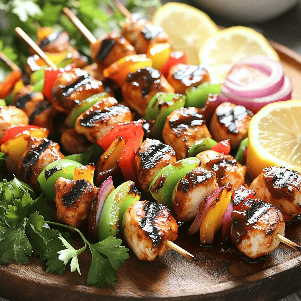 - 1 lb (450g) chicken breast, cut into 1-inch cubes - 1/2 cup BBQ sauce (homemade or store-bought) - 2 tablespoons olive oil - 1 tablespoon apple cider vinegar - 1 teaspoon smoked paprika - 1 teaspoon garlic powder - 1/2 teaspoon cumin - 1/2 teaspoon salt - 1/4 teaspoon black pepper - 1 red bell pepper, cut into 1-inch pieces - 1 green bell pepper, cut into 1-inch pieces - 1 small red onion, cut into wedges When I make grilled BBQ chicken skewers, I love to keep it simple yet flavorful. The main ingredients start with fresh chicken breast. I cut it into cubes, so it cooks evenly. Next, I grab my favorite BBQ sauce. You can use store-bought or make your own for a more personal touch! Adding olive oil helps keep the chicken moist and adds richness. For the marinade, I mix apple cider vinegar with spices. Smoked paprika gives a nice depth of flavor. Garlic powder adds a savory touch, while cumin, salt, and black pepper bring out the best in the chicken. This combination makes the chicken tender and tasty. Now, let’s not forget the veggies! I love using colorful bell peppers and red onion. They not only taste great but also look beautiful on the skewers. The sweet bell peppers and the sharp onion create a lovely balance. You can use green bell peppers, too, for more color and flavor. This recipe is all about bold flavors and fresh ingredients. I recommend checking out the Full Recipe for all the details and tips to make your skewers perfect! To start, you need to prepare the marinade. Mix the BBQ sauce, olive oil, apple cider vinegar, smoked paprika, garlic powder, cumin, salt, and black pepper in a bowl. This mix gives the chicken a great flavor. Then, add your chicken cubes to the marinade. Make sure every piece is well coated. Cover the bowl and refrigerate for at least 30 minutes. If you have time, marinate for up to 2 hours. This longer time makes the chicken tastier. If you use wooden skewers, soak them in water for 30 minutes. This keeps them from burning on the grill. If you have metal skewers, you can skip this step. After soaking, it’s time to assemble the skewers. Thread the marinated chicken, red bell pepper, green bell pepper, and onion onto the skewers. Alternate between chicken and veggies for a colorful look. Before grilling, preheat your grill to medium-high heat. Aim for about 400°F (200°C). This helps the chicken cook evenly. Cook the skewers on the grill for 10-12 minutes. Turn them occasionally. You want to see nice grill marks and reach an internal temperature of 165°F (75°C). Brush on some extra BBQ sauce during the last few minutes for added flavor. To get evenly cooked chicken, cut your pieces the same size. I suggest making 1-inch cubes. This size helps them cook at the same rate. When grilling, turn the skewers every few minutes. This ensures all sides get nice grill marks. To check if your chicken is done, use a meat thermometer. The internal temperature should reach 165°F (75°C). This means it's safe to eat. Adding more BBQ sauce during grilling boosts the flavor. Brush it onto the chicken for the last few minutes of cooking. This gives the chicken a sticky, tasty glaze. When picking a BBQ sauce, consider your taste. A sweet sauce pairs well with the smoky flavors from the grill. If you like spice, try a hot BBQ sauce. This can add a kick to your meal. To make your meal look great, garnish the skewers with fresh parsley. This adds color and freshness. You can also serve extra BBQ sauce on the side for dipping. For a zesty touch, add lemon or lime slices. They bring balance to the rich flavors. Pair the skewers with rice, salad, or grilled corn. These sides complement the chicken and make your meal complete. {{image_2}} You can easily swap chicken for other proteins. Beef and shrimp are great choices. For beef, use tender cuts like sirloin or flank steak. Cut the meat into 1-inch cubes. Marinate it like chicken to keep it tasty. Shrimp cooks fast, so adjust cooking times. Grill shrimp for about 5-7 minutes, turning once. Both options add a nice twist to your skewers. If you want a meat-free option, try vegetarian skewers. Tofu works well as a protein source. Use firm tofu and press it to remove excess water. Cut it into cubes and marinate like chicken. You can also add assorted vegetables. Bell peppers, zucchini, and mushrooms are delicious. Assemble them on skewers for a colorful dish. Grill for about 10 minutes, turning often. You can change the flavor of your skewers easily. Start with different BBQ sauces. Sweet sauces like honey or teriyaki add a nice touch. If you prefer heat, use spicy BBQ sauce or add hot sauce. You can also mix in fresh herbs and spices. Try basil, cilantro, or rosemary for added freshness. Spices like cayenne or chili powder can kick up the heat. These changes let you create a new dish each time. For the full recipe, check out the complete guide. To keep your Grilled BBQ Chicken Skewers fresh, store them properly. Place the cooled skewers in an airtight container. Refrigerate them for up to three days. If you want to save them longer, freezing is an option. Wrap the skewers tightly in plastic wrap, then place them in a freezer bag. They can stay frozen for up to three months. When it comes to reheating, you have a few good options. The best method is to use an oven. Preheat your oven to 350°F (175°C). Place the skewers on a baking sheet and cover them with foil. Heat for about 10-15 minutes. This keeps the chicken tender and juicy. You can also use a microwave. Place the skewers on a microwave-safe plate. Cover them with a damp paper towel to keep moisture. Heat in short bursts, checking often to avoid overcooking. No matter how you reheat, keep an eye on the chicken’s texture. If you notice it gets dry, using a little extra BBQ sauce can help. This will add flavor and moisture back into your dish. Enjoy your leftovers with the same great taste! To keep your chicken juicy, marinate it well. Use a mix of BBQ sauce, olive oil, and spices. The oil helps lock in moisture. Let the chicken sit in the marinade for at least 30 minutes. You can go up to 2 hours for more flavor. When grilling, cook it over medium-high heat. This helps it cook fast without drying out. Always check the chicken's internal temperature. It should reach 165°F (75°C) when done. Yes, you can swap in other veggies. Zucchini, mushrooms, and cherry tomatoes work great. You can also try eggplant or even pineapple for a sweet twist. Just make sure to cut them into pieces that match your chicken size. This way, they cook evenly. Mixing colors makes your skewers more fun and tasty! Many sides pair well with these skewers. Here are some favorites: - Corn on the cob - Coleslaw - Potato salad - Grilled asparagus - Rice or quinoa These sides add flavor and balance to your meal. You can even serve them with extra BBQ sauce for dipping. Feel free to mix and match to suit your taste! You can find the Full Recipe in this article for more details on making the skewers. You now know how to make tasty BBQ chicken skewers. We covered ingredients like chicken, sauce, and veggies. I shared steps on marinating, grilling, and serving. Don’t forget to try different proteins or make it vegetarian. Storing leftovers and reheating is easy too. Grilling is fun and rewarding. Enjoy your skewers, experiment, and impress your friends. Happy cooking!