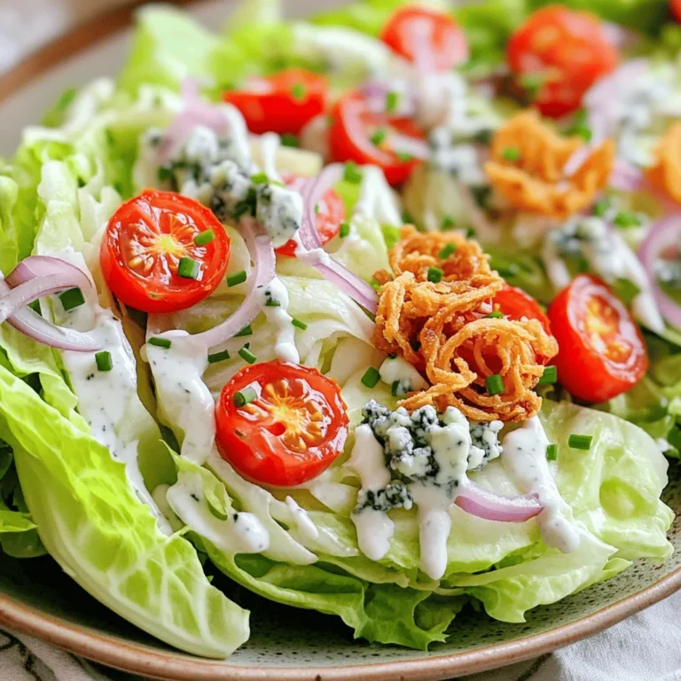 - 1 large head of iceberg lettuce - 1 cup cherry tomatoes - ½ cup red onion The first step is to pick fresh produce. Iceberg lettuce gives a nice crunch. I love its crisp texture. Cherry tomatoes add a pop of color and sweetness. Red onion brings a sharp flavor that balances the salad. - ½ cup blue cheese crumbles - ½ cup buttermilk dressing Next, we need dairy products. Blue cheese crumbles add a rich and bold taste. The creamy buttermilk dressing makes everything smooth and tangy. Together, they elevate the salad's flavor profile. - ¼ cup crispy fried onions - Fresh chives - Salt and pepper Finally, let’s talk toppings. Crispy fried onions give a delightful crunch. Fresh chives add color and a mild onion flavor. Don't forget to season with salt and pepper to taste. This brings all the flavors together. For the full recipe, check out the detailed steps in the Full Recipe section. Start by washing the iceberg lettuce well. Make sure to remove any dirt or grit. After washing, cut the head into quarters. Each quarter will become a wedge. Place the wedges on a plate and keep them aside. This step is simple but key to a fresh salad. In a bowl, add the halved cherry tomatoes and sliced red onion. Sprinkle a little salt and pepper on top. Gently toss the mix to coat the veggies evenly. This helps to bring out the flavors. Let it sit for a few moments. It allows the taste to blend nicely. Take each lettuce wedge and drizzle buttermilk dressing over it. Make sure the dressing seeps into the leaves. Next, add the cherry tomato and red onion mixture on top of each wedge. Distribute them evenly for balance. Finish with a sprinkle of blue cheese crumbles. Add crispy fried onions for crunch. Lastly, garnish with chopped fresh chives for a pop of color. This completes the dish beautifully. For the full recipe, check out the details above. Enjoy your fresh and flavorful wedge salad! To make a great wedge salad, use fresh, high-quality ingredients. Start with a large head of iceberg lettuce. Look for bright green leaves and a firm base. Next, select ripe cherry tomatoes. They should be plump and shiny. For the red onion, choose a bulb that feels heavy and has smooth skin. Fresh chives add a nice touch, so pick some that are vibrant and crisp. Using fresh produce makes your salad taste better and look more appealing. Arranging your salad well makes it eye-catching. Start with a large plate. Place the lettuce wedges in the center. Lean them slightly against each other for height. Scatter cherry tomato halves and red onion slices on top. This adds color and texture. Sprinkle blue cheese crumbles generously over the salad. Finish with crispy fried onions for crunch. A sprinkle of fresh chives adds a pop of green. This simple layout makes your salad look like a restaurant dish. For extra flavor, think about adding spices or herbs. A sprinkle of black pepper enhances the salad nicely. You might try a pinch of smoked paprika for a smoky kick. If you love herbs, fresh dill or parsley can brighten the dish. For a tangy twist, add some capers or pickled jalapeños. These small changes can elevate your wedge salad. Experiment with different flavors to find your perfect mix. Check out the Full Recipe for more ideas! {{image_2}} You can add grilled chicken or crispy bacon to the wedge salad. Grilled chicken brings a nice smoky flavor and makes the salad filling. Bacon adds a crunchy, salty bite that pairs well with the creamy dressing. These proteins turn your salad into a hearty meal. Try different dressings to change things up. Ranch dressing adds a creamy texture and rich taste. A vinaigrette gives a tangy kick that brightens the dish. You can even mix the two for a fun twist. Each dressing brings its own flavor, so feel free to experiment. Using seasonal vegetables or fruits can enhance your wedge salad. In summer, add sweet corn or ripe avocado for a fresh touch. In fall, try sliced apples or pears for a sweet crunch. Seasonal ingredients not only taste better but also make your salad fun and vibrant. For the full recipe, check out the complete details on how to make this classic dish. To keep your wedge salad fresh, store leftovers in the fridge. Use an airtight container. Place the wedges carefully to avoid crushing them. Enjoy your salad within two days for the best taste. To maintain the crispness of lettuce, wrap it in a damp paper towel. This keeps it from drying out. Store toppings, like tomatoes and onions, in separate containers. This prevents sogginess and keeps flavors bright. You can use leftover ingredients in other dishes. Add extra lettuce to wraps or sandwiches. Toss leftover tomatoes and onions into pasta. Crumbled blue cheese makes a great topping for baked potatoes. A classic wedge salad features a large piece of iceberg lettuce. You cut the lettuce into thick wedges. Each wedge gets topped with fresh ingredients. Typical toppings include cherry tomatoes, red onions, and blue cheese. You also add crispy fried onions for crunch. This salad is known for its fresh taste and fun presentation. It is a great side dish or a light meal. Each bite offers a mix of flavors and textures. Yes, you can easily make your own buttermilk dressing. Here’s a simple recipe: - 1 cup buttermilk - ½ cup mayonnaise - 1 tablespoon lemon juice - 1 teaspoon garlic powder - Salt and pepper to taste 1. Combine buttermilk and mayonnaise in a bowl. 2. Stir in lemon juice and garlic powder. 3. Season with salt and pepper. 4. Mix well and refrigerate for at least 30 minutes before serving. This dressing is creamy and pairs well with the wedge salad. To make a wedge salad vegan, you can swap out non-vegan ingredients. Here are some easy substitutions: - Replace buttermilk dressing with a plant-based dressing. - Use vegan cheese or omit cheese entirely. - Add sliced avocado for creaminess. - Use roasted chickpeas instead of crispy fried onions. These changes keep the salad fresh and tasty while making it vegan-friendly. Enjoy the same crunch and flavor with these swaps! This wedge salad combines fresh produce, creamy dairy, and tasty toppings. You learned how to wash lettuce, mix components, and assemble your salad. Tips on selecting ingredients and creative presentations can boost your dish. You can also add proteins, try different dressings, or use seasonal fruits. Finally, proper storage keeps your salad fresh, and sauces can be reused. Enjoy making this simple, delicious salad that fits any meal!