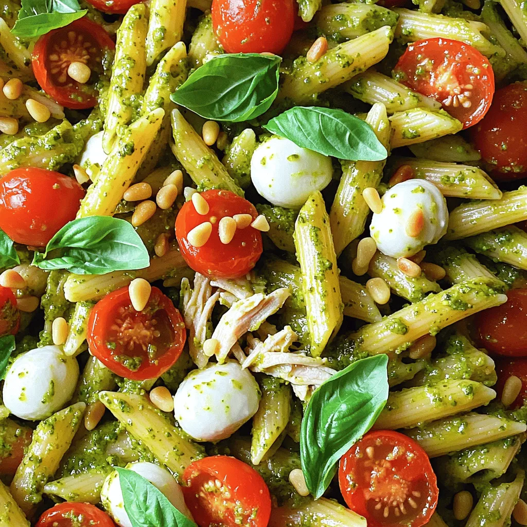 For the Chicken Pesto Pasta Salad, you will need: - 2 cups penne pasta - 1 cup cooked chicken breast, shredded - 1/2 cup cherry tomatoes, halved - 1/2 cup mozzarella balls, drained - 1/4 cup fresh basil leaves, chopped - 1/4 cup pesto sauce - 2 tablespoons olive oil - Juice of 1 lemon - Salt and pepper to taste - Optional: 1/4 cup pine nuts, toasted Each ingredient plays a role in making this dish tasty. Here are the key measurements: - Penne pasta: 2 cups gives the salad a nice base. - Cooked chicken breast: 1 cup adds protein and flavor. - Cherry tomatoes: 1/2 cup brings sweetness and color. - Mozzarella balls: 1/2 cup adds creaminess. - Fresh basil leaves: 1/4 cup gives a vibrant herbal note. - Pesto sauce: 1/4 cup is the heart of the salad, adding rich flavor. - Olive oil: 2 tablespoons keep everything moist. - Juice of 1 lemon: Adds brightness and acidity. - Salt and pepper: Just enough to enhance the taste. - Pine nuts: Optional, but they add a nice crunch. You can easily tweak this recipe to fit your needs: - Pasta: Use gluten-free pasta for a gluten-free option. - Chicken: Replace chicken with tofu for a vegetarian dish. - Cheese: Swap mozzarella with a dairy-free cheese for vegan needs. - Pesto: Use a nut-free pesto if you have allergies. - Nuts: Omit pine nuts if you need a nut-free meal. These swaps keep the salad delicious while meeting dietary needs. First, get your penne pasta ready. Boil a big pot of salted water. Add the pasta once the water is bubbling. Cook it based on the package instructions, usually about 10 to 12 minutes. When it's done, drain the pasta. Rinse it under cold water to stop the cooking. This keeps it firm for the salad. While the pasta cooks, shred your cooked chicken breast. You can use leftovers or store-bought rotisserie chicken. Place the shredded chicken in a large bowl. Next, slice your cherry tomatoes in half. Add them to the bowl with the chicken. Now, drain the mozzarella balls and toss them in too. This mix adds great flavor and texture. Now it's time to make the dressing. In a small bowl, whisk together the pesto sauce, olive oil, and lemon juice. Sprinkle in salt and pepper to taste. This dressing brings everything together. Pour it over the chicken and pasta mixture. Toss gently until all ingredients are coated in the dressing. Finally, fold in the chopped fresh basil and pine nuts, if you're using them. Chill the salad in the fridge for 30 minutes to let the tastes mix well. Enjoy this fresh and flavorful meal! For the complete recipe, check out the Full Recipe. To save time, cook your pasta while you prepare the chicken and veggies. Use rotisserie chicken for quick prep. Chop your tomatoes and basil while the pasta cooks. This way, you streamline your process and keep things moving. One common mistake is overcooking the pasta. You want it al dente, so it holds up in the salad. Another mistake is not cooling the pasta before mixing. Rinsing it with cold water helps prevent sogginess. Lastly, don’t skip the lemon juice. It brightens the flavors and adds freshness. You can add more flavor by including extra ingredients. Try adding olives for a salty kick. Sundried tomatoes offer a sweet and tangy twist. If you want crunch, toasted pine nuts work great. These additions can elevate your chicken pesto pasta salad. For the full recipe, refer back to the earlier section. {{image_2}} You can switch chicken for shrimp or tofu. Shrimp adds a sweet taste and quick cook time. Tofu is great for a plant-based meal. Just cube firm tofu and sauté it until golden. Both options keep the dish fresh and tasty. If you need a gluten-free meal, choose gluten-free pasta. Many brands offer great taste and texture. You can also try zucchini noodles or quinoa. These options make the dish light and healthy while still delicious. Seasonal veggies can boost color and flavor. Try adding bell peppers, spinach, or asparagus. They add crunch and nutrients. Roast or sauté them for extra flavor. Feel free to mix and match based on what you have. Each addition makes your Chicken Pesto Pasta Salad unique and exciting. For the complete recipe, check out the Full Recipe section. To keep your chicken pesto pasta salad fresh, use an airtight container. This helps keep moisture in and air out. Before sealing, let the salad cool completely. This prevents condensation, which can make the salad soggy. When stored correctly, chicken pesto pasta salad stays fresh for up to three days. After that, it may lose flavor and texture. Always check for any signs of spoilage before eating. Freezing chicken pesto pasta salad is possible but not ideal. If you choose to freeze it, keep in mind that the texture may change. Store it in a freezer-safe container. Label it with the date to track freshness. It can last up to two months in the freezer. When ready to eat, thaw it in the fridge overnight. Enjoy it within a day or two after thawing for best taste. For the full recipe, check out Chicken Pesto Pasta Salad. I like to use penne pasta for chicken pesto pasta salad. Penne holds the sauce well. You can also try rotini or fusilli. These shapes add texture and fun to the dish. Choose what you love best! Yes, you can make this salad ahead of time. It tastes better after chilling in the fridge. I suggest making it a few hours before you plan to serve. This way, the flavors mix well. Just cover it tightly to keep it fresh! Absolutely! This chicken pesto pasta salad is great for meal prep. You can store it in individual containers. It stays good in the fridge for up to three days. Just remember to stir it before you eat. The flavors will still shine! To make a vegan version, swap the chicken for chickpeas or tofu. Use vegan pesto or make your own. Blend basil, nuts, olive oil, and nutritional yeast for a tasty sauce. Replace mozzarella with avocado or vegan cheese. This way, you keep all the flavor! For the full recipe, check out the detailed steps again! This post covered all the essentials for making a great chicken pesto pasta salad. We detailed the ingredients, cooking instructions, and clever tips for success. I shared storage methods and addressed common questions, ensuring you have everything you need. Enjoy experimenting with variations and make this dish your own. Simple steps and smart choices can lead to delicious outcomes every time. Happy cooking!