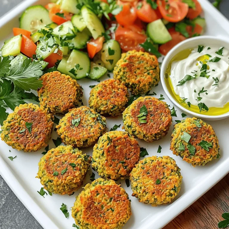 When making crispy baked falafel, you need a mix of fresh and pantry items. Here’s what I use: - 2 cups canned chickpeas (drained and rinsed) - 1 small onion, roughly chopped - 3 cloves garlic, minced - 1 cup fresh parsley, chopped - 1 cup fresh cilantro, chopped - 1 teaspoon cumin - 1 teaspoon coriander - ½ teaspoon baking powder - ½ teaspoon salt - ¼ teaspoon black pepper - 1 tablespoon lemon juice - 2 tablespoons tahini - 3 tablespoons olive oil (plus more for drizzling) - ½ cup breadcrumbs Canned chickpeas: These form the base of falafel. They are soft and blend well. Fresh herbs and spices: Parsley and cilantro add a fresh taste. Cumin and coriander give warmth and depth. Other essential ingredients: Onion and garlic bring flavor. Baking powder helps them rise and get crispy. Optional additions: You can add more spices like paprika or even some chopped chili for heat. For the full recipe, check out the detailed steps and cooking tips that follow. Enjoy creating this delicious dish! 1. Preheating the oven Start by preheating your oven to 400°F (200°C). This step is key for crispy falafel. While the oven heats, line a baking sheet with parchment paper. 2. Combining ingredients in the food processor In your food processor, add: - 2 cups canned chickpeas (drained and rinsed) - 1 small onion, roughly chopped - 3 cloves garlic, minced - 1 cup fresh parsley, chopped - 1 cup fresh cilantro, chopped - 1 teaspoon cumin - 1 teaspoon coriander - ½ teaspoon baking powder - ½ teaspoon salt - ¼ teaspoon black pepper - 1 tablespoon lemon juice - 2 tablespoons tahini Pulse these until the mix is well blended but still a bit chunky. 3. Forming falafel patties Transfer your mix to a bowl. Stir in ½ cup breadcrumbs. If the mix feels too wet, add more breadcrumbs until it holds together well. Now, use your hands to form small balls or patties. Aim for golf ball size. Place them neatly on the prepared baking sheet. 1. Drizzling with olive oil Drizzle olive oil over your falafel patties. Make sure each one is well coated. This helps them get that perfect crispy texture. 2. Baking time and flipping technique Bake the falafel in your preheated oven for about 20 minutes. Flip them halfway through. This ensures they cook evenly and get golden brown on both sides. 1. Plating ideas Once your falafel is done, allow them to cool slightly. Serve them on a colorful platter. 2. Accompaniments for falafel Pair your crispy baked falafel with tahini sauce. A fresh cucumber and tomato salad makes a great side. Garnish with extra parsley or cilantro for a nice touch. Enjoy your delicious meal! To make your falafel crispy, use breadcrumbs and olive oil wisely. Breadcrumbs help absorb moisture and create a crunch. Olive oil adds flavor and aids browning. Make sure to drizzle enough oil over the falafel balls before baking. This step is key to that crunchy outside. Baking temperature matters too. Preheat your oven to 400°F (200°C). This heat helps the falafel crisp up nicely. If the oven is too cool, they may turn out soft instead of crispy. One mistake to watch for is over-processing the mixture. If you blend too long, the chickpeas can become paste-like. Aim for a coarse texture that holds together but still has some bite. You want your falafel to have that distinct chickpea flavor. Another mistake is skipping the olive oil drizzle. This step makes a big difference. Without it, your falafel may end up dry or lacking flavor. So, give them a good splash of oil before they head into the oven. You can easily amp up flavor with extra spices. Try adding smoked paprika, chili powder, or even a pinch of cinnamon. These will give your falafel a unique twist. You can also experiment with different herbs. Fresh dill or mint can add a fresh touch. For serving, think about delicious dips and sauces. Tahini sauce pairs perfectly with falafel. You could also try yogurt sauce or a spicy harissa dip. These add depth and make your meal even more enjoyable. For the full recipe, check out the Crispy Baked Falafel section. {{image_2}} You can easily change the falafel to fit your needs. For a vegetarian option, stick with chickpeas. This recipe already keeps it meat-free. If you want to go gluten-free, swap breadcrumbs for almond flour or gluten-free oats. Both work well and keep the falafel tasty. You can also try using different beans. Black beans or lentils can give a new twist. Just remember to cook them well if using dried beans. Canned beans save time and are ready to mix right away. Adding different herbs or spices can change your falafel game. Fresh dill or mint adds a bright touch. Try using smoked paprika for a deeper flavor. You can blend in chili powder if you like some heat. Each spice brings its own character to the dish. Creative toppings and fillings can enhance your falafel experience. Stuff your falafel in a pita with crunchy veggies and creamy sauce. You can also serve it on a bed of greens with tahini dressing. The options are endless! Your falafel can shine in many ways. Wrap it in pita bread for a quick meal. Layer it on a salad for a healthy lunch. You can also serve it in a bowl with grains like quinoa and fresh veggies. Crispy baked falafel works as a tasty appetizer or a main dish. Pair it with a side of hummus or tzatziki for dipping. Feel free to explore different serving styles to match any occasion. For the full recipe, check the section above. To keep your crispy baked falafel fresh, follow these tips: - Refrigeration tips: Place the leftover falafel in an airtight container. They stay good for about 3 to 5 days. Make sure they cool completely before sealing. This helps avoid steam that can make them soggy. - Freezing instructions: For longer storage, freeze the falafel. Place them in a single layer on a baking sheet. Freeze until solid, then transfer to a freezer bag. They can last up to 3 months in the freezer. To enjoy your falafel again, reheating is key. - Best methods for reheating for optimal crispiness: Use the oven to reheat. Preheat it to 375°F (190°C). Place the falafel on a baking sheet and heat for about 10-15 minutes. This keeps them crispy. - Avoiding sogginess when reheating: Avoid using the microwave. It can make falafel soft. If you must, use a low power setting and check often. Falafel can last a while if stored properly. - How long can falafel be kept in the fridge or freezer?: In the fridge, they stay fresh for 3 to 5 days. In the freezer, they can be good for up to 3 months. Always check for signs of spoilage before eating. Baked falafel gets its crispiness from a few key things. First, the breadcrumbs help form a crunchy outer layer. Second, using olive oil gives the falafel a nice golden color and crisp texture. Finally, the high oven temperature helps to cook them evenly. Yes, you can make falafel ahead of time! You can prepare the mixture and form the balls or patties. Then, store them in the fridge for up to 24 hours. For longer storage, freeze them before baking. Simply bake them straight from the freezer. Baked falafel can last in the fridge for about 3 to 5 days. Be sure to keep them in an airtight container to maintain freshness. If you want to enjoy them later, consider freezing them for longer shelf life. Crispy baked falafel pairs well with many sides. You can serve them with tahini sauce, fresh salads, or pita bread. They also taste great with hummus or yogurt-based dips. Add some sliced veggies for a colorful plate! If you don’t have a food processor, you can still make falafel. Use a fork to mash the chickpeas in a large bowl. Then, finely chop the herbs and onion by hand. Mix everything together well, and follow the same steps as in the Full Recipe. In this post, we explored how to make baked falafel. We covered ingredients, preparation steps, and baking tips. I shared ways to achieve a crispy texture and avoid common mistakes. You learned about variations and how to store leftovers, too. In conclusion, baking falafel is a fun and tasty option. With different flavors and serving styles, you can enjoy it your way. Try these tips for the best results, and enjoy a healthy treat!