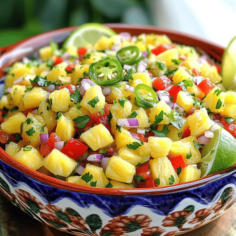 To make Fresh Pineapple Salsa, gather these key ingredients: - 1 ripe pineapple, finely diced - 1 red bell pepper, diced - 1 small red onion, finely chopped - 1 jalapeño, seeded and minced - 1/4 cup fresh cilantro, chopped - Juice of 2 limes - Salt to taste These ingredients work together. The pineapple gives a sweet base. The bell pepper adds crunch. The red onion brings a mild bite. The jalapeño gives a little heat. Cilantro adds a fresh herb taste. Lime juice brightens up the whole mix. You might want to add a few extra touches. These optional ingredients can make your salsa pop: - 1 tablespoon honey - Avocado, diced Adding honey gives a sweet note. Diced avocado adds creaminess and richness. Both enhance the overall flavor and texture of the salsa. When picking a pineapple, look for these signs of freshness: - A sweet aroma at the base - Firm but slightly soft feel - Bright, green leaves A sweet smell means it's ripe. If it feels too hard, it may not be ready. If it feels too soft, it may be overripe. Good leaves should be green and fresh-looking. This ensures your salsa will taste bright and flavorful. For the full recipe, check out the Tropical Paradise Pineapple Salsa. First, grab a ripe pineapple. Cut it in half and remove the tough core. This part is not tasty. After that, dice the fruit into small, even pieces. Aim for 1/2-inch cubes for the best texture. Place the diced pineapple into a large mixing bowl. Next, add diced red bell pepper to the bowl. This gives a nice crunch and color. Then, finely chop a small red onion and add it in. To add some heat, mince one jalapeño and mix it in. Don't forget the fresh cilantro! Chop about 1/4 cup and sprinkle it over the top. The key to great flavor is marinating. After mixing all the ingredients, let the salsa sit for at least 15 minutes. This allows the flavors to blend. If you have time, refrigerate it for up to an hour. A cooler salsa tastes even better! You can find the full recipe in the main article. When you chop pineapple, use a sharp knife for clean cuts. Start by slicing off the top and bottom. Stand the pineapple upright, then cut off the skin in strips. Make sure to remove the eyes, too. Once the skin is off, slice the pineapple into rings. Stack the rings and cut them into small pieces. You want uniform chunks for the best salsa. If you like spice, add more jalapeño to your salsa. Start small; you can always add more later. If the salsa is too spicy, mix in some more diced pineapple to cool it down. A dash of honey can also help balance the heat. Taste as you go to get it just right for your palate. Serve your pineapple salsa at summer barbecues or taco nights. It pairs well with grilled chicken, fish, or shrimp. For a fun twist, use it as a topping on nachos. You can also serve it in small bowls with tortilla chips for snacking. This salsa brightens up any meal with its fresh flavors. Try it at your next gathering! For the full recipe, check out the Tropical Paradise Pineapple Salsa. {{image_2}} You can change the flavor of your salsa by adding mango or avocado. Mango adds a sweet, juicy taste. Diced avocado brings creaminess and richness. To make this twist, simply replace half of the pineapple with diced mango or avocado. This combination makes the salsa even more colorful and fun! Think about adding other fruits for more flavor. Chopped kiwi or diced strawberries can work well. These fruits add a tangy and sweet note that balances the pineapple. Just mix in your chosen fruit with the original recipe. This keeps the salsa fresh and exciting every time you make it. If you like heat, try different peppers in your salsa. Instead of jalapeño, use serrano or habanero for a kick. Just be careful with the amount, as these peppers can be hot! Start with a small amount, then taste and adjust. This way, you create a salsa that fits your spice level perfectly. For the full recipe, check out the Tropical Paradise Pineapple Salsa. To keep your pineapple salsa fresh, store it in an airtight container. Make sure the lid seals tightly. This prevents air from getting in and keeps the salsa flavorful. Place the container in the fridge right after you finish your meal. If you used fresh ingredients, it will taste great the next day. Fresh pineapple salsa lasts about 3 to 5 days in the fridge. After this time, the flavors may fade. Always check for signs of spoilage, like a change in smell or color. To maintain its freshness, avoid adding salt until you are ready to eat. Salt can draw out moisture and make the salsa watery. You can freeze pineapple salsa for later use. Begin by transferring it into a freezer-safe bag or container. Make sure to squeeze out as much air as possible. This helps prevent freezer burn. Label the bag with the date. Pineapple salsa can last up to 3 months in the freezer. To use it, thaw it in the fridge overnight before serving. For the best taste, consume it within a month of freezing. Fresh pineapple salsa lasts about 2 to 3 days in the fridge. Store it in an airtight container. This keeps the salsa fresh and tasty. After a few days, the flavors may dull. You might notice the pineapple getting softer too. If you want it to stay crisp, eat it sooner. Yes, you can use canned pineapple. Just make sure to drain it well. Canned pineapple is often sweeter than fresh. This can change the flavor of your salsa. If you use canned, try adding a bit of lime juice to balance it. Fresh pineapple gives a crunch that canned lacks. Pineapple salsa pairs well with many dishes. It shines on tacos, especially fish or chicken tacos. Try it on grilled meats, like pork or shrimp. You can also use it as a dip with tortilla chips. It adds a fresh twist to salads and rice bowls too. For a fun snack, top your grilled cheese sandwich with it! For the full recipe, check out the Tropical Paradise Pineapple Salsa. Fresh pineapple salsa is a simple, tasty dish. We covered key ingredients, preparation steps, and helpful tips. Use fresh pineapple for the best taste, and adjust spice levels as you like. Don't forget to store leftovers properly for later enjoyment. Explore fun variations by adding mango or peppers to mix things up. With these ideas, you’ll create a flavorful salsa for any occasion. Enjoy making this salsa and impress your family and friends with your skills!