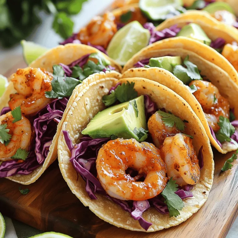For these tacos, you'll need fresh shrimp. I recommend using one pound of shrimp, peeled and deveined. This makes cooking quick and easy. You'll also need three cloves of garlic, minced finely. The garlic adds a nice punch to the dish. The base of the taco is the corn tortillas. Get eight small corn tortillas for the best flavor. The spices really bring these tacos to life. You need two teaspoons of chili powder for warmth. Add one teaspoon of smoked paprika for a rich, smoky taste. If you like heat, include half a teaspoon of cayenne pepper. Adjust this to fit your spice level. Don't forget salt and pepper to taste. To bind the flavors, use two tablespoons of olive oil. This keeps the shrimp moist and adds flavor. Toppings can make your tacos even better. Shred one cup of red cabbage for crunch and color. Chop half a cup of fresh cilantro for a burst of freshness. Slice one avocado for creaminess. For an extra zing, serve with lime wedges. You can also drizzle hot sauce over the top for extra spice. These toppings make each bite delightful. For the full recipe, check out the complete instructions above. Start with fresh shrimp. I use one pound of shrimp, peeled and deveined. You want shrimp that is firm and moist. Rinse them under cold water. Pat them dry with paper towels. Dry shrimp absorb the marinade better. Place the shrimp in a bowl, and get ready to flavor them. In a medium bowl, mix three cloves of minced garlic, two teaspoons of chili powder, and one teaspoon of smoked paprika. I add half a teaspoon of cayenne pepper, but you can adjust this for more or less heat. Pour in two tablespoons of olive oil. Add salt and pepper to taste. Stir it well. This mixture should smell amazing. Now, toss the shrimp in this marinade. Coat each piece well. Let them sit for about 15 minutes. This step makes the shrimp flavorful. While the shrimp marinates, prepare your toppings. Shred one cup of red cabbage, chop half a cup of fresh cilantro, and slice one avocado. After the shrimp is done marinating, heat a skillet over medium-high heat. Add the shrimp and cook for 2-3 minutes on each side. They should turn pink and opaque. Don’t overcook! Meanwhile, warm eight small corn tortillas in another skillet or over a flame. Now, assemble your tacos. Place a few shrimp on each tortilla. Top them with the shredded cabbage, avocado slices, and cilantro. Serve with lime wedges on the side and optional hot sauce for a spicy kick. For the full recipe, check out the complete guide. To cook shrimp just right, start with fresh or thawed shrimp. Heat your skillet over medium-high heat. Add the marinated shrimp and cook for 2-3 minutes on each side. Watch closely; shrimp cooks fast. They are done when they turn pink and opaque. If you overcook them, they will be tough. Remember, timing is key! Warm your corn tortillas before serving. You can heat them in a skillet or over a flame. This step makes them soft and tasty. Also, layer your toppings well. Start with the shrimp, then add cabbage, avocado, and cilantro. This keeps the flavors balanced in every bite. Serve with lime wedges and hot sauce for added zing. You can swap shrimp for chicken or tofu for a different taste. If you don’t have chili powder, try cayenne or paprika. For a crunchier texture, use purple cabbage instead of green. You can also use flour tortillas if corn ones aren’t available. Don't hesitate to mix and match based on what you have at home! For the full recipe, check out the details above. {{image_2}} You can turn these tasty shrimp tacos into a bowl. Start with rice or quinoa as a base. Add the cooked shrimp on top. Then, load it with your favorite toppings like red cabbage, avocado, and cilantro. Squeeze fresh lime juice over the bowl for a zing. This version is filling and perfect for meal prep. For a smoky twist, try grilling the shrimp. Marinate as usual, then thread the shrimp onto skewers. Grill them over medium heat for about 2-3 minutes on each side. This adds a nice char and flavor. Serve on warm tortillas with your favorite toppings. You will enjoy the crispy texture and rich taste. If you want a vegan dish, use jackfruit instead of shrimp. Prepare the jackfruit by shredding it into small pieces. Sauté it in the same marinade you would use for shrimp. Cook until it’s tender and heated through. Serve on corn tortillas with fresh toppings. This option is just as tasty and satisfying. For the full recipe, check the Spicy Garlic Shrimp Tacos section. To store leftover tacos, let them cool down first. Place the shrimp and toppings in separate airtight containers. This keeps the tortillas from getting soggy. Store everything in the fridge for up to two days. Enjoy them fresh! To reheat the shrimp, start by warming a skillet over medium heat. Add the shrimp for a few minutes until they are hot. For the tortillas, warm them in the skillet for about 30 seconds each side. This will help them become soft again. You can freeze the shrimp before cooking them. Place the marinated shrimp in a freezer bag. Squeeze out the air and seal it tight. Use them within three months for the best taste. I don't recommend freezing cooked shrimp or tortillas, as they will lose their quality. You can serve these tacos with a variety of sides. A fresh salad pairs well. You could also try chips and salsa for crunch. Rice makes a filling option too. Consider a light corn salad for color and flavor. Yes, you can use frozen shrimp. Just thaw them first. Place them in cold water for about 10 minutes. Pat them dry before marinating. This helps the flavors stick better and keeps your tacos tasty. These tacos have a nice kick. The cayenne pepper adds heat. You can adjust the spice level to your taste. If you prefer milder tacos, use less cayenne. You can always add hot sauce later for extra spice. For the full recipe, check out the details above. In this article, we explored how to make spicy garlic shrimp tacos. We covered key ingredients, preparation steps, and tips for perfecting your dish. You can easily customize your tacos with variations and learn how to store leftovers. These tacos are fun to make and share. With practice, you can impress anyone with your cooking skills. Enjoy the process and make these tacos your own!
