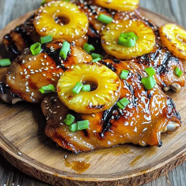 To make this dish, you need the right ingredients. Here’s what to gather: - 4 boneless, skinless chicken thighs - 1 cup teriyaki sauce (store-bought or homemade) - 1/2 fresh pineapple, sliced into rings - 2 tablespoons soy sauce - 1 tablespoon brown sugar - 1 teaspoon grated fresh ginger - 2 cloves garlic, minced - 1 tablespoon sesame oil - 1 tablespoon rice vinegar These ingredients create a great balance of flavors. The chicken thighs are juicy and soak up the teriyaki sauce well. Pineapple adds sweetness and a hint of tartness. You can make the dish even better with some simple garnishes. Consider adding: - 2 green onions, chopped (for garnish) - Sesame seeds (for garnish) These garnishes enhance the look and taste of your meal. The green onions add a fresh crunch, while sesame seeds give a nice texture. Choosing the right chicken and pineapple makes a big difference. Here are some tips: - Chicken: Look for thighs that are firm and have a nice pink color. They should not smell bad. Fresh chicken tastes much better when grilled. - Pineapple: Pick a pineapple that smells sweet at the base. The skin should be golden and slightly soft when you press it. This means it is ripe and ready to use. Using quality ingredients helps you create a dish that tastes great. For the complete preparation process, check the Full Recipe. Start by mixing the teriyaki sauce, soy sauce, brown sugar, ginger, garlic, sesame oil, and rice vinegar in a bowl. Whisk until everything blends well. Add the chicken thighs and coat them with the marinade. Cover the bowl and put it in the fridge for at least 30 minutes. For even more flavor, let it marinate for up to 2 hours. Next, you need to heat your grill. Set it to medium-high heat. If you use charcoal, wait until the coals glow red and are evenly heated. This helps get nice grill marks on the chicken and pineapple. While the grill heats, brush the pineapple rings with a bit of teriyaki sauce. Once the grill is hot, place the pineapple on it. Grill each side for 3-4 minutes, until you see nice marks and the pineapple caramelizes. Remove them when done. Now, take the marinated chicken and shake off extra sauce. Place the chicken on the grill. Cook it for 5-7 minutes on each side. The chicken should reach 165°F (75°C) and be nicely browned. Brush some marinade on the chicken during the last few minutes for added flavor. When the chicken is ready, remove it from the grill. Let it rest for a few minutes. To plate your dish, put a grilled pineapple ring on a plate. Top it with a piece of grilled chicken. Finally, add chopped green onions and sprinkle sesame seeds for a tasty finish. Enjoy your flavorful creation! For the complete recipe, check out the Full Recipe. Grilling is an art. To make your grilled pineapple teriyaki chicken shine, follow these tips: - Prepare Your Grill: Make sure your grill is clean. A good grill helps prevent sticking. - Heat Control: Preheat to medium-high heat. This helps cook the chicken evenly and prevents burning. - Use Oil: Lightly oil the grill grates to help your chicken and pineapple lift off easily. Marinating is key. Here’s how to get the most flavor: - Timing Matters: Marinate your chicken for at least 30 minutes. For deeper flavor, go up to 2 hours. - Use Fresh Ingredients: Fresh ginger and garlic boost flavor. They make your dish vibrant and aromatic. - Reserve Some Marinade: Set aside a bit of marinade before adding chicken. Brush it on during grilling for extra flavor. Grill marks make your dish look great. To achieve them: - Don’t Move the Chicken: Place the chicken on the grill and let it sit. Moving it too soon can ruin those marks. - Rotate the Chicken: After a few minutes, rotate the chicken 90 degrees. This creates a crosshatch pattern. - Check for Color: Look for a nice golden brown before flipping. This means you have good grill marks! For the complete recipe, check out the [Full Recipe]. {{image_2}} You can swap chicken for other meats. Try pork or shrimp for a tasty twist. Both cook nicely with teriyaki sauce. Just adjust the cooking time. Pork should reach 145°F (63°C) and shrimp cooks quickly, about 2-3 minutes per side. If you prefer plant-based meals, use tofu or tempeh. Both soak up the teriyaki sauce well. Cut them into cubes and marinate just like chicken. Grill until they are golden brown. You can also try seitan for a meat-like texture. Adding vegetables brightens up this dish. Grilled bell peppers, zucchini, or asparagus work great. Chop them into bite-sized pieces and toss them in the marinade. Grill alongside the chicken for a colorful plate. This not only adds flavor but also boosts nutrition. For a fun twist, grill corn on the cob for a sweet crunch. To store leftovers, let the grilled chicken and pineapple cool to room temperature. Place them in an airtight container. You can keep them in the fridge for up to three days. Make sure to separate the chicken from the pineapple if possible. This keeps the flavors fresh. For reheating, you can use the microwave or oven. If using a microwave, cover the dish to retain moisture. Heat on medium for about 2-3 minutes. If using an oven, preheat it to 350°F (175°C). Place the chicken and pineapple in an oven-safe dish. Heat for about 10-15 minutes until warm. Always check the temperature; it should reach 165°F (75°C) for safe eating. You can freeze grilled chicken and pineapple for later use. Wrap each piece tightly in plastic wrap. Then, place them in a freezer bag. This will help prevent freezer burn. They can last up to three months in the freezer. When ready to eat, thaw in the fridge overnight before reheating. Enjoy the same great taste! For the full recipe, check out the instructions above. Yes, you can use chicken breast. Thighs have more fat, making them juicier. Breasts may dry out faster, so watch the cooking time closely. Marinate the chicken for at least 30 minutes. For best taste, marinate for up to 2 hours. This helps the flavors soak in deeply. You can serve it with rice or quinoa. Steamed veggies and salad also pair well. Add some grilled corn for a summer twist. Yes, making teriyaki sauce is easy. Combine soy sauce, sugar, ginger, and garlic. Simmer it to thicken, and you have a tasty sauce. Check the internal temperature with a meat thermometer. It should reach 165°F (75°C). The chicken should also be golden brown on the outside. Grilled pineapple teriyaki chicken is tasty and fun to make. You learned about key ingredients, including chicken and pineapple. I shared tips for grilling and storing leftovers. You can try different proteins or add veggies too. Cooking should be enjoyable. With these steps and ideas, you can create a great dish. Don't hesitate to experiment with flavors. Enjoy your cooking adventure and impress your friends!
