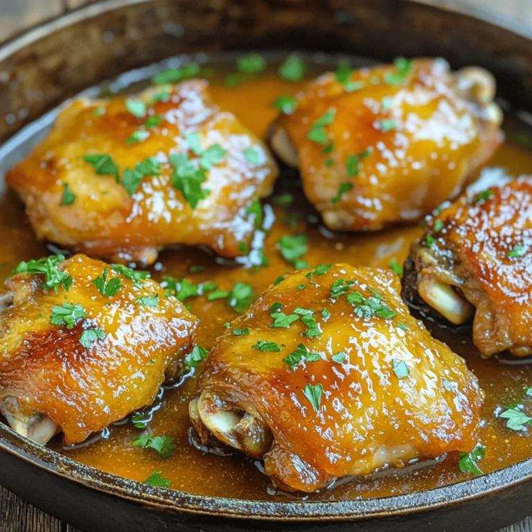 - 4 bone-in chicken thighs, skin-on - 1/4 cup honey - 1/4 cup Dijon mustard - 2 tablespoons olive oil - 3 cloves garlic, minced - 1 teaspoon dried thyme - 1 teaspoon paprika - Salt and black pepper to taste - Fresh parsley for garnish When making honey mustard chicken thighs, I always focus on fresh ingredients. The chicken thighs are the star of the dish. Their skin adds flavor and keeps the meat juicy. I prefer bone-in thighs for taste. They soak up the marinade well. Honey and Dijon mustard work together to create a perfect blend of sweet and tangy. The honey gives a nice glaze. The mustard adds depth and a bit of bite. It’s a simple mix, but it packs a punch. For the marinade, I use olive oil, garlic, thyme, and paprika. Olive oil keeps the chicken moist. The garlic adds a nice zing. Thyme gives a fresh herbal note, while paprika brings warmth and color. Don't forget the salt and black pepper! They enhance all the flavors. Adjust these to your taste. Finally, I love garnishing with fresh parsley. It adds a pop of color and freshness. This dish looks great on a plate and is easy to make. For the full recipe, check the details above! First, grab a small bowl. In it, whisk together: - 1/4 cup honey - 1/4 cup Dijon mustard - 2 tablespoons olive oil - 3 cloves garlic, minced - 1 teaspoon dried thyme - 1 teaspoon paprika - Salt and black pepper to taste Mix these ingredients until they are well combined. This sweet and tangy mix is your marinade. Set it aside for now. Next, take your chicken thighs. They should be bone-in and skin-on for the best flavor. Place them in a large bowl or a resealable plastic bag. Pour the marinade over the chicken. Make sure each piece is coated well. For the best taste, let the chicken sit in the marinade. You can leave it for 30 minutes to overnight in the fridge. The longer it sits, the more flavor it will soak up. Now, it’s time to cook! Preheat your oven to 400°F (200°C). While the oven heats, grab a large oven-safe skillet. Heat it over medium-high heat. Once it is hot, add the marinated chicken thighs, skin-side down. Sear them for about 5-7 minutes until the skin is golden brown. After searing, flip the chicken thighs. Carefully transfer the skillet to your preheated oven. Bake for 25-30 minutes. Check that the internal temperature reaches 165°F (75°C) and the juices run clear. Once done, take the skillet out of the oven. Let the chicken rest for about 5 minutes. This helps keep it juicy. You can garnish with fresh parsley for a nice touch. For the full recipe, check out the instructions provided earlier. To get that nice, crispy skin, sear the chicken properly before baking. Heat your skillet until it's hot. When you add the chicken, listen for that sizzle. This step gives a great start to your dish. Next, keep the oven at the right temperature. Set it to 400°F (200°C) and let it preheat fully. This heat helps the skin become golden and crunchy. Want to boost the flavor? Think about adding fresh herbs or citrus zest to the marinade. Fresh thyme or rosemary can add a nice touch. You could also use lemon or orange zest for a bright flavor. Additionally, try different mustards for varied tastes. Whole grain mustard or spicy brown mustard can shake things up. Each type brings its own unique twist to the dish. Marinating the chicken longer gives it a big flavor boost. While 30 minutes is good, letting it sit overnight is even better. The longer the chicken soaks, the more the flavors mix. This means every bite will be full of that sweet and tangy goodness. So, if you can, plan ahead and give the chicken time to marinate well. Check out the Full Recipe for more details! {{image_2}} You can add a fresh twist to your honey mustard chicken thighs. Try mixing in orange or lemon juice. This addition gives your dish a zesty flavor. The bright notes from citrus really balance the sweetness of the honey. You can use the juice of one orange or one lemon. Simply whisk it into the marinade. This change makes the dish feel light and vibrant. It’s great for a sunny day meal or a cheerful dinner. Adding herbs can enhance the flavor of your chicken thighs. Rosemary or oregano works well here. Just chop up a tablespoon of fresh herbs and mix them into the marinade. This adds a nice depth to the dish. The earthiness of the herbs pairs nicely with honey mustard. It also gives your meal a lovely aroma while cooking. You can use dried herbs if fresh ones aren’t available. Just remember to use less since dried herbs are stronger. If you love grilling, adapt this recipe for the grill. Keep the marinade the same, as it adds great flavor. After marinating, take the chicken thighs out. Preheat your grill to medium heat. Grill the thighs skin-side down for about 7-8 minutes. Then flip them and cook for another 7-8 minutes. The internal temperature should reach 165°F (75°C). This method gives the chicken a smoky flavor. Plus, the grill marks add a beautiful look. You can serve it with a fresh salad or grilled veggies. For the full recipe, check out the details above. To store leftover honey mustard chicken thighs in the fridge, let them cool first. Place the thighs in an airtight container. This helps keep them fresh. Store them in the fridge for up to three days. When you’re ready to eat, just reheat them in the oven or microwave. Freezing honey mustard chicken thighs is simple. Wrap each thigh in plastic wrap. Then, place them in a freezer bag or container. This keeps them safe from freezer burn. They can stay frozen for up to three months. To reheat, thaw them overnight in the fridge. Then, bake at 350°F (175°C) until heated through. Store leftover marinade safely. Place it in a clean, airtight jar. You can keep it in the fridge for up to a week. If you want to keep it longer, freeze it in ice cube trays. This way, you can use small amounts later. Just thaw as needed for future meals. For safety, do not reuse marinade that has touched raw chicken. To know when chicken thighs are done, check the internal temperature. It should reach 165°F (75°C). Use a meat thermometer to confirm. Look for clear juices when you cut into the chicken. If the juices are pink, it needs more time. The skin should also be golden brown and crispy. Yes, you can use boneless chicken thighs. They will cook faster than bone-in thighs. Reduce the baking time to about 20-25 minutes. This change may also affect the flavor. Boneless thighs can be juicier, so keep an eye on them. Some great sides to serve with honey mustard chicken thighs include: - Roasted vegetables - Mashed potatoes - Steamed rice - Green salad - Garlic bread These sides will complement the sweet and tangy flavor of the chicken. Enjoy your meal! For the full recipe, check out the Honey Mustard Chicken Thighs section. This recipe for honey mustard chicken thighs is simple yet delicious. You learned about key ingredients, mixing marinade, and cooking techniques. Each step brings out the flavor and texture you want. Remember to experiment with spices and herbs for a personal touch. Proper storage ensures leftovers stay tasty. Try out these tips and variations for even more flavor. Cook with joy and share your delicious results. Enjoy making this dish for friends and family!