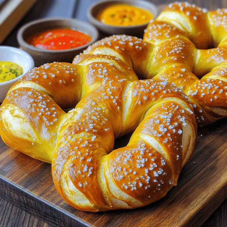 To make tasty soft pretzels, gather these items: - 4 cups all-purpose flour - 1 packet (2 ¼ teaspoons) active dry yeast - 1 ½ cups warm water (110°F) - ¼ cup granulated sugar - 2 teaspoons salt - ½ cup baking soda - 1 large egg, beaten (for egg wash) - Coarse sea salt (for sprinkling) - 1 tablespoon olive oil (for greasing) Choosing the right ingredients matters. Use high-quality all-purpose flour for a better chew. Active dry yeast should be fresh. This ensures proper rising. Coarse sea salt adds crunch and flavor. Avoid table salt; it can be too fine. The warm water must be at the right temperature. Too hot or too cold can harm the yeast. Feel free to get creative! You can add toppings like: - Grated cheese for a cheesy pretzel - Dried herbs like garlic powder or rosemary for extra flavor - Cinnamon sugar for a sweet twist - Sesame seeds or poppy seeds for a unique crunch These additions can make your pretzels even more fun! Start by mixing warm water and sugar in a bowl. The water should be around 110°F. This warmth helps the yeast activate. Next, sprinkle the yeast over the top. Let it sit for about 5 to 10 minutes. You want to see it get frothy. This shows the yeast is alive and ready to work. Once the yeast mixture is frothy, add the flour and salt. Stir them together until you form a dough. Next, you will knead the dough on a floured surface. This takes about 5 to 7 minutes. You want the dough to feel smooth and elastic. After kneading, place the dough in a greased bowl. Cover it with a towel and let it rise in a warm spot for about an hour. The dough should double in size during this time. After the dough has risen, preheat your oven to 450°F. Line a baking sheet with parchment paper. Now, punch down the dough and divide it into 8 equal pieces. Roll each piece into a long rope, about 24 inches. To make the pretzel shape, form a loop and twist the ends together. Press the ends onto the lower part of the loop. Bring 10 cups of water to a boil in a large pot. Add the baking soda to this water. Carefully drop each pretzel into the boiling water for about 30 seconds. Use a slotted spoon to remove them and place them on the baking sheet. Brush each pretzel with a beaten egg and sprinkle coarse sea salt on top. Bake for 12 to 15 minutes, until they turn golden brown. Now, you have warm, soft pretzels ready to enjoy! For the complete recipe, check the Full Recipe section. To get the best soft pretzels, focus on the dough. The right texture helps them rise well. Knead it until smooth and elastic. This takes about 5-7 minutes. Let the dough rise in a warm place. Keep it covered to retain heat. The dough should double in size. This step is key for a fluffy pretzel. Boiling the pretzels is also important. Use a large pot with water and baking soda. Boil each pretzel for 30 seconds. This gives them that nice color and chewiness. Don't skip this step! Many people rush the dough. Don’t skip the rising time. If the dough doesn’t rise enough, pretzels will be dense. Also, be careful with boiling. If you boil too long, they become tough. Make sure to shape the pretzels properly. A twisted shape helps them cook evenly. Another mistake is using too much salt. While salt adds flavor, too much can overpower the taste. Sprinkle lightly before baking. Finally, make sure your oven is hot enough before baking. A preheated oven ensures a great crust. Using the right tools makes a big difference. A large mixing bowl helps combine ingredients well. A clean surface is needed for kneading the dough. A slotted spoon is essential for lifting pretzels from boiling water. Use parchment paper on your baking sheet. This prevents sticking and makes cleanup easy. A baking sheet with low edges works best. It allows air to circulate around the pretzels. Finally, a kitchen towel helps keep the dough warm while it rises. For a detailed recipe, check out the Full Recipe. {{image_2}} Flavored pretzels take your snack to the next level. You can add cheese or garlic to the dough for a tasty twist. For cheese, mix in 1 cup of shredded cheese like cheddar or mozzarella directly into the dough. If you love garlic, add minced garlic to the boiling water or sprinkle garlic powder on top before baking. These flavors blend well with the saltiness of pretzels. If you need a gluten-free option, you can still enjoy pretzels. Use a gluten-free flour blend that works for baking. Make sure to add xanthan gum to help the dough hold together. You will want to follow the same steps in the Full Recipe but replace the all-purpose flour. The texture may vary, but the taste will still be great. Sweet pretzels are perfect for dessert or a treat. After boiling and before baking, brush the pretzels with melted butter. Then, mix sugar and cinnamon in a small bowl. Sprinkle this mix over the pretzels before they go in the oven. You can also dip baked pretzels in a sweet glaze made of powdered sugar and milk for an extra sweet touch. Enjoy these with a hot cup of cocoa or coffee! To keep your pretzels fresh, store them in an airtight container. This will prevent them from getting hard. If you plan to eat them soon, leave them at room temperature for up to 2 days. If you want them to last longer, use the fridge. Just wrap them in plastic wrap first. When you want to enjoy your leftover pretzels, reheating them is key. The best way is to use an oven. Preheat your oven to 350°F (175°C). Place the pretzels on a baking sheet and heat for about 5-10 minutes. This method makes them soft again. You can also microwave them, but they may get chewy. Heat them for about 15-20 seconds. If you want to save your pretzels for later, freezing is a great option. First, let them cool completely. Then, wrap each pretzel in plastic wrap. Place them in a freezer bag or container. They can last up to 3 months in the freezer. To enjoy them later, just thaw them in the fridge overnight and reheat as mentioned. You can find the full recipe for these tasty treats at the beginning of this article. If your pretzels turn out tough or dry, don’t worry! You can fix them. First, check your dough. If you kneaded it too much, it could become tough. Next time, knead just until smooth. If they are baked already, try soaking them in warm water for a few seconds. This may help soften them. You can also brush them with melted butter after baking. This adds moisture and flavor. Yes, you can make pretzel dough in advance! Prepare the dough and let it rise as usual. After the first rise, punch it down and wrap it tightly in plastic wrap. Store it in the fridge for up to 24 hours. When you're ready, let it come to room temperature before shaping. This helps the dough relax and makes it easier to work with. Dipping sauces can enhance your soft pretzel experience. Here are some tasty options: - Mustard: A classic choice, especially spicy or Dijon mustard. - Cheese Sauce: Warm, gooey cheese sauce is a crowd favorite. - Honey Mustard: A sweet and tangy mix that pairs well with pretzels. - Cinnamon Sugar Dip: A sweet treat, perfect for dessert pretzels. - Ranch Dressing: A creamy option that adds a nice flavor contrast. Feel free to get creative! You can mix and match to find your favorite flavors. For the full recipe, check out the Twisted Delight Soft Pretzels section. In this post, we covered everything you need to make perfect pretzels. We discussed key ingredients, step-by-step instructions, and helpful tips for great results. You can explore fun variations to please anyone. Remember to store leftovers right to keep them fresh. Homemade pretzels bring joy and flavor to meals or snacks. Follow these steps, and you’ll impress everyone with your baking skills. Enjoy every bite, and don't forget to share your pretzel creations!