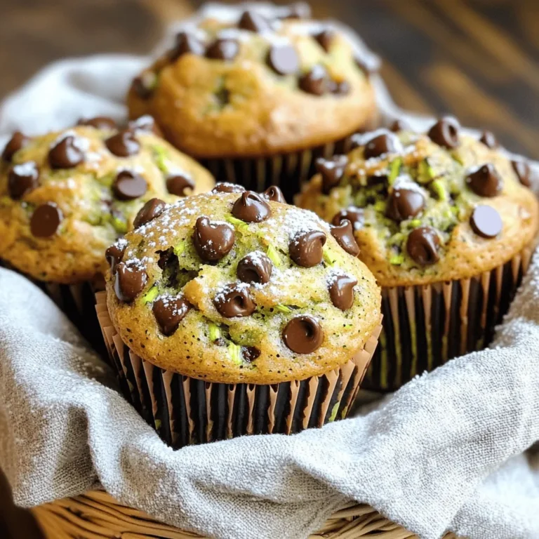 To make tasty zucchini chocolate chip muffins, you need a few key ingredients: - 1 medium zucchini, grated (about 1 cup) - 1 cup all-purpose flour - 1/2 cup whole wheat flour - 1/2 teaspoon baking soda - 1 teaspoon baking powder - 1/2 teaspoon salt - 1/2 teaspoon ground cinnamon - 2 large eggs - 1/2 cup granulated sugar - 1/4 cup brown sugar, packed - 1/3 cup vegetable oil - 1 teaspoon vanilla extract - 1/2 cup semi-sweet chocolate chips - 1/4 cup walnuts or pecans, chopped (optional) These ingredients work together to create muffins that are moist and rich in flavor. The zucchini adds moisture without a strong taste. The chocolate chips bring sweetness and joy to each bite. You can enhance your muffins with some optional ingredients: - 1/2 cup shredded coconut - 1/4 teaspoon nutmeg - 1/2 cup dried fruit, like raisins or cranberries These additions give your muffins a unique spin. Coconut adds a chewy texture, while nutmeg offers a warm spice. Dried fruit adds natural sweetness and a burst of flavor. If you have allergies or dietary needs, there are easy swaps: - Use almond flour instead of all-purpose flour for a gluten-free option. - Replace eggs with flaxseed meal mixed with water for a vegan version. - Swap vegetable oil for applesauce to reduce fat and keep muffins moist. These substitutions help make the recipe more accessible. You can enjoy these muffins no matter your dietary restrictions. For the full recipe, check the cooking instructions above. Start by grating one medium zucchini. You need about one cup of grated zucchini. Place it in a bowl and set it aside. Next, grab a medium bowl. Combine the all-purpose flour, whole wheat flour, baking soda, baking powder, salt, and ground cinnamon in it. Whisk these dry ingredients together. This helps mix them well and adds air. In a large bowl, crack two large eggs. Add half a cup of granulated sugar and a quarter cup of brown sugar to the eggs. Mix these until smooth. Then, pour in one-third cup of vegetable oil and one teaspoon of vanilla extract. Stir until fully combined. Now, take your prepared zucchini and fold it into the wet mixture. Next, slowly add the dry mix to the wet mix. Stir until combined but don't overmix. A few lumps are just fine. Lastly, gently fold in half a cup of chocolate chips and nuts if you want. Preheat your oven to 350°F (175°C). Line a muffin tin with paper liners or grease it lightly. Divide the muffin batter evenly among the cups. Fill each cup about two-thirds full. Place the muffin tin in the oven and bake for 18 to 20 minutes. Check the muffins by inserting a toothpick into the center. If it comes out clean, they are ready. Once baked, let them cool in the pan for five minutes. Then, transfer them to a wire rack to cool completely. Enjoy your moist and tasty zucchini chocolate chip muffins. For the full recipe, check the section above. To keep your muffins light and fluffy, start with the zucchini. After grating, squeeze out extra water using a clean kitchen towel. This step is key. Too much moisture makes muffins soggy. I also recommend using a mix of all-purpose and whole wheat flour. This blend adds nice texture without being too heavy. Measuring ingredients correctly is vital for perfect muffins. Use dry measuring cups for flour and sugar. Fill the cup, then level it off with a straight edge. Avoid packing the flour, as it leads to dense muffins. For liquids, use a liquid measuring cup. Always check at eye level for accuracy. You can boost flavor in your muffins easily. Try adding a pinch of nutmeg or a splash of almond extract. These small tweaks make a big difference. If you want some crunch, fold in walnuts or pecans. Chocolate chips are a must, but you can also use milk or dark chocolate for variety. For the full recipe, check the detailed steps above and enjoy creating your own delicious treats! {{image_2}} To make gluten-free zucchini chocolate chip muffins, swap out regular flour for gluten-free flour. A good blend of almond flour and coconut flour works well. Use 1 cup of gluten-free flour mix. This keeps the muffins light and fluffy. Add a bit of xanthan gum, about 1/2 teaspoon, to help with the texture. Your muffins will be just as tasty and moist! For a vegan version, replace the eggs with flax eggs. Mix 1 tablespoon of ground flaxseed with 2.5 tablespoons of water. This makes one flax egg. You will need two flax eggs for the recipe. Use almond milk or any plant-based milk in place of dairy. The muffins will still be full of flavor but without animal products. You can add fun ingredients to change up the muffins. Try adding 1/2 cup of shredded coconut for a tropical taste. Dried fruits like cranberries or raisins also work well. You can even mix in spices like nutmeg for a warm flavor. If you want a nutty crunch, add chopped almonds or hazelnuts. These twists keep your muffins exciting and new every time! For the full recipe, check out the detailed instructions to get started on your delicious zucchini chocolate chip muffins! To keep your zucchini chocolate chip muffins fresh, store them in an airtight container. Place them at room temperature for up to three days. If you want them to last longer, keep them in the fridge. Just remember that cold can change the texture a bit. Freezing muffins is a smart way to save them. First, let the muffins cool completely. Then, wrap each one in plastic wrap. Place them in a freezer-safe bag or container. They can stay good in the freezer for up to three months. When you're ready to eat, just thaw them at room temperature or heat them in the microwave. Reheating these muffins is easy. For best results, use the oven. Preheat it to 350°F (175°C). Place the muffins on a baking sheet for about 5 to 10 minutes. You can also use a microwave. Heat them for about 15 to 30 seconds. This will make them warm and soft again. Enjoy them fresh like the first day! For the full recipe, check out the section above. Yes, you can use frozen zucchini. Just thaw it first and drain the excess water. Frozen zucchini works well in muffins. It keeps the moisture high, making them soft and tasty. To cut sugar, use less granulated sugar and brown sugar. You can also use ripe bananas or applesauce for natural sweetness. Try this tip: reduce sugar by one-third and taste the batter. Adjust to your liking. You can use several options to replace eggs. Here are some ideas: - 1/4 cup unsweetened applesauce - 1/4 cup plain yogurt - 1/4 cup mashed banana - 1 tablespoon ground flaxseed mixed with 2.5 tablespoons water These swaps work well and keep your muffins moist. For the best results, choose what suits your taste! Check the Full Recipe for more details. You’ve learned how to make delicious zucchini chocolate chip muffins. We covered the important ingredients, from essentials to fun add-ins. I shared clear steps to mix and bake perfectly. Tips helped avoid soggy muffins and added flavor. You can even try gluten-free or vegan twists. Store tips keep your muffins fresh longer. Remember, baking is fun and creative. Enjoy every bite of your tasty treats!