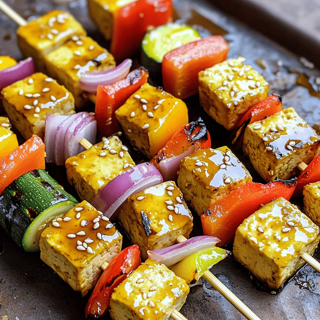 To make teriyaki grilled tofu skewers, you need these main ingredients: - 14 oz firm tofu, pressed and cubed - 1 red bell pepper, cut into chunks - 1 zucchini, sliced into thick rounds - 1 red onion, cut into quarters - Skewers (wooden or metal) These ingredients form the base of your dish. The tofu adds protein, while the veggies bring color and crunch. The marinade gives the skewers their rich flavor. You’ll need: - 1/4 cup soy sauce - 2 tablespoons maple syrup - 1 tablespoon rice vinegar - 1 tablespoon sesame oil - 1 teaspoon minced garlic - 1 teaspoon minced ginger These components work together to create a sweet and savory taste. The garlic and ginger add a nice kick to the marinade. Want to take your skewers up a notch? Try these optional ingredients: - Sesame seeds for garnish Adding sesame seeds on top gives a nice crunch and a lovely finish. You can always experiment with other spices or herbs too. For the full recipe, check out the detailed instructions. To start, gather your ingredients. You need firm tofu, soy sauce, maple syrup, rice vinegar, sesame oil, garlic, ginger, and some fresh veggies. First, whisk the soy sauce, maple syrup, rice vinegar, sesame oil, minced garlic, and minced ginger in a bowl. This mixture is your teriyaki marinade. Cut the tofu into cubes and add them to the bowl. Make sure every cube gets coated in the marinade. Cover the bowl and let it sit for at least 30 minutes. For more flavor, you can marinate it overnight in the fridge. While the tofu marinates, prepare your skewers. If you use wooden skewers, soak them in water for 20 to 30 minutes. This step helps prevent burning on the grill. Next, grab your marinated tofu and some colorful veggies. Cut the red bell pepper into chunks, slice the zucchini into thick rounds, and quarter the red onion. Now, it’s time to assemble. Thread the tofu and veggies onto the skewers, alternating between them. This way, you get a mix of taste and color in each bite. Once your skewers are ready, preheat your grill to medium-high heat. Place the skewers on the grill and cook for 8 to 10 minutes. Make sure to turn them every few minutes. You want the tofu to be golden and the veggies tender. During the last minute, brush any leftover marinade on the skewers for extra flavor. After grilling, let the skewers cool for a minute. Before serving, sprinkle sesame seeds on top for a nice touch. Enjoy your teriyaki grilled tofu skewers! You can find the full recipe in the article. Tofu needs time to soak up flavor. I recommend marinating for at least 30 minutes. For deeper taste, let it sit overnight in the fridge. This helps the tofu absorb the teriyaki sauce really well. Use a large bowl to mix the marinade. Make sure to coat all tofu cubes evenly. You can also add a bit more garlic or ginger for extra zing! Grilling tofu can be tricky. First, preheat your grill to medium-high heat. This gives you a nice sear. If you use wooden skewers, soak them in water for 20-30 minutes. This helps prevent burning. When grilling, turn the skewers every few minutes. This ensures even cooking. Grill for about 8-10 minutes. Look for a golden color on the tofu and tender veggies. Serve these teriyaki grilled tofu skewers hot off the grill. They pair well with jasmine rice or quinoa. You can also add a fresh salad on the side. For a fun twist, try a dipping sauce made from leftover marinade. Just heat it up to kill any bacteria. Garnish with sesame seeds for a nice touch. Enjoy your meal with friends or family for a healthy feast! {{image_2}} If you want to switch up the tofu, try tempeh or seitan. Both have great texture. They soak up the sauce well and bring unique flavors. You can also use chickpeas for a fun twist. They add protein and taste great on skewers. You can mix and match veggies based on what you like. Try cherry tomatoes for sweetness. Mushrooms add a nice umami flavor. Broccoli florets or asparagus spears also work well. Each veggie brings its own taste and texture to the mix. Feel free to play with the marinade too. Swap soy sauce for tamari if you want gluten-free. Add a splash of orange juice for a citrusy kick. You can also use sriracha for some heat. Each variation makes the dish exciting and new! For the full recipe, check the detailed instructions above. If you have uncooked skewers, keep them in the fridge. Use an airtight container. This keeps them fresh until you're ready to grill. You can store them for up to two days. If you use wooden skewers, soak them in water before storing. This helps them stay moist and prevents burning. After cooking, let the skewers cool down. Place leftover tofu skewers in a container. Seal it tightly to keep the flavors locked in. You can store them in the fridge for up to three days. For longer storage, wrap them in foil and freeze. This way, you can enjoy them later. To reheat your leftover skewers, use a grill or oven. Preheat the grill to medium heat. Place the skewers on the grill for about five minutes. Turn them to heat evenly. If you use an oven, set it to 350°F. Bake for about 10 minutes. This warms them through without drying them out. Enjoy your tasty meal again! For the full recipe, check out the Teriyaki Grilled Tofu Skewers section. You should marinate the tofu for at least 30 minutes. This time allows the tofu to soak up the flavors of the teriyaki marinade. For a richer taste, you can marinate it overnight in the fridge. This extra time gives the tofu a deeper flavor. Yes, you can make teriyaki grilled tofu skewers in the oven. Preheat your oven to 400°F (200°C). Place the skewers on a baking sheet lined with parchment paper. Bake for about 20-25 minutes, turning halfway. This method will give you delicious skewers without a grill. Many sides go well with teriyaki grilled tofu skewers. Here are some great options: - Steamed rice or quinoa - Stir-fried vegetables - A fresh green salad - Pickled ginger or cucumber salad These sides add balance and color to your meal. To prevent burning, soak wooden skewers in water for 20-30 minutes before grilling. This soaking helps keep them from catching fire. Also, grill on medium-high heat and turn the skewers regularly. Keep an eye on them to ensure even cooking. For the full recipe, check out the detailed instructions above. Enjoy your cooking! Teriyaki grilled tofu skewers are a fun, tasty dish you can make easily. You learned about the main ingredients and how to prepare the marinade. I shared tips for grilling and serving. You also explored variations and storage tips for leftovers. Now, you can enjoy delicious skewers any time. With practice, you'll perfect your grilling skills. Enjoy sharing this dish with family and friends!