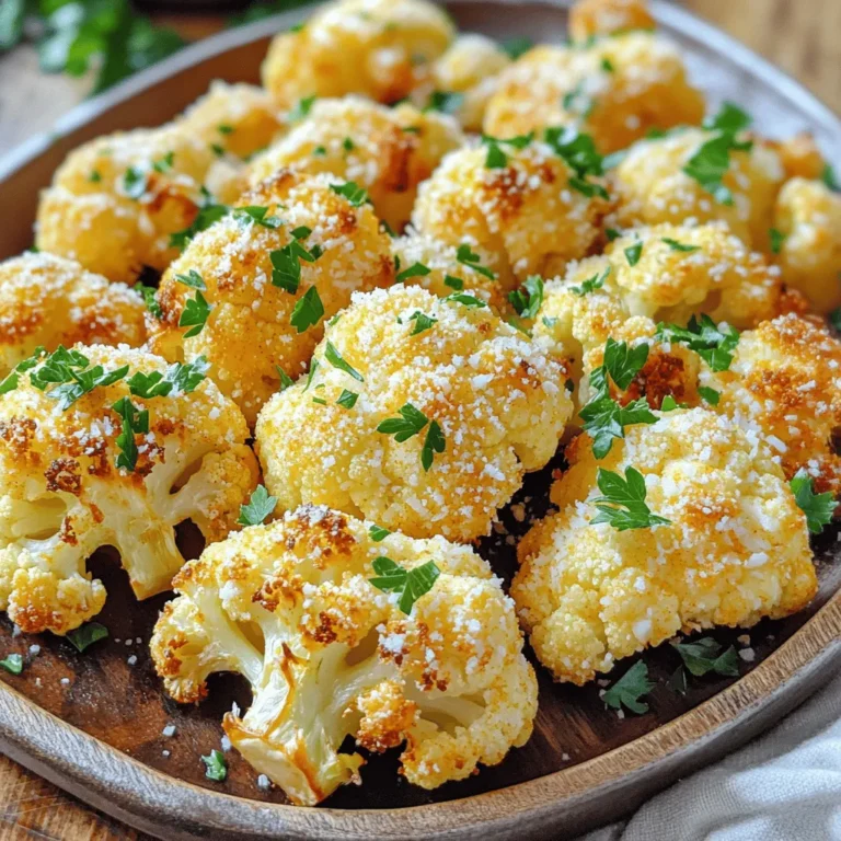 - 1 large head of cauliflower - 3 tablespoons olive oil - 1 cup grated Parmesan cheese - 2 teaspoons garlic powder - 1 teaspoon onion powder - 1 teaspoon smoked paprika - Salt and black pepper to taste - Fresh parsley, chopped Gathering the right ingredients is key to making Parmesan roasted cauliflower. Start with one large head of cauliflower. Cut it into small florets. This shape helps the cauliflower cook evenly and get that crispy texture we love. Next, you'll need three tablespoons of olive oil. It adds healthy fat and helps the cheese stick. You'll also need one cup of grated Parmesan cheese. This cheese gives a salty, nutty flavor. Now, let’s talk seasonings. You’ll want two teaspoons of garlic powder for that aromatic kick. One teaspoon of onion powder adds sweetness. Smoked paprika, at one teaspoon, brings a nice depth of flavor. Don’t forget salt and black pepper to taste. These simple seasonings make the dish shine. Finally, fresh parsley will be your garnish. It adds color and a fresh taste. This ingredient list is simple but powerful. You can find the full recipe for more details on prep and baking. Enjoy your cooking! 1. First, preheat your oven to 425°F (220°C). This heat helps the cauliflower become crispy. 2. Next, line a baking sheet with parchment paper. This makes for easy cleanup. 3. In a large bowl, toss the cauliflower florets with 3 tablespoons of olive oil. Make sure every piece is coated well. 1. In a small bowl, combine 1 cup of grated Parmesan cheese, 2 teaspoons of garlic powder, 1 teaspoon of onion powder, and 1 teaspoon of smoked paprika. 2. Add salt and black pepper to taste. Mix well to combine all the flavors. 3. Sprinkle the Parmesan mixture over the cauliflower. Toss until each floret is evenly coated with the seasoning mix. 1. Spread the seasoned cauliflower in a single layer on your prepared baking sheet. 2. Roast in the oven for 25-30 minutes. Flip the cauliflower halfway through cooking. This ensures even browning. 3. Once the cauliflower is golden brown and tender, remove it from the oven. Let it cool slightly. 4. For a final touch, garnish with fresh chopped parsley before serving. For the complete details, check the [Full Recipe]. To get crispy cauliflower, start by cutting the florets into similar sizes. This helps them cook evenly. Toss the florets with olive oil until they are well coated. Use enough oil to help with crisping but don’t drown them. For perfect tenderness, roast the cauliflower at 425°F (220°C). This high heat gets a nice brown color while keeping the inside soft. Flip the florets halfway through cooking for even browning. Use a nice serving platter to show off your roasted cauliflower. A sprinkle of fresh parsley adds a pop of color. Drizzle a little olive oil on top for extra shine and flavor. This dish pairs well with grilled chicken or fish. It also goes great with a hearty salad for a fresh meal. Sometimes, cauliflower can get soggy. Avoid this by not overcrowding the baking sheet. If they are too close, steam builds up, which makes them soft. If the edges burn, check your oven temperature. You might need to lower it slightly. For more flavor, try adding lemon zest or a squeeze of lemon juice before serving. This brightens up the dish beautifully. {{image_2}} You can spice things up with chili flakes for a kick. This simple addition makes a bold flavor. You can also try herbs like thyme or rosemary. These fresh herbs add a nice touch and depth. If you want a twist, try using cheddar or goat cheese. These options bring a new taste to the dish. For those who prefer dairy-free, there are great vegan cheeses. These can mimic the creamy texture of Parmesan. Feel free to mix in other veggies like broccoli or bell peppers. This adds color and nutrition to your meal. You can also toss in nuts or seeds for extra crunch. Almonds or sunflower seeds work well here. You can customize this dish to fit your taste and diet. For the full recipe, check out the detailed instructions above. To keep your Parmesan roasted cauliflower fresh, store it in an airtight container. This helps lock in moisture and flavor. You can use glass or plastic containers with tight lids. Make sure the cauliflower is completely cool before sealing it. If you want to keep it extra fresh, place a paper towel inside the container. This absorbs extra moisture. The best way to reheat your leftovers is in the oven. Preheat the oven to 350°F (175°C). Place the cauliflower on a baking sheet and heat for about 10-15 minutes. This keeps the cauliflower crispy. You can also use an air fryer for a quicker option. Just set it to 350°F and heat for about 5-7 minutes. If you want to freeze the cauliflower, store it in a freezer-safe bag. It can last up to 3 months. Just remember to let it cool completely before freezing. Your Parmesan roasted cauliflower lasts about 3-5 days in the fridge. Always check for signs of spoilage. Look for a slimy texture or an off smell. If you notice either, it’s best to toss it out. Enjoy your dish while it's fresh for the best taste! For more details, check the full recipe. You can use several alternatives for Parmesan cheese. Here are some great options: - Nutritional yeast for a cheesy flavor and vegan diet. - Pecorino Romano for a similar taste with a sharper bite. - Grana Padano, which is less salty and creamy. These substitutes work well in the Parmesan Roasted Cauliflower recipe. Just keep in mind the flavor may change slightly. Yes, you can prep this dish in advance! Here are some tips: - Cut the cauliflower into florets and store them in the fridge. - Mix the seasoning and cheese ahead of time. - Combine the cauliflower and seasoning just before roasting for the best flavor. This way, you save time and still enjoy a fresh, crunchy dish! Absolutely! Grilling adds a nice smoky flavor. Here’s how to do it: 1. Preheat your grill to medium-high heat. 2. Toss the seasoned cauliflower in a grill-safe basket or on skewers. 3. Grill for about 10-15 minutes, turning occasionally until tender and charred. This method gives you a tasty twist on the original recipe! You can easily lighten up this dish. Consider these changes: - Use less Parmesan cheese or a lower-fat version. - Swap olive oil for a cooking spray or reduce the amount used. - Add more veggies like bell peppers or zucchini for volume without many calories. These tweaks help you enjoy a delicious and healthy Parmesan Roasted Cauliflower! For the full recipe, check out the detailed cooking instructions. This blog post covered how to make Parmesan Roasted Cauliflower. We explored the main ingredients, seasonings, and garnishes needed for the dish. I also provided a step-by-step guide for preparation and roasting. Plus, I shared cooking tips and flavor variations to elevate your meal. In summary, with proper storage and reheating tips, you can enjoy this dish multiple times. Experiment with alternatives and enjoy the crispy, cheesy goodness of roasted cauliflower!