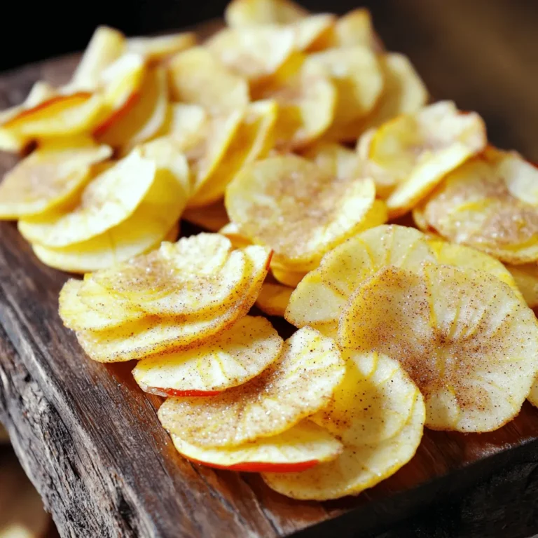 To make easy cinnamon apple chips, you need a few key items: - 2 large apples (preferably Honeycrisp or Fuji) - 1 teaspoon ground cinnamon - 1 tablespoon sugar (optional, adjust based on preference) - Pinch of salt These simple ingredients bring out the natural sweetness of the apples while adding a warm spice. Not all apples work well for chips. Some apples keep their shape and flavor better during baking. I recommend: - Honeycrisp: They are sweet and crisp. - Fuji: These apples are juicy and hold up well. - Gala: If you like a milder flavor, Gala apples are great. Each of these varieties offers a unique taste and texture. You can enhance your apple chips with a few extra ingredients: - Nutmeg: A pinch adds warmth. - Vanilla extract: A dash gives a sweet aroma. - Brown sugar: For a richer sweetness, this works well. Feel free to mix and match these options to create your perfect apple chip! For the full recipe, check out the details above. To start, gather your ingredients. You need two large apples, cinnamon, sugar, and salt. I recommend using Honeycrisp or Fuji apples. They are sweet and crunchy. Wash the apples under cold water to remove any dirt. Next, core the apples. You can slice them using a mandoline slicer or a sharp knife. Aim for slices about 1/8 inch thick. Thin slices cook better and get crispier. Now it’s time to bake. Preheat your oven to 225°F (110°C). While it warms, line two baking sheets with parchment paper. Lay the apple slices in a single layer on the sheets. Make sure they do not touch. This helps them cook evenly. In a small bowl, mix the cinnamon, sugar, and salt. Lightly sprinkle this mix over the apple slices. Bake them for about 1.5 to 2 hours. Flip the slices halfway through. This ensures both sides get crispy. When they look dry and crisp, they are ready. After baking, turn off the oven. Leave the chips inside for another 30 minutes. This step helps them crisp up even more. Once they cool, they become even crunchier. You can enjoy your apple chips right away. Store any leftovers in an airtight container. For more details, check the Full Recipe. Choosing the right apples is key. I recommend using Honeycrisp or Fuji apples. These apples are sweet and crisp. They slice well and bake beautifully. Look for apples that feel firm and have smooth skin. Avoid any apples with bruises or soft spots. Fresh apples make the best chips. To get the perfect crunch, slice the apples evenly. Use a mandoline slicer if you have one. Aim for slices about 1/8 inch thick. This helps them cook evenly. Lay the slices on the baking sheet without overlap. If they touch, they won't crisp up. Flipping them halfway through baking also helps with even cooking. Watch out for a few common mistakes. First, do not skip the salt. A pinch of salt enhances flavor. Second, avoid using too much sugar. It can make the chips sticky instead of crisp. Lastly, don’t rush the baking time. Low and slow is best for crisp apple chips. Following these tips will lead to a delightful snack! {{image_2}} You can add more spice to your apple chips. Try using nutmeg or ginger for a warm kick. Mix one teaspoon of nutmeg with the cinnamon. You can also add a bit of vanilla extract for extra flavor. Just brush it on the apple slices before baking. Your apple chips will taste unique and delicious! If you want to change the sweetness, you have options. Use brown sugar for a deeper flavor. Coconut sugar is another great choice. For a healthier option, try honey or maple syrup. Just remember, if you use liquid sweeteners, reduce the amount of liquid in the recipe. This will keep the chips crispy. You don’t have to use an oven! An air fryer can make crispy apple chips in less time. Set your air fryer to 300°F (150°C) and cook for 15 to 20 minutes. Keep an eye on them to avoid burning. A dehydrator is another option. It takes longer but keeps flavors intact. Set it to 135°F (57°C) and dry for 6 to 8 hours. Both methods work well and give you crunchy snacks! For the full recipe, check out the details above. Enjoy your easy cinnamon apple chips! After making your Easy Cinnamon Apple Chips, let them cool completely. Store them in an airtight container. This keeps them fresh and crunchy. You can use a glass jar or a plastic bag. Make sure to squeeze out the air before sealing. If you want to keep them longer, toss in a small packet of silica gel to absorb moisture. Homemade apple chips can last up to two weeks when stored right. After that, they may lose their crunch. To check freshness, feel the chips. If they feel soft, it's time to use them soon. For the best taste, eat them within the first week. If your apple chips are not as crispy as you want, don't worry! You can re-crisp them easily. Preheat your oven to 200°F (93°C). Spread the soft apple chips on a baking sheet. Bake them for about 10 minutes. Keep an eye on them to avoid burning. This simple trick will bring back their delightful crunch! For the full recipe, check out the Crispy Cinnamon Apple Chips section. Easy Cinnamon Apple Chips can last up to two weeks. Store them in an airtight container. This keeps them fresh and crunchy. If you notice them softening, they may need to be eaten quickly. For the best taste, enjoy them within the first week. Yes, you can make this recipe without sugar. The apples already have natural sweetness. Just use cinnamon and a pinch of salt. You might find the chips just as tasty without added sugar. Experimenting is part of the fun! I recommend using Honeycrisp or Fuji apples. They are sweet and crisp, which makes great chips. You can also try Granny Smith for a tart flavor. The key is to choose apples that are firm and fresh. This helps ensure a crunchy final product. For more insights on creating perfect chips, check out the Full Recipe. Making your own cinnamon apple chips is simple and rewarding. We covered essential ingredients, including the best apple varieties. You learned step-by-step instructions for prep and baking. We shared tips to avoid common mistakes. There are fun variations to try, like adding spices or using an air fryer. Remember to store your chips well for freshness. This easy snack is fun to make, and it lets you enjoy crisp apples anytime. Now, you can create delicious apple chips at home with ease!
