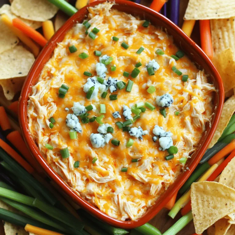 - 2 cups cooked chicken, shredded - 1 cup cream cheese, softened - 1 cup ranch dressing - 1 cup buffalo sauce - 1 cup shredded cheddar cheese - 1/2 cup crumbled blue cheese (optional) - 1/4 cup green onions, chopped - Serving suggestions: Tortilla chips or veggie sticks When making Buffalo Ranch Chicken Dip, you want the best flavors. The key is using fresh, quality ingredients. Start with cooked chicken. I prefer rotisserie chicken for its ease and flavor. Shred it into bite-sized pieces for easy mixing. Next, cream cheese plays a big role. It brings a rich, creamy texture. Make sure it’s softened. This helps it mix well with other ingredients. Ranch dressing adds a tangy flavor. You can make your own or use store-bought for convenience. Buffalo sauce gives the dip its signature kick. You can choose mild or hot based on your taste. For a cheesy touch, use shredded cheddar cheese. If you like blue cheese, add crumbled blue cheese for extra depth. Finally, chop some green onions for a fresh garnish. They add color and a mild onion flavor. Serve the dip with tortilla chips or veggie sticks for a crunchy contrast. This recipe is a crowd-pleaser that everyone will love. For the complete recipe, check out the Full Recipe section. - Preheat your oven to 350°F (175°C). - In a large bowl, mix the cream cheese, ranch dressing, and buffalo sauce. - Stir in the shredded chicken until it’s well coated. - Fold in the shredded cheddar cheese and blue cheese, if you like it spicy. - Carefully transfer the dip mixture to a baking dish and spread it evenly. - Bake in the preheated oven for 20-25 minutes. Look for bubbling edges. - Once done, remove it from the oven and let it cool for a few minutes. - Garnish with chopped green onions before serving. You can find the full recipe for Buffalo Ranch Chicken Dip in the previous sections. Enjoy every cheesy, spicy bite! To make the best Buffalo Ranch Chicken Dip, start with room temperature cream cheese. It mixes easier and blends well with the other ingredients. If you want to change the heat level, adjust the buffalo sauce. Add less for a milder flavor or more for a spicy kick. Serve the dip right after baking. This keeps the flavors fresh and tasty. You can pair it with a variety of dippers. Try tortilla chips, veggie sticks, or even pita bread. Each option adds a unique twist to your meal. Feel free to get creative! You can add spices like garlic powder or cayenne for extra flavor. You can also mix in other cheese types. Cheddar, Monterey Jack, or even pepper jack can make your dip special. For the full recipe, check out the detailed instructions above. {{image_2}} You can switch up the taste of Buffalo Ranch Chicken Dip. For a spicy kick, try making a Spicy Buffalo Ranch Chicken Dip. Just add more buffalo sauce or toss in some chopped jalapeños. This extra heat will thrill those who love spice. Another option is a Smoky BBQ Chicken Dip. Replace buffalo sauce with your favorite barbecue sauce. The smoky notes will give it a rich flavor. This dip works well at parties and is a great twist on the classic. If you're looking for a vegan option, you can swap out the cheese. Use a vegan cream cheese and a plant-based ranch dressing. This way, everyone can enjoy the dip without missing out. For those wanting to cut calories, try low-fat cream cheese and dressing. This keeps the dip creamy and tasty while being lighter. You won't lose any flavor, just some guilt! Get creative with how you serve your dip! Mini bread bowls are fun and bite-sized. Just hollow out small rolls, fill them with the dip, and bake. You can also use the dip as a topping for baked potatoes. Just spoon it over a hot potato and let it melt. This makes for a hearty meal or snack. For the full recipe, check out the instructions above! To keep your Buffalo Ranch Chicken Dip fresh, refrigerate it in an airtight container. Make sure the lid seals well to prevent air from getting in. This will help maintain its creamy texture and bold flavors. You can freeze this dip if you have extra. Just place it in a safe container. Make sure to leave some space at the top, as the dip may expand when frozen. To reheat, simply thaw it in the fridge overnight. Then, warm it in the oven at 350°F (175°C) until hot, about 20 minutes. In the fridge, this dip lasts for about 3 to 5 days. Always check for any signs of spoilage before eating. If it smells off or looks strange, it’s best to toss it. Enjoy your Buffalo Ranch Chicken Dip while it's fresh for the best taste! Can I make Buffalo Ranch Chicken Dip ahead of time? Yes, you can make this dip ahead. Mix all the ingredients and store it in the fridge. Bake it just before serving. This helps the flavors meld together nicely. What can I use instead of ranch dressing? You can use blue cheese dressing or Caesar dressing. Each adds a unique taste. Experiment to find your favorite flavor! How can I make it spicier? To add heat, use hot buffalo sauce or add cayenne pepper. You can also mix in diced jalapeños for extra spice. Adjust to your heat level. Is it okay to use rotisserie chicken? Yes, rotisserie chicken works great! It saves time and adds great flavor. Just shred the chicken before mixing it into the dip. How do I know when the dip is done baking? The dip is done when it bubbles and the top is lightly golden. A nice golden color means it’s ready to enjoy! What drinks pair well with Buffalo Ranch Chicken Dip? Pair it with light beers or fizzy drinks. A cold soda or a crisp white wine also works well. These drinks balance the dip's rich flavors. Can this dip be served cold? While it’s best served warm, you can enjoy it cold too. It still tastes good, but warm is where the magic happens! You now have everything you need to make an amazing Buffalo Ranch Chicken Dip. We covered the key ingredients, step-by-step instructions, and tips for the best results. You can customize the flavors to your taste and even adapt for dietary needs. Remember to store leftovers properly for later. Enjoy this dip at your next gathering or as a tasty snack. Keep experimenting with different dippers and variations. You’ll always impress your friends and family with this simple yet delicious dish!