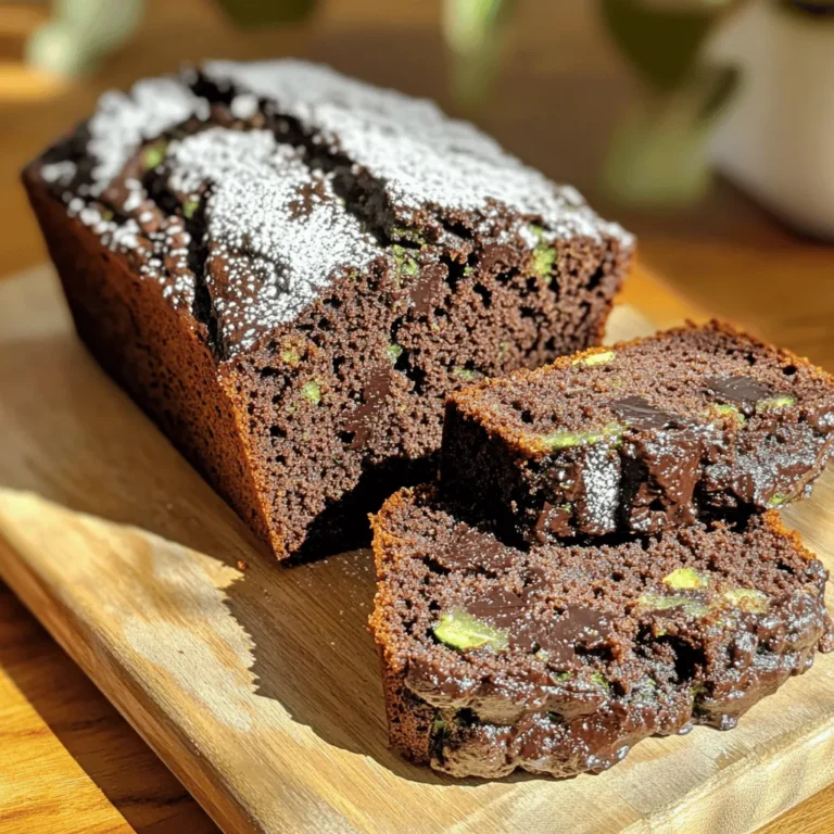 - 1 medium zucchini, grated - 1 cup whole wheat flour - 1/2 cup unsweetened cocoa powder - 1/2 teaspoon baking soda - 1/2 teaspoon baking powder - 1/4 teaspoon salt - 1/2 cup maple syrup or honey - 1/4 cup unsweetened applesauce - 2 large eggs - 1 tablespoon vanilla extract These main ingredients form the base of our healthy chocolate zucchini bread. The grated zucchini adds moisture and nutrition without a strong flavor. Whole wheat flour and cocoa powder give it a rich, chocolatey taste while boosting fiber. The sweeteners, like maple syrup or honey, create a natural sweetness. Eggs help bind everything together. - 1/2 cup dark chocolate chips (optional) - 1/4 cup chopped walnuts or pecans (optional) You can enhance your bread with optional ingredients. Dark chocolate chips add a decadent touch. Chopped nuts offer a crunchy contrast to the soft bread. Both options make the dish more fun and tasty. - Alternative flours or sweeteners - Dairy-free options If you need to make changes, you can use different flours, like almond or oat flour. For sweeteners, you might try agave syrup or coconut sugar. If you want a dairy-free version, swap the eggs for flax eggs. Just mix one tablespoon of ground flaxseed with three tablespoons of water and let it sit for five minutes. This will make a great binding agent! Start by prepping your zucchini. Grate one medium zucchini and set it aside. This will add moisture and nutrients to your bread. In a large bowl, mix the grated zucchini with 1/2 cup of maple syrup, 1/4 cup of unsweetened applesauce, 2 large eggs, and 1 tablespoon of vanilla extract. Stir until everything blends well. Next, prepare your dry ingredients. In another bowl, whisk together 1 cup of whole wheat flour, 1/2 cup of unsweetened cocoa powder, 1/2 teaspoon of baking soda, 1/2 teaspoon of baking powder, and 1/4 teaspoon of salt. This mix will give your bread a nice rise and rich chocolate flavor. Slowly add this dry mixture to the wet ingredients. Stir gently until just combined. Be careful not to over mix, as this keeps your bread fluffy. Now it's time to bake! Pour the batter into a greased 9x5-inch loaf pan. Use a spatula to smooth the top. This helps it bake evenly. Preheat your oven to 350°F (175°C) before placing the pan inside. Bake the bread for 45 to 50 minutes. To check if it's done, insert a toothpick into the center. If it comes out clean, your bread is ready! Once baked, remove the bread from the oven. Let it cool in the pan for 10 minutes. Then, transfer it to a wire rack to cool completely. This prevents sogginess. For a fun presentation, slice the bread and serve it warm. You can dust a little powdered sugar on top or spread some nut butter for extra flavor. Enjoy every bite! Don't forget to check out the Full Recipe for more tips and details. To make your Healthy Chocolate Zucchini Bread moist, you need to use grated zucchini. Grate it finely and measure it after grating. This ensures you add the right amount. Zucchini adds moisture without a strong flavor, so don’t skip it. Avoid overmixing the batter. Stir the wet and dry ingredients together gently. Mix just until you see no dry flour. Overmixing can make the bread dense and tough, not fluffy. You can enhance the flavor by adding spices or extracts. Cinnamon or nutmeg pairs well with chocolate and zucchini. Just a pinch can elevate the taste. Feel free to mix in dark chocolate chips or nuts. These add texture and extra flavor. Fold them in gently to keep your batter light and airy. Zucchini is a great source of vitamins and minerals. It adds fiber and helps keep the bread moist. This veggie also contains antioxidants, which are good for your health. Using whole wheat flour boosts the nutrition. Whole grains provide more fiber than white flour. This makes your bread heartier and more filling. You can feel good about enjoying this tasty treat. For the full recipe, check out the link for Healthy Chocolate Zucchini Bread. {{image_2}} You can play with flavors in your healthy chocolate zucchini bread. Here are a couple of fun ideas: - Chocolate mint zucchini bread: Add a few drops of peppermint extract. This gives a fresh, minty taste that pairs well with chocolate. - Spicy chocolate zucchini bread: Mix in a dash of cayenne pepper or cinnamon. It adds warmth and a unique twist to the classic recipe. Changing the texture can make your bread even more exciting. Here are some options: - Adding oats or seeds: Stir in rolled oats or chia seeds. This boosts fiber and gives a hearty bite to your bread. - Adjusting thickness with additional ingredients: If you want a thicker bread, add more flour or cocoa powder. For a moister bread, try adding a bit more applesauce. Making this recipe fit your diet is easy. Here are some suggestions: - Gluten-free adjustments: Replace whole wheat flour with a gluten-free flour blend. This way, you can enjoy your bread without worry. - Vegan alternatives: Swap out the eggs for flaxseed meal or applesauce. Use a plant-based sweetener like maple syrup to keep it vegan-friendly. Feel free to explore these variations to make the healthy chocolate zucchini bread your own. You can find the full recipe to get started! To keep your Healthy Chocolate Zucchini Bread fresh, store it in an airtight container. You can place it in the pantry or the fridge. If you choose the pantry, the bread stays best for about three days. In the fridge, it can last up to a week. To keep it moist, wrap it tightly in plastic wrap before placing it in the container. For longer storage, freezing is your best bet. Slice the bread into individual pieces and wrap each slice in plastic wrap. Then, place the wrapped slices in a freezer bag. This method helps keep the bread fresh and easy to grab. When you're ready to enjoy it, simply take a slice out and let it thaw at room temperature. For the best texture, you can also warm it in the oven for a few minutes. At room temperature, the Healthy Chocolate Zucchini Bread lasts about three days. When refrigerated, it can stay fresh for up to a week. If you freeze it, you can expect the bread to last for about three months. This makes it a great option for meal prep or a quick treat later on. Can I use frozen zucchini for this recipe? Yes, you can use frozen zucchini. Just thaw it first and drain any extra water. Frozen zucchini will work well, but fresh is best. How can I tell if the bread is done baking? To check if it’s done, insert a toothpick in the center. If it comes out clean, the bread is ready. If it has batter on it, bake for a few more minutes. What are the health benefits of zucchini in baked goods? Zucchini adds moisture while being low in calories. It also provides fiber, vitamins, and minerals. This makes your baked goods healthier without losing flavor. Is this recipe suitable for diabetic diets? This recipe can fit into a diabetic diet if you control portion sizes. Use maple syrup or honey wisely to keep sugars balanced. Always consult a doctor for personal advice. Can I reduce the sugar in this recipe? Yes, you can cut the sugar down. Try using half the amount, or replace some with mashed banana for natural sweetness. How to make a smaller or larger batch of healthy chocolate zucchini bread? To adjust the batch size, simply halve or double the ingredients. Keep the baking time the same for a larger loaf, but start checking for doneness a bit earlier. This blog post covered how to make healthy chocolate zucchini bread. We explored ingredients, baking steps, and tips for success. You learned about substitutions, variations in flavor and texture, and how to store your bread for freshness. Keep experimenting with ingredients and flavors. Each tweak offers a new way to enjoy this treat. With practice, you'll master this recipe and impress anyone who tastes it. Enjoy baking your healthy chocolate zucchini bread!