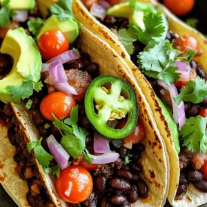 - 2 cans black beans, rinsed and drained - 1 tablespoon olive oil - 1 small red onion, finely chopped - 2 cloves garlic, minced - 1 jalapeño, seeded and diced - 1 teaspoon ground cumin - 1 teaspoon smoked paprika - Salt and pepper to taste - 1 cup corn kernels (fresh or frozen) - 1 avocado, sliced - 1 cup cherry tomatoes, halved - Fresh cilantro, for garnish - Small corn or flour tortillas You can add more heat with extra jalapeños or even some chili powder. If you love tanginess, consider adding lime juice. Pickled onions also give a nice crunch and flavor. For a creamier texture, try adding a dollop of sour cream or Greek yogurt. You can also add cheese, like feta or cotija, for richness. Black beans are a great source of protein and fiber. They help keep you full and satisfied. Avocados provide healthy fats and vitamins. They add creaminess to your tacos. Corn adds a sweet crunch and extra fiber. Red onions have antioxidants and provide a sharp taste. Overall, these ingredients make a balanced meal. For the full recipe, check out the detailed steps to make these delicious tacos! First, gather your ingredients. You will need two cans of black beans, olive oil, a small red onion, garlic, a jalapeño, ground cumin, smoked paprika, salt, pepper, corn, an avocado, cherry tomatoes, fresh cilantro, and tortillas. Rinse and drain the black beans. Chop the onion, mince the garlic, and dice the jalapeño. If you use frozen corn, no need to prep it. Heat a skillet over medium heat. Add one tablespoon of olive oil. Toss in the chopped onion and cook it until soft, about three to five minutes. Next, stir in the minced garlic and diced jalapeño. Cook them for about two minutes until they smell great. Add the black beans, cumin, smoked paprika, salt, and pepper to the skillet. Stir well and let it cook for five to seven minutes. If you're using frozen corn, add it in the last two minutes of cooking. If fresh, add it earlier. Mix everything well so the flavors blend. Now it's time to build your tacos. Heat the tortillas in a separate pan for about 30 seconds on each side. This warms them up and makes them soft. Spoon the black bean mixture onto each tortilla. Top it with slices of avocado, halved cherry tomatoes, and a sprinkle of fresh cilantro. Serve your tacos warm and feel free to add lime wedges for extra zest. For the full recipe, you can check the complete instructions above. To make your Spicy Black Bean Tacos really pop, focus on fresh ingredients. Use ripe avocados and sweet tomatoes. The spices are key, too. I love using smoked paprika for a deep, rich taste. Add a squeeze of lime juice just before serving. It brightens the dish and adds zest. Having the right tools makes cooking easier. A good skillet is essential for sautéing the onion and garlic. I recommend a wooden spoon to stir the beans gently. Tongs are great for flipping tortillas. Lastly, a sharp knife helps you dice the jalapeño safely. One mistake is not rinsing the black beans. Rinsing removes excess salt and improves taste. Another error is overcooking the beans. You want them warm, not mushy. Lastly, don’t skip the toppings. Fresh cilantro and avocado add flavor and texture. For the full recipe, check out the section above. {{image_2}} You can easily adjust the heat in your tacos. If you love spice, add more jalapeños or a dash of hot sauce. For a milder taste, skip the jalapeños and use bell peppers instead. You can also add a pinch of cayenne pepper for warmth without too much heat. This lets you enjoy tacos at your comfort level. These tacos are already vegan and can be gluten-free. Just check your tortillas. Use corn tortillas for a gluten-free choice. You can also add more veggies, like zucchini or bell peppers, for extra flavor and texture. If you need protein, add some quinoa. It pairs well with black beans. Toppings make your tacos special. Try adding fresh lime juice for a zesty kick. Diced red onion or pickled onions add crunch and flavor. If you want creaminess, use cashew cream or dairy-free sour cream. For a bright taste, fresh salsa or pico de gallo works great. Get creative and mix your favorites. For the full experience, don't forget to check out the Full Recipe! To keep your leftover tacos fresh, store them in an airtight container. Place the filling and tortillas separately. This way, the tortillas won’t get soggy. You can keep them in the fridge for up to three days. If you want to keep them longer, freeze the filling. To freeze the black bean taco filling, let it cool first. Transfer it to a freezer-safe container. Label the container with the date. You can freeze it for up to three months. When you’re ready to eat, just thaw it in the fridge overnight before reheating. To reheat the filling, place it in a skillet over medium heat. Stir occasionally until warm. For tortillas, heat them in a dry skillet for about 30 seconds on each side. You can also microwave them for about 15-20 seconds. Assemble your tacos again and enjoy! For the full recipe, check out the details above. The best beans for tacos are black beans. They have a rich flavor and smooth texture. You can also use pinto beans for a different taste. Both types are high in protein and fiber. They add great nutrition to your meal. Yes, you can use different tortillas. Corn tortillas are classic and gluten-free. Flour tortillas are softer and more flexible. You can even try whole wheat or spinach tortillas for a twist. Choose what you like best! To make these tacos more nutritious, add fresh veggies. You can include spinach, bell peppers, or zucchini. These ingredients boost vitamins and minerals. You can also use whole grain tortillas for extra fiber. Adding more toppings like avocado can help too. If you need a substitute for black beans, try kidney beans or chickpeas. Both options have a nice texture and taste. They will change the flavor a bit, but still work well. Use what you have on hand! Yes, this recipe is great for meal prep. The black bean mixture stores well in the fridge. You can make it ahead of time and warm it up. Just keep the tortillas separate to stay fresh. This makes it easy to enjoy later! For a full recipe, check out the Spicy Black Bean Tacos section. We covered everything you need for tasty black bean tacos. From key ingredients to easy steps, I shared tips for great flavor. Plus, I gave ideas for variations and storage. Remember, you can customize your tacos to fit your taste. Avoid common mistakes for the best results. With this guide, you can enjoy delicious tacos at home. Now, get cooking and have fun with your meal!