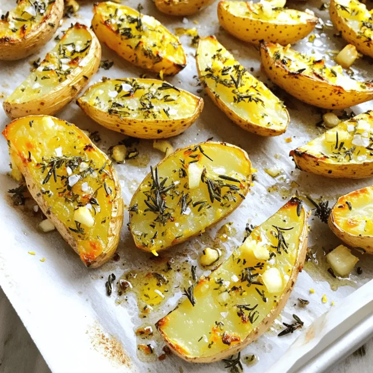To make delicious Garlic Herb Roasted Fingerling Potatoes, you need just a few key items. Here’s what you will need: - 1.5 pounds fingerling potatoes, halved lengthwise - 4 cloves garlic, minced - 3 tablespoons olive oil - 1 tablespoon fresh rosemary, chopped - 1 tablespoon fresh thyme, chopped - 1 teaspoon sea salt - ½ teaspoon black pepper - Zest of 1 lemon These ingredients are simple, but they create a wonderful taste. The fingerling potatoes give a nice texture, while garlic adds a rich flavor. Apart from the main ingredients, a few seasonings can elevate the dish. I recommend using: - Sea salt for balanced flavor - Black pepper for warmth - Fresh rosemary for a woodsy aroma - Fresh thyme for a hint of earthiness These herbs and spices work well together. They bring out the best in the potatoes and make them taste gourmet. You can customize your dish with some optional add-ins. Here are a few ideas: - Crushed red pepper for spice - Parmesan cheese for a savory twist - Other herbs like parsley or dill for freshness These add-ins can change the flavor profile. Feel free to experiment based on your taste preferences. For the full recipe, check out the instructions above. First, wash the fingerling potatoes well under cold water. Scrub them gently to remove any dirt. Then, slice them in half lengthwise. This helps them cook evenly. Place the cut potatoes into a large bowl. Now, add the minced garlic to the bowl with the potatoes. Next, pour in the olive oil. Sprinkle in the fresh rosemary and thyme. Then, add the sea salt, black pepper, and lemon zest. Toss everything together. Make sure all the potatoes get coated well. This mix brings out great flavors in the dish. Preheat your oven to 425°F (220°C). Spread the coated potatoes on a baking sheet lined with parchment paper. Arrange them cut side down for the best crisp. Roast them in the oven for 25-30 minutes. Flip the potatoes halfway through. This step helps them cook evenly. Look for a golden color and a tender inside. When done, take them out and let them cool for a few minutes. Adjust seasoning if needed. Serve hot for a delightful treat! For the complete recipe, check out the [Full Recipe]. To get that perfect crispiness, choose small fingerling potatoes. They have thin skins that roast well. Cut them in half lengthwise. This allows the cut side to get nice and brown. Toss them in olive oil and seasonings, then lay them cut side down on the baking sheet. This placement helps them crisp up beautifully. Roasting at 425°F (220°C) makes a big difference. The high heat brings out their natural sugars and creates a great texture. Timing is key for the best Garlic Herb Roasted Fingerling Potatoes. Roast them for about 25-30 minutes. Check them halfway through and flip for even cooking. If you want extra crunch, leave them in for a few more minutes. If your oven runs hot, lower the temperature a bit to avoid burning. Use a fork to test if they are tender. They should be soft inside and crispy outside. You can add a twist to your Garlic Herb Roasted Fingerling Potatoes. Try adding some grated Parmesan cheese during the last five minutes of roasting. It melts and gives a savory kick. Want some heat? Add a pinch of red pepper flakes to the mix. Fresh herbs like parsley or chives can also brighten the dish. For a tangy finish, drizzle a bit of balsamic glaze before serving. Each of these tweaks makes the dish even more delightful. For the complete recipe, check out the Full Recipe. {{image_2}} Want a kick? Add some heat to your Garlic Herb Roasted Fingerling Potatoes. You can mix in red pepper flakes or cayenne pepper. Start with half a teaspoon and adjust to your taste. The spice will blend well with the garlic. You’ll love the extra flavor it brings to the dish. For a heartier meal, consider adding vegetables. Bell peppers and zucchini work great. Chop them into bite-sized pieces. Toss these veggies in with the potatoes. They will roast nicely and soak up the garlic and herb flavors. This makes your dish colorful and healthy. You do not have to use the oven! You can try cooking these potatoes in an air fryer. Set it to 400°F (200°C) for about 15-20 minutes. Shake the basket halfway through for even cooking. If you want a smoky flavor, grill the potatoes. Wrap them in foil with the seasoning and grill for 20-25 minutes. Both methods give you crispy, tasty potatoes. You can find the Full Recipe to try these variations. To keep your Garlic Herb Roasted Fingerling Potatoes fresh, store them in an airtight container. Let them cool to room temperature first. This helps to prevent moisture buildup. Place the container in the fridge. They will stay good for about 3 to 5 days. If you want to keep them longer, freezing is a great option. When you’re ready to enjoy your leftovers, reheating is key. Preheat your oven to 350°F (175°C). Spread the potatoes on a baking sheet in a single layer. This helps them heat evenly. Bake for about 10 to 15 minutes until they are warm. You can also reheat them in a skillet over medium heat. This gives them a nice crisp again. If you want to freeze your potatoes, here’s what to do. First, let them cool completely. Place them in a freezer-safe bag or container. Squeeze out as much air as you can before sealing. They can last up to 3 months in the freezer. When you’re ready to use them, thaw them in the fridge overnight before reheating. This helps keep their texture and flavor intact. For more details on making these delightful potatoes, check out the Full Recipe. The best potatoes for roasting are fingerling potatoes. They have a creamy texture and a great taste. Their shape allows for even cooking and crispy skin. Other good choices are Yukon Gold and red potatoes. They add flavor and hold up well during cooking. Yes, you can prepare these potatoes ahead of time. You can cut and season them a few hours before cooking. Just store them in a bowl covered with water to prevent browning. When ready, drain them and roast as per the full recipe. This saves time and effort when you're ready to eat. To serve more people, simply double or triple the recipe. Use more fingerling potatoes and adjust the seasonings accordingly. Keep the same ratios for garlic, herbs, and oil. Ensure you use a larger baking sheet for even roasting. Roast in batches if needed, to keep them crispy. In this post, we explored how to make garlic herb roasted fingerling potatoes. We covered essential ingredients, step-by-step cooking methods, and useful tips for crispiness. You learned about delicious variations, smart storage techniques, and answered common questions. Now you can create tasty roasted potatoes that shine on any table. Enjoy experimenting with flavors, and remember, simple adjustments can make a big difference. Happy cooking!