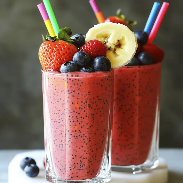 - 1 cup frozen mixed berries (strawberries, blueberries, raspberries) - 1 ripe banana - 1/2 cup coconut milk (or any preferred milk) - 1/2 cup orange juice - 2 tablespoons chia seeds - 1 tablespoon honey or maple syrup (optional) - 1/2 teaspoon vanilla extract - Fresh berries and a slice of banana for garnish To make a great Tropical Berry Chia Smoothie, start with the main ingredients. Frozen mixed berries add a burst of flavor. They also give the smoothie a cool, refreshing feel. Use one cup of berries like strawberries, blueberries, and raspberries for the best mix. Next, add one ripe banana. This fruit adds natural sweetness and creaminess. The banana helps to balance the tartness of the berries. For the base, you can use 1/2 cup of coconut milk or your favorite milk. Coconut milk gives a nice tropical taste. Then add 1/2 cup of orange juice. This juice brings brightness and a bit of tanginess to the mix. Chia seeds are a key part of this smoothie. Use 2 tablespoons for their health benefits. They add fiber and help the smoothie thicken. If you want more sweetness, add 1 tablespoon of honey or maple syrup, but it is optional. Finally, add 1/2 teaspoon of vanilla extract for flavor. Don’t forget to garnish with fresh berries and a slice of banana. This makes the drink look pretty and inviting. - Spinach or kale for added nutrients - Protein powder for extra protein - Greek yogurt for creaminess If you want to boost the nutrition, consider these optional add-ins. Spinach or kale can be great. They add vitamins without changing the taste much. To increase protein, you can add protein powder. This is perfect for a post-workout snack. Greek yogurt also adds creaminess and protein. Chia seeds are tiny but mighty. They are full of fiber, omega-3 fatty acids, and protein. These nutrients help keep you full and energized. Each ingredient in this smoothie supports hydration and energy. The berries provide antioxidants, while the banana offers potassium. Coconut milk is hydrating and gives healthy fats. The orange juice helps with vitamin C intake. All of these ingredients work together to make a tasty and healthy drink. For the full recipe, check out the [Full Recipe]. First, choose a ripe banana. Look for one with a few brown spots; this shows it is sweet. If the banana is too green, it won’t blend well. Next, use frozen mixed berries. Frozen berries give your smoothie a thick and creamy texture. They keep the smoothie cold and refreshing. If you use fresh berries, you might need to add ice. Now, it's time to blend! Start by adding the frozen berries and banana to the blender. Then, pour in the coconut milk and orange juice. Add the chia seeds, honey or maple syrup, and vanilla extract. These ingredients add flavor and sweetness. Blend everything on high speed. Stop to scrape down the sides if needed. Blend until smooth and creamy. If you want a thicker smoothie, blend a bit longer. If you have a high-speed blender, it will blend faster and smoother. Regular blenders work well too, but it may take a bit longer. After blending, let the smoothie sit for a few minutes. This lets the chia seeds absorb the liquid and thicken the mix. Before serving, give the smoothie another quick blend. This helps to mix the chia seeds evenly. Pour the smoothie into clear glasses. This way, you can show off the bright colors. Garnish with fresh berries and a slice of banana on the rim. For a fun touch, use colorful straws! For the full recipe, check out the [Full Recipe]. You can adjust the sweetness of your Tropical Berry Chia Smoothie easily. If you like it sweeter, add more honey or maple syrup. If you want it less sweet, use less. You can also swap out the coconut milk for any dairy-free milk you prefer. Almond or oat milk can give a nice twist to the flavor. One common mistake is over-blending the smoothie. This can make it too thin and lose that nice, creamy texture. Blend just until smooth. Another mistake is not letting the chia seeds sit long enough. They need time to soak up liquid and thicken the smoothie. I recommend waiting about five minutes for the best results. To make your smoothie pop, try adding spices like cinnamon or nutmeg. These spices can add warmth and a unique twist. You can also use flavored nut milks. Vanilla or cinnamon nut milk can enhance the taste even more, giving your smoothie a delightful new layer of flavor. For more details and a complete list of ingredients, check out the [Full Recipe]. {{image_2}} You can swap out fruits in your Tropical Berry Chia Smoothie. Try using mango, pineapple, or kiwi. These fruits add unique flavors and keep things fresh. If you want a twist, use seasonal fruits. In summer, add peaches or nectarines. In fall, try apples or pears. This keeps your smoothie exciting year-round. Adding greens is easy and boosts the health of your smoothie. Spinach or kale can blend in nicely without changing the taste much. Start with a small handful, then increase as you get used to it. To balance flavors, add a bit more fruit or a splash of juice. This keeps your drink tasty and nutritious. You can turn your smoothie into a bowl for a fun breakfast. Just blend it a bit thicker. Pour it into a bowl and add toppings. Fresh fruits, granola, and nuts work great. You can also add seeds or coconut flakes for extra crunch. This makes your meal filling and colorful. Check out the Full Recipe for more details! To keep your Tropical Berry Chia Smoothie fresh, store any leftovers in an airtight container. Place the container in the fridge. This method helps maintain flavor and texture for about 24 hours. If you notice any separation, just shake or stir before drinking. You can freeze extra smoothie for later enjoyment. Pour the leftover smoothie into ice cube trays or freezer-safe bags. Leave a little space for expansion. For thawing, move the cubes or bag to the fridge overnight. When ready, blend again for a quick, refreshing drink. Preparing smoothie ingredients in advance makes mornings easy. Place all the solid ingredients in a mason jar. Layer them from heaviest to lightest: berries at the bottom, then banana, chia seeds, and liquids on top. This method keeps flavors fresh and prevents browning. When ready, just add milk and blend! To make your smoothie thicker, try these tips: - Add more chia seeds. They soak up liquid and expand. - Use less liquid. Cut back on coconut milk or orange juice. - Blend with a frozen banana. This adds creaminess without losing taste. - Chill your glass before pouring. It keeps the smoothie cold and thick. These tricks keep your drink tasty and help it stay rich and full. Yes, you can use fresh berries. Fresh berries give a lighter taste. However, using frozen berries makes the smoothie thicker and colder. Frozen berries also help keep the drink frosty longer. If you prefer fresh berries, add some ice to maintain that chilled texture. Chia seeds are tiny but mighty! They are high in fiber, which helps digestion. They also contain omega-3 fatty acids, which are good for your heart. Chia seeds provide protein and several important minerals. Here are some key benefits: - High Fiber: Helps keep you full and supports gut health. - Omega-3s: Supports brain health and reduces inflammation. - Protein: Aids in muscle repair and growth. - Minerals: Rich in calcium, magnesium, and phosphorus for strong bones. Including chia seeds in your smoothie boosts its nutrition and keeps you energized. This blog post outlined a tasty and healthy smoothie. We explored key ingredients like berries, chia seeds, and coconut milk. You learned how to blend and serve your smoothie for the best taste and look. We also shared tips on customization and common mistakes to avoid. In the end, a smoothie can be a fun way to boost your energy and health. Experiment with flavors and ingredients. Enjoy making your own version!