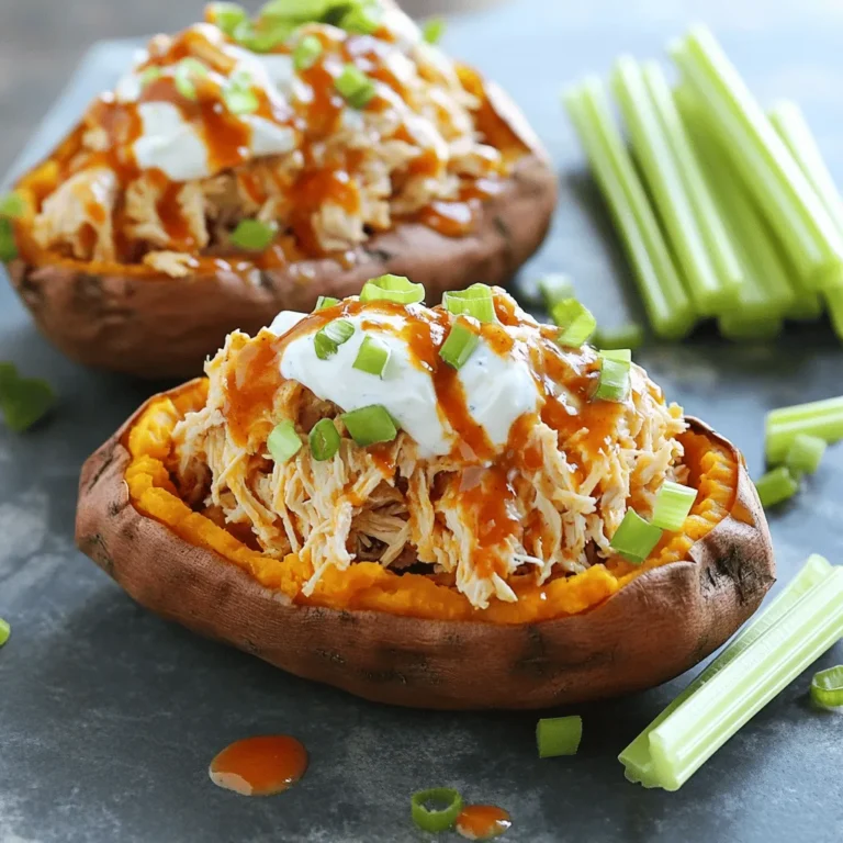To make this dish, gather the following ingredients: - 4 medium sweet potatoes - 2 cups cooked chicken, shredded - 1/2 cup buffalo sauce (adjust to taste) - 1/2 cup Greek yogurt or sour cream - 1 cup cheddar cheese, shredded - 1/4 cup green onions, sliced - Salt and pepper to taste - Olive oil These items create a tasty and filling meal. The sweet potatoes give a nice base. The chicken and buffalo sauce bring bold flavor. Using Greek yogurt adds creaminess without too many calories. You can add fun extras to make your dish even better: - Celery sticks for garnish - Extra buffalo sauce for drizzling Adding celery sticks gives a nice crunch and cools down the spice. Drizzling more buffalo sauce adds extra flavor for spice lovers. If you don’t have something on hand, here are some swaps: - Use rotisserie chicken instead of cooking your own. - Swap Greek yogurt for sour cream if you prefer. - Cheddar cheese can be replaced with mozzarella for a milder taste. These substitutions keep the dish simple and adaptable. You can customize it to fit your pantry or taste. For the full recipe, check out the detailed instructions. First, you need to preheat your oven to 400°F (200°C). This step is important for cooking the sweet potatoes evenly. While the oven heats, wash and dry the sweet potatoes. Prick them several times with a fork. This helps steam escape while they bake. Then, rub each potato with a bit of olive oil and sprinkle with salt. Now, place the sweet potatoes on a baking sheet. Bake them for about 45 to 60 minutes. You know they’re ready when they feel soft when you poke them with a fork. This step makes them tender and easy to scoop. While the sweet potatoes bake, it's time to make the buffalo chicken filling. In a medium bowl, mix 2 cups of shredded chicken with 1/2 cup of buffalo sauce. Stir well and taste. If you want more heat, add more sauce. This filling will bring a spicy kick to your dish. Once the sweet potatoes are baked, take them out and let them cool for a few minutes. Carefully slice each potato down the middle. Use a fork to fluff the insides gently. Next, spoon the buffalo chicken mixture into each sweet potato. Press it down lightly to fit. In another bowl, mix 1/2 cup of Greek yogurt or sour cream with half of the shredded cheddar cheese. Add sliced green onions, salt, and pepper. This mixture adds creaminess and flavor. Now, top each stuffed sweet potato with the yogurt-cheese mixture. Sprinkle the remaining cheddar cheese on top. Return them to the oven for an extra 10 to 15 minutes. You want the cheese to melt and become bubbly. When done, remove from the oven and garnish with more green onions. If you like, drizzle some buffalo sauce on top. Enjoy these tasty stuffed sweet potatoes! For the full recipe, check the section above. To get the best sweet potatoes, choose firm ones. Look for smooth skin without any spots. Wash and dry them well before cooking. Pricking them with a fork helps steam escape. Lightly rubbing them with olive oil adds flavor. Sprinkle with salt for a tasty crust. Bake at 400°F (200°C) for 45-60 minutes until tender. To check doneness, use a fork. If it goes in easily, they’re ready! Buffalo sauce is spicy, but you can adjust it. If you like it hot, add more sauce. For milder heat, use less. Mixing the sauce with Greek yogurt or sour cream can cool it down. Always taste your chicken filling before stuffing. This way, you can find the right heat for everyone. These stuffed sweet potatoes are great on their own, but you can add more. Serve with celery sticks for crunch. A side salad complements the dish nicely. If you want more flavor, drizzle extra buffalo sauce on top. You can also add avocado or a dollop of sour cream. For the full recipe, check out the detailed steps above! {{image_2}} You can swap chicken for other meats. Ground turkey works well. Shredded pork adds a nice twist. For beef lovers, try using shredded beef. Each protein gives a unique taste. Just remember to adjust the sauce to match the meat. To make this dish vegetarian, use chickpeas or lentils. Both add protein and texture. You can also use tofu for a softer bite. Mix these with buffalo sauce for flavor. Top with the yogurt-cheese mix for creaminess. This keeps the dish hearty and filling. Buffalo sauce isn’t the only option. Try barbecue sauce for a smoky taste. Ranch dressing adds creaminess with a different kick. For a spicy twist, use sriracha or harissa. Each sauce changes the flavor profile. You can create a new dish every time! To keep your Buffalo Chicken Stuffed Sweet Potatoes fresh, store leftovers in an airtight container. Place them in the fridge for up to three days. Ensure the sweet potatoes cool down before sealing. This helps prevent sogginess and keeps the flavors intact. To reheat, preheat your oven to 350°F (175°C). Place the stuffed sweet potatoes on a baking sheet. Heat them for about 15-20 minutes or until warm. You can also use the microwave. Heat them for 1-2 minutes, checking often to avoid overcooking. If you want to freeze them, wrap each stuffed sweet potato tightly in plastic wrap. Then, place them in a freezer bag. They can stay frozen for up to three months. When ready, let them thaw in the fridge overnight before reheating. Enjoy the flavors of your Buffalo Chicken Stuffed Sweet Potatoes with ease anytime! For the complete process, check the full recipe. Yes, you can prepare these stuffed sweet potatoes ahead of time. Cook the sweet potatoes and make the buffalo chicken filling. Store both in separate containers in the fridge. When you're ready to eat, just stuff the sweet potatoes and bake them for a quick meal. This saves time and makes dinner easy! To spice it up, add more buffalo sauce. You can also mix in diced jalapeños or hot sauce. For a milder flavor, use less buffalo sauce. You can replace it with a mild barbecue sauce or even ranch dressing. Adjust the heat to match your taste! Buffalo Chicken Stuffed Sweet Potatoes taste great with various sides. Here are some ideas: - Fresh celery sticks - Carrot sticks - A simple green salad - Corn on the cob - Coleslaw These sides balance the spicy flavors and add crunch to your meal. Yes, you can use different varieties. Orange-fleshed sweet potatoes are common, but white or purple sweet potatoes also work well. Each type has its own flavor. Just make sure they cook until tender. Adjust baking time if needed, as some may take longer than others. Buffalo Chicken Stuffed Sweet Potatoes combine bold flavors with healthy ingredients. We explored key ingredients, preparation steps, and helpful tips for perfect results. You can customize with simple tweaks or variations that fit your taste. Remember to store leftovers wisely for easy snacks later. Enjoy making this dish for your next meal or gathering. It’s sure to impress and satisfy everyone!