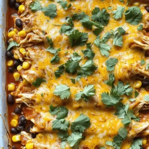 - 2 cups cooked chicken, shredded - 1 can (15 oz) black beans, drained and rinsed - 1 can (10 oz) red enchilada sauce - 1 cup corn kernels (fresh, frozen, or canned) - 2 cups shredded cheddar cheese - 1 cup sour cream - Fresh cilantro for garnish (optional) - 1 teaspoon cumin - 1 teaspoon paprika - 1/2 teaspoon garlic powder - Salt and pepper to taste When I make this Easy Chicken Enchilada Casserole, I love gathering all my ingredients. The chicken makes this dish hearty. I often use cooked chicken from my meals earlier in the week. It saves time and adds great flavor. The black beans bring fiber and protein. I always rinse them well to avoid extra salt in the dish. The red enchilada sauce adds spice and depth. I enjoy choosing a sauce that fits my taste. Corn gives a nice pop of sweetness. It balances out the spices. I often use frozen corn because it's easy and quick. The cheddar cheese is essential for a creamy, melty top. I usually buy a block and shred it myself for the best taste. For a richer flavor, I sometimes add sour cream. It makes the casserole creamier. Fresh cilantro on top adds a beautiful touch and brightens the dish. The spices are simple but powerful. Cumin and paprika provide warmth. Garlic powder adds savory notes. I always taste my mix and adjust salt and pepper to make it perfect. All these ingredients come together in a delightful way. They create layers of flavor that everyone loves. If you want to try this tasty dish, check out the Full Recipe. - Preheat oven to 350°F (175°C). - In a large bowl, mix the shredded chicken, black beans, corn, and half of the enchilada sauce. Stir it well. - Pour a little enchilada sauce in the bottom of a 9x13-inch dish. - Cut the tortillas in half. Lay four halves on top of the sauce. - Spread half of the chicken mixture over the tortillas. - Add half of the sour cream on top of the chicken. - Sprinkle one cup of cheese over the sour cream. - Repeat with another layer of four tortilla halves, the rest of the chicken, sour cream, and cheese. - Drizzle the remaining enchilada sauce over the top. Make sure it covers everything. - Cover the dish with foil and bake for 25 minutes. - Remove the foil and bake until the cheese is bubbly and golden. This simple method creates layers of flavor in your easy chicken enchilada casserole. For the full recipe, check the ingredients and instructions above. - Use rotisserie chicken for convenience. It saves time and adds great flavor. - Swap black beans for pinto or kidney beans. This change gives a different texture. - Allow the casserole to cool before slicing. This makes serving easier and cleaner. - Experiment with different cheeses for unique flavors. Try Monterey Jack or pepper jack. - Add fresh cilantro or sliced jalapeños for spice. This brightens up the dish nicely. - Serve with avocado or guacamole on the side. It adds creaminess and richness to each bite. For a detailed guide on making this dish, check out the Full Recipe. {{image_2}} You can easily make a vegetarian version of this dish. Simply swap the cooked chicken for extra beans or lentils. Black beans work great, or you can use pinto beans for a different flavor. Lentils add a nice texture and are full of protein. This way, you keep the dish hearty and satisfying without meat. For those who enjoy a kick, add some heat! You can mix diced green chilies into the chicken mixture. If you want even more spice, a few drops of hot sauce will do the trick. Just be careful not to overdo it. You can always add more spice later, but it’s hard to take it out once it’s in! If you're watching carbs, this low-carb version is perfect. Instead of tortillas, use thin slices of zucchini. Layer the zucchini in the casserole just like you would with tortillas. This keeps the dish light while still being delicious. Plus, you get the added benefit of more veggies in your meal. For the full recipe, check out the detailed steps provided earlier. Store leftovers in an airtight container for up to 3-4 days. This keeps the flavors fresh. When ready to eat, check for any signs of spoilage. Freeze individual portions for up to 2 months. Make sure to wrap them tightly to prevent freezer burn. Label your containers with dates to track freshness. Reheat in the oven for the best texture. This method warms the casserole evenly and keeps it crispy. If you’re in a hurry, use the microwave for quick servings. Just be careful not to overheat, as that can make it dry. For more ideas, check out the Full Recipe for easy chicken enchilada casserole! Prepare the casserole in advance and refrigerate until ready to bake. This is a great way to save time on busy days. You can make it the night before and pop it in the oven when you need it. Yes, any cheese can work; mozzarella or pepper jack are great alternatives. Both options will melt nicely and add a different flavor to the dish. Feel free to mix and match your favorite cheeses for an amazing taste. Serve with rice, refried beans, or a simple salad for a complete meal. These sides complement the richness of the casserole and add more color to your plate. You could also try tortilla chips for some extra crunch. Absolutely, it's ideal for meal prep as it stores and reheats well. You can portion out servings for the week and enjoy a tasty meal any day. This makes it easy to have a healthy option ready when you need it. For the full recipe, check out the details above. This recipe for chicken enchilada casserole combines simple ingredients and step-by-step instructions, making cooking easy and fun. You can customize it with variations like vegetarian or spicy options. Don’t forget to store leftovers properly to enjoy later. Cooking doesn't have to be hard when you have a solid recipe to follow. Enjoy making this tasty dish, and share it with friends and family!