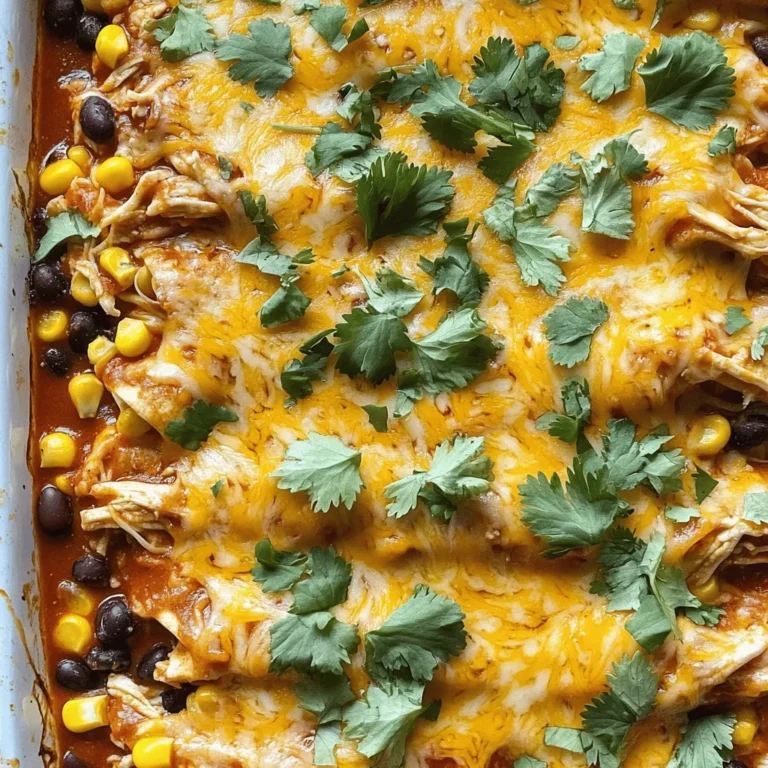 - 2 cups cooked chicken, shredded - 1 can (15 oz) black beans, drained and rinsed - 1 can (10 oz) red enchilada sauce - 1 cup corn kernels (fresh, frozen, or canned) - 2 cups shredded cheddar cheese - 1 cup sour cream - Fresh cilantro for garnish (optional) - 1 teaspoon cumin - 1 teaspoon paprika - 1/2 teaspoon garlic powder - Salt and pepper to taste When I make this Easy Chicken Enchilada Casserole, I love gathering all my ingredients. The chicken makes this dish hearty. I often use cooked chicken from my meals earlier in the week. It saves time and adds great flavor. The black beans bring fiber and protein. I always rinse them well to avoid extra salt in the dish. The red enchilada sauce adds spice and depth. I enjoy choosing a sauce that fits my taste. Corn gives a nice pop of sweetness. It balances out the spices. I often use frozen corn because it's easy and quick. The cheddar cheese is essential for a creamy, melty top. I usually buy a block and shred it myself for the best taste. For a richer flavor, I sometimes add sour cream. It makes the casserole creamier. Fresh cilantro on top adds a beautiful touch and brightens the dish. The spices are simple but powerful. Cumin and paprika provide warmth. Garlic powder adds savory notes. I always taste my mix and adjust salt and pepper to make it perfect. All these ingredients come together in a delightful way. They create layers of flavor that everyone loves. If you want to try this tasty dish, check out the Full Recipe. - Preheat oven to 350°F (175°C). - In a large bowl, mix the shredded chicken, black beans, corn, and half of the enchilada sauce. Stir it well. - Pour a little enchilada sauce in the bottom of a 9x13-inch dish. - Cut the tortillas in half. Lay four halves on top of the sauce. - Spread half of the chicken mixture over the tortillas. - Add half of the sour cream on top of the chicken. - Sprinkle one cup of cheese over the sour cream. - Repeat with another layer of four tortilla halves, the rest of the chicken, sour cream, and cheese. - Drizzle the remaining enchilada sauce over the top. Make sure it covers everything. - Cover the dish with foil and bake for 25 minutes. - Remove the foil and bake until the cheese is bubbly and golden. This simple method creates layers of flavor in your easy chicken enchilada casserole. For the full recipe, check the ingredients and instructions above. - Use rotisserie chicken for convenience. It saves time and adds great flavor. - Swap black beans for pinto or kidney beans. This change gives a different texture. - Allow the casserole to cool before slicing. This makes serving easier and cleaner. - Experiment with different cheeses for unique flavors. Try Monterey Jack or pepper jack. - Add fresh cilantro or sliced jalapeños for spice. This brightens up the dish nicely. - Serve with avocado or guacamole on the side. It adds creaminess and richness to each bite. For a detailed guide on making this dish, check out the Full Recipe. {{image_2}} You can easily make a vegetarian version of this dish. Simply swap the cooked chicken for extra beans or lentils. Black beans work great, or you can use pinto beans for a different flavor. Lentils add a nice texture and are full of protein. This way, you keep the dish hearty and satisfying without meat. For those who enjoy a kick, add some heat! You can mix diced green chilies into the chicken mixture. If you want even more spice, a few drops of hot sauce will do the trick. Just be careful not to overdo it. You can always add more spice later, but it’s hard to take it out once it’s in! If you're watching carbs, this low-carb version is perfect. Instead of tortillas, use thin slices of zucchini. Layer the zucchini in the casserole just like you would with tortillas. This keeps the dish light while still being delicious. Plus, you get the added benefit of more veggies in your meal. For the full recipe, check out the detailed steps provided earlier. Store leftovers in an airtight container for up to 3-4 days. This keeps the flavors fresh. When ready to eat, check for any signs of spoilage. Freeze individual portions for up to 2 months. Make sure to wrap them tightly to prevent freezer burn. Label your containers with dates to track freshness. Reheat in the oven for the best texture. This method warms the casserole evenly and keeps it crispy. If you’re in a hurry, use the microwave for quick servings. Just be careful not to overheat, as that can make it dry. For more ideas, check out the Full Recipe for easy chicken enchilada casserole! Prepare the casserole in advance and refrigerate until ready to bake. This is a great way to save time on busy days. You can make it the night before and pop it in the oven when you need it. Yes, any cheese can work; mozzarella or pepper jack are great alternatives. Both options will melt nicely and add a different flavor to the dish. Feel free to mix and match your favorite cheeses for an amazing taste. Serve with rice, refried beans, or a simple salad for a complete meal. These sides complement the richness of the casserole and add more color to your plate. You could also try tortilla chips for some extra crunch. Absolutely, it's ideal for meal prep as it stores and reheats well. You can portion out servings for the week and enjoy a tasty meal any day. This makes it easy to have a healthy option ready when you need it. For the full recipe, check out the details above. This recipe for chicken enchilada casserole combines simple ingredients and step-by-step instructions, making cooking easy and fun. You can customize it with variations like vegetarian or spicy options. Don’t forget to store leftovers properly to enjoy later. Cooking doesn't have to be hard when you have a solid recipe to follow. Enjoy making this tasty dish, and share it with friends and family!