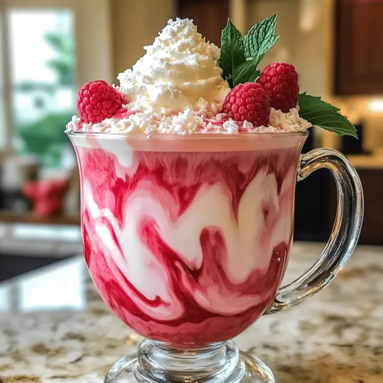 To make the perfect Raspberry Coconut Latte, gather these ingredients: - 1 cup brewed espresso or strong coffee - 1 cup coconut milk - 1/2 cup fresh raspberries (plus extra for garnish) - 2 tablespoons raspberry syrup (or homemade raspberry puree) - 1 tablespoon sweetened coconut flakes - 1 teaspoon vanilla extract - Whipped cream (optional) - Mint leaves for garnish (optional) For this latte, I recommend using espresso or a strong coffee. Espresso gives a bold taste that pairs well with the sweet raspberries. If you prefer coffee, choose a dark roast. A strong brew balances the creaminess of coconut milk. Look for coffee with a rich flavor profile to enhance the drink. Not all coconut milk is the same. Some brands offer a creamier texture, while others are thinner. I suggest using brands like Aroy-D or Thai Kitchen. They provide a rich flavor without added chemicals. Always check for unsweetened options if you want to control sweetness. This way, you enjoy the pure coconut taste in your latte. Start by gathering your fresh raspberries, raspberry syrup, and coconut milk. In a small saucepan, add the raspberries and syrup. Pour in the coconut milk, and set the heat to medium-low. Stir as it warms up. This helps break down the raspberries and mix the flavors. If you want a smooth drink, strain this mixture through a fine mesh sieve after heating. While your raspberry coconut mixture heats, it’s time to brew your coffee. I suggest using strong coffee or espresso. This strong flavor blends well with the sweet raspberry and creamy coconut. Your coffee should be ready by the time the raspberry mixture is done. In a large mug, pour your hot coffee. Add vanilla extract to enhance the taste. Next, slowly pour in the raspberry coconut mixture. Stir gently to blend everything together. If you like, add whipped cream on top and sprinkle coconut flakes for extra texture. Finish it off with a few raspberries and mint leaves for a fresh touch. Enjoy your rich and flavorful Raspberry Coconut Latte! For the complete steps, check the Full Recipe. To get the best flavor in your Raspberry Coconut Latte, use fresh raspberries. They add a bright taste. Sweeten your drink with raspberry syrup. You can also make your own by cooking raspberries with sugar and water. This gives you control over the sweetness. Use a good quality coconut milk for creaminess. The right balance of coffee and coconut milk is key. Aim for a 1:1 ratio for the best taste. If the latte is too sweet, add more coffee. If it’s too strong, add more coconut milk. You don’t need fancy tools to make this latte. A small saucepan works well for heating the raspberry mixture. A fine mesh sieve helps strain it for a smooth texture. You also need a coffee maker or espresso machine for brewing. A large mug is essential for serving. If you enjoy frothy drinks, a milk frother can help add texture. These tools make your latte-making easy and fun. If you have leftover raspberry coconut mixture, store it in the fridge. Use an airtight container to keep it fresh. It will last about three days. For easy use, reheat it on the stove or in the microwave. Stir well after reheating to mix the flavors. Avoid storing it for too long; the flavors may fade. Always check for freshness before using it again. {{image_2}} You can make this drink cold for hot days. Use the same ingredients from the full recipe. Brew your coffee and let it cool. Mix the raspberry coconut blend and coffee in a glass with ice. Stir well. Top with whipped cream and coconut flakes. Enjoy your refreshing iced version! Making a vegan Raspberry Coconut Latte is easy. Substitute regular milk with coconut milk or almond milk. Use a vegan whipped cream if you want to top it off. You can also make homemade raspberry syrup with agave or maple syrup. This way, you keep it dairy-free while enjoying the same great taste! Want to change up the flavors? Try using different syrups. You can replace raspberry syrup with strawberry, blueberry, or even vanilla. Each option gives a unique twist to your drink. You can also make your own flavored syrup at home. Just mix fruit puree with sugar and water, and simmer until thick. To keep your leftover ingredients fresh, store them in airtight containers. Place the raspberry coconut mixture in the fridge if you have any left. For the raspberries, keep them in their original packaging. You can also use a container to prevent them from squishing. When reheating the coconut milk mixture, do it slowly. Pour it into a saucepan and heat on low. Stir it often to avoid burning. You want it warm, not boiling. If it separates, whisk it to combine again. Your prepared Raspberry Coconut Latte stays good for about two days in the fridge. After that, it may lose flavor and freshness. Always check for any off smells or changes in texture before drinking. Enjoy your latte fresh for the best taste! For the full recipe, check out the complete guide. A Raspberry Coconut Latte is a tasty coffee drink. It blends rich espresso with creamy coconut milk. Fresh raspberries add a fruity flavor. You also get a hint of vanilla and sweet coconut flakes. It’s a fun twist on your classic latte, perfect for any time of day. Yes, frozen raspberries work well in this latte. They are just as flavorful as fresh ones. Just remember to thaw them before use. This will help them blend smoothly into the coconut milk. Frozen raspberries can be a great option when fresh ones are out of season. You can find a Raspberry Coconut Latte at many coffee shops. Some cafes offer it as a seasonal drink. Many stores also have it on their menu. If you want to make it at home, follow the Full Recipe I shared. It’s easy and fun to create your own version. The Raspberry Coconut Latte has several health benefits. Raspberries are full of vitamins and antioxidants. They support your immune system and improve digestion. Coconut milk is dairy-free and has healthy fats. It can help keep you full longer. This drink can be a delicious treat that also nourishes your body. You learned how to make a Raspberry Coconut Latte. We covered key ingredients, best coffee types, and coconut milk brands. I shared easy steps for preparing your mix and brewing your drink. You also found tips for balance and tools, plus ideas for variations like iced versions and vegan options. Lastly, we discussed storage and reheating leftovers. Enjoy trying this fun drink. It’s a tasty way to indulge and impress!