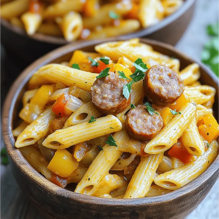 - 12 oz penne pasta - 1 lb smoked sausage, sliced - 1 bell pepper, diced - 1 medium onion, chopped - 3 cloves garlic, minced - 1 can diced tomatoes (14 oz), undrained - 2 cups low-sodium chicken broth - 1 tablespoon Cajun seasoning - 1 teaspoon paprika - 1/2 teaspoon cayenne pepper - 1 cup heavy cream - Fresh parsley, chopped When I make One Pot Cajun Sausage Pasta, I love how easy it is to gather the ingredients. Each item plays a role in the dish's bold flavor. The penne pasta serves as a perfect base. It holds on to the sauce well. Smoked sausage adds a deep, rich flavor. It brings a satisfying bite too. The bell pepper and onion add sweetness and crunch. I often choose colorful peppers for a vibrant dish. Garlic is key in this recipe. It gives a nice aroma and taste. Diced tomatoes bring acidity, which balances the richness of the cream. Low-sodium chicken broth keeps the dish savory without being too salty. Cajun seasoning is where the magic happens. It gives the pasta a warm, spicy kick. I like to adjust the cayenne pepper based on how spicy I want the dish. Finally, heavy cream adds creaminess and rounds out the flavors. Don't forget the fresh parsley to finish. It adds a pop of color and freshness. For the full recipe, check the details above. First, heat olive oil in a pot over medium heat. Add your sliced sausage and cook until it turns brown. This process takes about 4-5 minutes. Once browned, remove the sausage and set it aside. This step builds a rich flavor base for the dish. Next, in the same pot, add the diced bell pepper and chopped onion. Sauté these until they soften, which should take around 3-4 minutes. This adds a nice sweetness to the meal. After the bell pepper and onion are soft, incorporate minced garlic. Cook this for one more minute. Garlic adds a wonderful aroma and depth to your dish. Now it's time to bring it all together. Stir in the Cajun seasoning, paprika, and cayenne pepper. Cook this for one more minute to help the spices bloom. Then, pour in the chicken broth. Make sure to scrape up any brown bits stuck to the pot; these add great flavor. Add the uncooked penne pasta and the undrained diced tomatoes. Bring this mixture to a boil. Once boiling, reduce the heat to a simmer and cover the pot. Cook for about 12-15 minutes, or until the pasta is tender. Stir occasionally to prevent sticking. When the pasta is cooked, stir in the heavy cream and the browned sausage. Mix well until everything is heated through. Season with salt and pepper to your taste. Let your dish sit for a few minutes to thicken a bit. For the full recipe, you can refer to the beginning of this article. To make your One Pot Cajun Sausage Pasta perfect, stir regularly. This helps keep the pasta from sticking to the pot. If you like heat, add cayenne pepper. You can adjust the spice level to your taste. Start with half a teaspoon and taste. You can always add more if you want more heat! A great dish looks as good as it tastes. Serve your pasta in bowls for a warm feel. For added color, garnish with fresh parsley. It brings a bright touch to the dish. If you want a little more flair, sprinkle some extra Cajun seasoning on top. This gives it a nice aroma that makes it even more tempting. Sometimes, pasta can stick together. If that happens, add a splash of water or broth and stir it gently. This will help loosen it up. If your vegetables are undercooked, cover the pot and let it sit for a few more minutes. The steam will help cook them through. Don’t forget to check the flavor and adjust as needed! For the full recipe, check out the detailed instructions that guide you through every step. {{image_2}} You can change the smoked sausage to turkey sausage for a lighter dish. Turkey sausage has less fat and works well in this recipe. You can also try chicken sausage. For pasta, penne is great, but feel free to use fusilli or even whole wheat pasta. Each type of pasta adds a unique twist to the meal. If you need a gluten-free option, use gluten-free pasta. Many brands offer pasta made from rice or lentils. For dairy-free cream, try coconut cream or cashew cream. These alternatives give a nice creaminess without the dairy. Want to make this dish more nutritious? Add extra vegetables like spinach, zucchini, or diced carrots. These vegetables blend well with the flavors. For a creamy touch, stir in some cheese. Cream cheese or Parmesan can enhance the dish's richness. You can even sprinkle some cheese on top before serving for extra flavor. For the Full Recipe, check the detailed steps and ingredients. Store your leftover One Pot Cajun Sausage Pasta in an airtight container. This helps keep it fresh. Make sure to let it cool down before sealing. You can keep it in the fridge for up to three days. If you want it to last longer, consider freezing it. To freeze this dish, place it in a freezer-safe container. Leave some space at the top for expansion. It will stay good for up to three months. When you're ready to eat, thaw it in the fridge overnight. This helps maintain texture and flavor. You can reheat this dish in a few ways. The microwave is quick and easy. Heat in short bursts, stirring often. For stovetop, add a splash of broth to keep it moist. Heat over low until warm. This way, you keep that bold flavor and creamy texture! This dish is quick to make. You will spend about 10 minutes prepping the ingredients. Cooking takes around 20 minutes. So, in total, you can have this meal ready in about 30 minutes. This makes it perfect for busy nights when you want something tasty fast. Yes, you can make this dish ahead. Prepare it and let it cool. Then, store it in an airtight container. You can keep it in the fridge for up to three days. To reheat, simply warm it on the stove or in the microwave. The flavors will still be great! If you want to change the flavor, try using Italian seasoning or taco seasoning. You can mix your own spice blend with paprika, garlic powder, and oregano. This gives you a different taste while keeping it tasty. Explore what you love! The spice level can be adjusted easily. If you like it mild, cut down on the cayenne pepper. You can even leave it out. For more heat, add extra Cajun seasoning or a dash of hot sauce. Make it just right for you! In this post, I shared a simple recipe for One Pot Cajun Sausage Pasta. We covered the key ingredients, step-by-step cooking instructions, and tips for the best results. You can swap ingredients or adjust spices to suit your taste. Remember to store leftovers properly to enjoy later. This dish is not only tasty but also easy to customize for your needs. Enjoy your cooking adventure and make this meal your own!