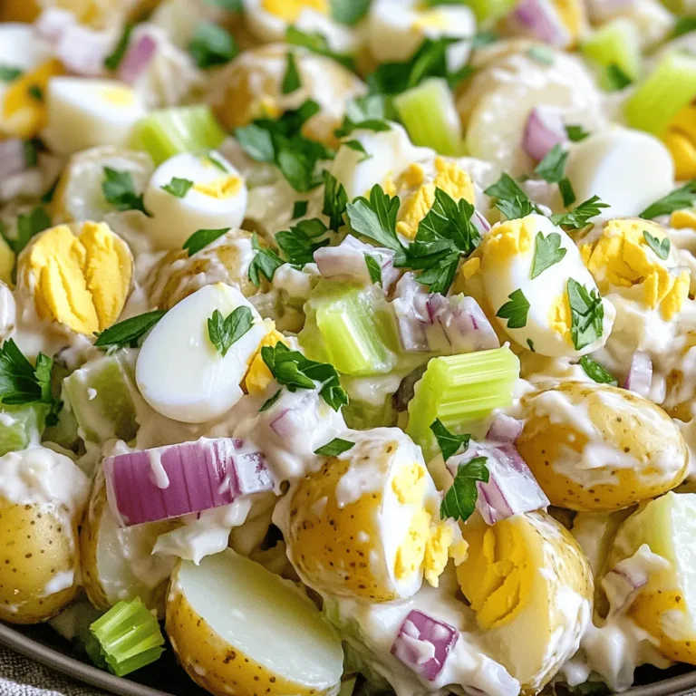 - 2 pounds baby potatoes, halved - 1 cup mayonnaise - 2 tablespoons Dijon mustard - 1 tablespoon apple cider vinegar - 1 small red onion, finely chopped - 3 stalks celery, diced - 4 hard-boiled eggs, chopped - 1 teaspoon garlic powder - Salt and pepper to taste - Fresh parsley, chopped for garnish To make classic potato salad, you need fresh baby potatoes. They are small and tender, which makes them perfect for this dish. The creamy dressing comes from mayonnaise, mixed with Dijon mustard for a nice tang. Apple cider vinegar adds a hint of acidity, balancing the flavors. Next, the crunchy bits come from red onion and celery. They lend a fresh taste and a nice texture. Hard-boiled eggs add richness and protein, making the salad hearty. Garlic powder enhances the flavor, while salt and pepper bring everything together. Finally, a sprinkle of fresh parsley adds a lovely touch. Gather these ingredients for a simple yet delicious dish. For the full recipe, check out the details above. To start, you need to boil the baby potatoes. Place the halved potatoes in a large pot. Cover them with cold water. Add a pinch of salt to the water. Turn on the heat to medium-high and bring it to a boil. Once boiling, lower the heat to medium-low. Let the potatoes simmer for 10 to 15 minutes. Check for doneness by poking a potato with a fork. If it goes in easily, they are done. Drain the potatoes and let them cool in a bowl. This step is key for a creamy salad. Now, let’s make the dressing. In a large mixing bowl, combine 1 cup of mayonnaise, 2 tablespoons of Dijon mustard, and 1 tablespoon of apple cider vinegar. Stir until the mixture is smooth. Next, add seasonings to the dressing. I like to add 1 teaspoon of garlic powder, along with salt and pepper to taste. This gives the dressing a nice flavor that pairs well with the potatoes. With the dressing ready, it’s time to mix everything together. Add the cooled potatoes to the bowl. Include the chopped red onion, diced celery, and 4 chopped hard-boiled eggs. Gently fold the ingredients together. Make sure everything is well coated with the dressing. It’s important to be gentle, so you don’t break the potatoes. Taste the salad and adjust the seasoning if needed. Cover and refrigerate the salad for at least 1 hour. This helps all the flavors blend. When you're ready to serve, give it a gentle stir, garnish with fresh parsley, and enjoy! For the complete recipe, check out the Full Recipe section. Choosing the right type of potatoes is key. I prefer baby potatoes. They are small, creamy, and hold their shape well. You can also use Yukon Golds. They add a buttery flavor. Avoid waxy potatoes like red potatoes, as they can become mushy. To achieve the perfect texture, cook the potatoes until they are fork-tender. This usually takes 10-15 minutes. Check for doneness by piercing a potato with a fork. If it slides off easily, they are ready. Let them cool before mixing them with the dressing. Adding herbs can elevate your potato salad. Dill adds a fresh taste, while chives lend a mild onion flavor. You can also try parsley for a pop of color. Incorporating spices can bring a new kick. A pinch of paprika or cayenne pepper gives a nice heat. You can also mix in some black pepper for extra flavor. Potato salad is great for many occasions. It shines at picnics, barbecues, and potlucks. It pairs well with grilled meats, sandwiches, or even as a side for a hearty soup. You can serve it in a large bowl or individual cups for easy sharing. For more ideas, check out the Full Recipe for Classic Potato Salad. {{image_2}} You can make potato salad even better with extra ingredients. Classic additions like bacon or olives add a salty kick. Crispy bacon gives a crunchy texture. Olives bring a nice briny flavor. You can also try different dressings for unique tastes. Swap mayonnaise for ranch or vinaigrette. Each option gives a fresh twist to the classic dish. If you want a lighter version, use Greek yogurt instead of mayonnaise. Greek yogurt adds creaminess without too many calories. You can also create a vegan potato salad. Replace mayonnaise with avocado or a vegan mayo. This keeps the dish creamy while making it plant-based. Both options make the salad healthier and just as tasty. Potato salad varies greatly by region. In the South, people often add mustard and sweet pickles for a tangy taste. In Germany, they might use vinegar and broth for a lighter, tangy dish. Comparing recipes from different cultures can be fun. Each version highlights local flavors and ingredients. This diversity makes potato salad a dish you can enjoy in many ways. To keep your potato salad fresh, use airtight containers. Glass or plastic containers work well. Make sure to seal them tightly to avoid leaks and air exposure. Homemade potato salad lasts about 3 to 5 days in the fridge. Always check for any odd smells or changes in texture before serving leftovers. Reheating potato salad is not usually safe. The mayonnaise in the salad can separate and lose its creamy texture. If you must reheat it, warm it gently on the stove over low heat. Stir slowly to maintain the salad’s quality. You can also serve it cold, which many people prefer. Freezing potato salad is not recommended. The texture changes, and it may become watery. If you still want to freeze it, use a freezer-safe container. Thaw it in the fridge overnight before serving. Stir well and check the flavor before enjoying your potato salad. For the full recipe, check out the details above. To make potato salad creamier, add more mayonnaise. You can also mix in sour cream or Greek yogurt. These ingredients give a rich texture. You can blend them into the dressing before adding potatoes. Taste as you go to find your perfect balance. Yes, you can prepare potato salad a day ahead. Making it early allows flavors to blend well. Just keep it in the fridge in a sealed container. This helps the salad stay fresh and tasty. To prevent browning, soak the cut potatoes in cold water. This stops oxidation. You can also add a splash of vinegar to the water. This helps keep the potatoes looking bright and fresh before cooking. Chill the potato salad for at least one hour before serving. This allows the flavors to meld. For best results, chill it overnight. This gives you an even tastier dish. Check out the Full Recipe for more tips! In this blog post, we covered how to make a classic potato salad. We listed essential ingredients, detailed step-by-step instructions, and shared useful tips. I also provided ideas for variations and storage tips. Potato salad is versatile and easy to make. You can adjust it to fit your taste. Whether you serve it at a picnic or a family dinner, it will be a hit! Enjoy creating your perfect potato salad.