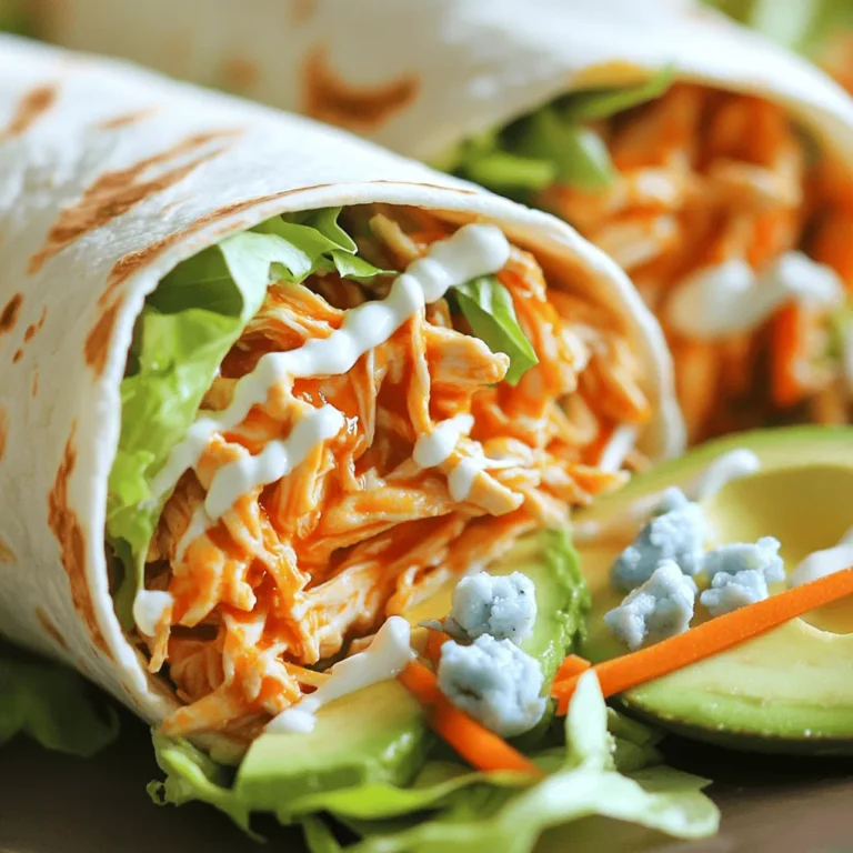 - 2 cups cooked chicken, shredded - ½ cup buffalo sauce - 1 cup lettuce, shredded - ½ cup ripe avocado, sliced - ½ cup shredded carrots - ½ cup blue cheese crumbles (optional) - 4 large flour tortillas - 2 tablespoons ranch dressing - Salt and pepper to taste To make these spicy buffalo chicken wraps, start with the main ingredients. Shredded chicken is key. You can use rotisserie chicken for ease. The buffalo sauce brings the heat. Adjust it based on your spice preference. Fresh lettuce adds crunch and freshness. Next, we add extra ingredients for flavor and texture. Sliced avocado gives a creamy touch. Shredded carrots add sweetness and color. Blue cheese crumbles can enhance flavor but are optional. Finally, choose large flour tortillas to wrap everything up. Ranch dressing complements the spice well. Don't forget to season with salt and pepper for taste. For the full recipe, check the complete guide. First, take your cooked chicken and shred it into small pieces. Add the shredded chicken to a mixing bowl. Pour in the buffalo sauce and stir well. Make sure every piece of chicken gets coated. If you like it hotter, add more buffalo sauce. If you want it milder, use less. This step is key for flavor. Next, grab a skillet and heat some olive oil over medium heat. Once the oil is hot, add the buffalo chicken mixture. Stir it around and cook for about five minutes. You want it heated through but not dry. This step blends the flavors nicely. Now, lay your flour tortillas flat on a clean surface. Take a tablespoon of ranch dressing and spread it in the center of each tortilla. Then, evenly distribute the sautéed buffalo chicken mixture on top. Add your veggies, like lettuce, avocado, and carrots. If you like blue cheese, sprinkle some on too. To wrap it up, fold in the sides of the tortilla first. Then, roll it from the bottom to the top, making sure it’s tight. This keeps all the tasty bits inside. Finally, slice the wraps in half diagonally. You can garnish with fresh cilantro or parsley if you like. Enjoy your Spicy Buffalo Chicken Wraps! For the full recipe, check out the details above. You have great options for cooked chicken. Rotisserie chicken works well. It’s tender and full of flavor. Grilled chicken is another good choice. It adds a nice smoky taste. Shredding the chicken makes it easy to mix with buffalo sauce. Both options save you time and effort. You can easily adjust the spice level. Add more buffalo sauce for extra heat. If you want it milder, just use less sauce. Balancing spice with creamy ingredients helps too. A little ranch dressing or avocado can cool things down. These creamy ingredients mix well with the spicy chicken. They create a nice contrast. Wrapping is important to keep everything inside. Make sure to fold in the sides first. Then, roll from the bottom to the top. This helps prevent spillage. For a neat presentation, slice the wrap diagonally. It looks nice and makes it easy to eat. You’ll impress your friends with these tasty, well-wrapped meals. For the complete recipe, check out the Full Recipe. {{image_2}} You can switch up the protein in your wraps. Turkey makes a great choice. It has a mild flavor that blends well with buffalo sauce. Plus, it’s leaner than chicken. If you want a plant-based option, use tofu. Firm tofu absorbs flavors well. Just press it to remove water, then cube it. Sauté with buffalo sauce until it’s warm. To amp up the heat, add jalapeños. They bring a fresh kick to each bite. You can slice them thin or dice them small. Another option is to drizzle in extra hot sauce. This adds a layer of spice that many love. For more depth of flavor, consider herbs and spices. Garlic powder, onion powder, or smoked paprika work well. They enhance the taste without overpowering the dish. Try different dressings to mix things up. Blue cheese dressing pairs perfectly with the buffalo taste. It adds creaminess and tang. If blue cheese isn’t your thing, try Caesar dressing. Its rich flavor complements the spicy chicken nicely. You can even make your own ranch dressing for a fun twist. You can find the full recipe I shared earlier to help with that. To keep your spicy buffalo chicken wraps fresh, wrap them tightly in plastic wrap or foil. Place them in an airtight container. This helps prevent air from drying them out. Store them in the fridge. Make sure to eat the leftovers within three days for the best taste. You can freeze these wraps for later. Wrap each one in plastic wrap and then in foil. This double layer keeps them safe from freezer burn. When you’re ready to eat, let them thaw in the fridge overnight. Reheat them in the oven for about 15 minutes at 350°F. This keeps the wrap crispy. Spicy buffalo chicken wraps last about three to four days in the fridge. If they contain fresh veggies, use them sooner. Always check for any signs of spoilage before eating. If it looks or smells off, it’s best to toss it. Enjoy your meal while it’s fresh for the best flavor! For the complete recipe, check out the Full Recipe. Yes, you can make these wraps ahead of time. To meal prep, follow these tips: - Cook the chicken and mix it with buffalo sauce. Store this in a container. - Prepare your veggies, like lettuce, avocado, and carrots. Keep them separate. - Assemble the wraps just before eating. This keeps the tortillas from getting soggy. - You can also wrap them tightly in foil or plastic wrap. This helps keep them fresh. These wraps pair well with different sides and dips. Here are some ideas: - Serve with carrot sticks or celery for crunch. - Try a side of potato wedges for a filling meal. - Pair with ranch or blue cheese dressing for dipping. - A simple green salad adds freshness and balance. Yes, you can make a vegetarian version. Here are some plant-based alternatives: - Use shredded jackfruit or tofu instead of chicken. - Toss in some roasted veggies for flavor. - Replace the ranch dressing with a vegan option. - Add more avocado to keep it creamy and satisfying. This blog post covered how to make delicious spicy buffalo chicken wraps. We shared main and additional ingredients, step-by-step instructions, and useful tips. You can choose chicken or alternatives and even adjust spice levels to suit your taste. Remember to store your leftovers properly and have fun experimenting with different flavors. Enjoy making these wraps, and don’t forget to share them with friends. You’ll find they are a tasty option for any meal!