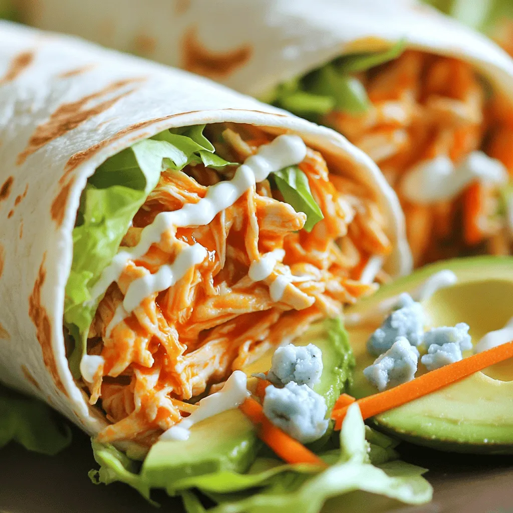 - 2 cups cooked chicken, shredded - ½ cup buffalo sauce - 1 cup lettuce, shredded - ½ cup ripe avocado, sliced - ½ cup shredded carrots - ½ cup blue cheese crumbles (optional) - 4 large flour tortillas - 2 tablespoons ranch dressing - Salt and pepper to taste To make these spicy buffalo chicken wraps, start with the main ingredients. Shredded chicken is key. You can use rotisserie chicken for ease. The buffalo sauce brings the heat. Adjust it based on your spice preference. Fresh lettuce adds crunch and freshness. Next, we add extra ingredients for flavor and texture. Sliced avocado gives a creamy touch. Shredded carrots add sweetness and color. Blue cheese crumbles can enhance flavor but are optional. Finally, choose large flour tortillas to wrap everything up. Ranch dressing complements the spice well. Don't forget to season with salt and pepper for taste. For the full recipe, check the complete guide. First, take your cooked chicken and shred it into small pieces. Add the shredded chicken to a mixing bowl. Pour in the buffalo sauce and stir well. Make sure every piece of chicken gets coated. If you like it hotter, add more buffalo sauce. If you want it milder, use less. This step is key for flavor. Next, grab a skillet and heat some olive oil over medium heat. Once the oil is hot, add the buffalo chicken mixture. Stir it around and cook for about five minutes. You want it heated through but not dry. This step blends the flavors nicely. Now, lay your flour tortillas flat on a clean surface. Take a tablespoon of ranch dressing and spread it in the center of each tortilla. Then, evenly distribute the sautéed buffalo chicken mixture on top. Add your veggies, like lettuce, avocado, and carrots. If you like blue cheese, sprinkle some on too. To wrap it up, fold in the sides of the tortilla first. Then, roll it from the bottom to the top, making sure it’s tight. This keeps all the tasty bits inside. Finally, slice the wraps in half diagonally. You can garnish with fresh cilantro or parsley if you like. Enjoy your Spicy Buffalo Chicken Wraps! For the full recipe, check out the details above. You have great options for cooked chicken. Rotisserie chicken works well. It’s tender and full of flavor. Grilled chicken is another good choice. It adds a nice smoky taste. Shredding the chicken makes it easy to mix with buffalo sauce. Both options save you time and effort. You can easily adjust the spice level. Add more buffalo sauce for extra heat. If you want it milder, just use less sauce. Balancing spice with creamy ingredients helps too. A little ranch dressing or avocado can cool things down. These creamy ingredients mix well with the spicy chicken. They create a nice contrast. Wrapping is important to keep everything inside. Make sure to fold in the sides first. Then, roll from the bottom to the top. This helps prevent spillage. For a neat presentation, slice the wrap diagonally. It looks nice and makes it easy to eat. You’ll impress your friends with these tasty, well-wrapped meals. For the complete recipe, check out the Full Recipe. {{image_2}} You can switch up the protein in your wraps. Turkey makes a great choice. It has a mild flavor that blends well with buffalo sauce. Plus, it’s leaner than chicken. If you want a plant-based option, use tofu. Firm tofu absorbs flavors well. Just press it to remove water, then cube it. Sauté with buffalo sauce until it’s warm. To amp up the heat, add jalapeños. They bring a fresh kick to each bite. You can slice them thin or dice them small. Another option is to drizzle in extra hot sauce. This adds a layer of spice that many love. For more depth of flavor, consider herbs and spices. Garlic powder, onion powder, or smoked paprika work well. They enhance the taste without overpowering the dish. Try different dressings to mix things up. Blue cheese dressing pairs perfectly with the buffalo taste. It adds creaminess and tang. If blue cheese isn’t your thing, try Caesar dressing. Its rich flavor complements the spicy chicken nicely. You can even make your own ranch dressing for a fun twist. You can find the full recipe I shared earlier to help with that. To keep your spicy buffalo chicken wraps fresh, wrap them tightly in plastic wrap or foil. Place them in an airtight container. This helps prevent air from drying them out. Store them in the fridge. Make sure to eat the leftovers within three days for the best taste. You can freeze these wraps for later. Wrap each one in plastic wrap and then in foil. This double layer keeps them safe from freezer burn. When you’re ready to eat, let them thaw in the fridge overnight. Reheat them in the oven for about 15 minutes at 350°F. This keeps the wrap crispy. Spicy buffalo chicken wraps last about three to four days in the fridge. If they contain fresh veggies, use them sooner. Always check for any signs of spoilage before eating. If it looks or smells off, it’s best to toss it. Enjoy your meal while it’s fresh for the best flavor! For the complete recipe, check out the Full Recipe. Yes, you can make these wraps ahead of time. To meal prep, follow these tips: - Cook the chicken and mix it with buffalo sauce. Store this in a container. - Prepare your veggies, like lettuce, avocado, and carrots. Keep them separate. - Assemble the wraps just before eating. This keeps the tortillas from getting soggy. - You can also wrap them tightly in foil or plastic wrap. This helps keep them fresh. These wraps pair well with different sides and dips. Here are some ideas: - Serve with carrot sticks or celery for crunch. - Try a side of potato wedges for a filling meal. - Pair with ranch or blue cheese dressing for dipping. - A simple green salad adds freshness and balance. Yes, you can make a vegetarian version. Here are some plant-based alternatives: - Use shredded jackfruit or tofu instead of chicken. - Toss in some roasted veggies for flavor. - Replace the ranch dressing with a vegan option. - Add more avocado to keep it creamy and satisfying. This blog post covered how to make delicious spicy buffalo chicken wraps. We shared main and additional ingredients, step-by-step instructions, and useful tips. You can choose chicken or alternatives and even adjust spice levels to suit your taste. Remember to store your leftovers properly and have fun experimenting with different flavors. Enjoy making these wraps, and don’t forget to share them with friends. You’ll find they are a tasty option for any meal!