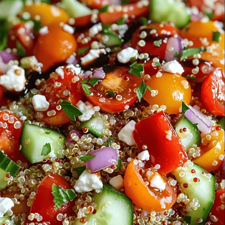 To make a tasty Roasted Red Pepper Quinoa Salad, gather these ingredients: - 1 cup quinoa, rinsed - 2 large red bell peppers - 1/2 cup cherry tomatoes, halved - 1/4 cup red onion, finely chopped - 1/2 cup cucumber, diced - 1/4 cup feta cheese, crumbled (optional) - 3 tablespoons olive oil - 2 tablespoons balsamic vinegar - 1 teaspoon garlic powder - Salt and pepper to taste - Fresh parsley, chopped for garnish This salad is not just delicious; it’s healthy too. Here’s why each ingredient matters: - Quinoa: A great source of protein and fiber. It helps keep you full and satisfied. - Red bell peppers: High in vitamins A and C, these add color and crunch. They also support your immune system. - Cherry tomatoes: Packed with antioxidants, they boost heart health and add sweetness. - Red onion: Contains quercetin, which may help lower blood pressure and cholesterol. - Cucumber: Hydrating and low in calories, cucumbers make your salad light and fresh. - Feta cheese: Adds creaminess and flavor; it’s a source of calcium. - Olive oil: A source of healthy fats, it’s good for your heart. - Balsamic vinegar: Adds tanginess and may help regulate blood sugar levels. - Garlic powder: Great for flavor, it also has health benefits like boosting your immune system. - Fresh parsley: Rich in vitamins K and C, it also freshens your breath. Fresh veggies make the salad shine. Here are some tips: - Red bell peppers: Look for bright colors and firm skin. Avoid soft spots. - Cherry tomatoes: Choose shiny, plump tomatoes. They should smell sweet. - Cucumber: Pick cucumbers that feel firm and are dark green. - Red onion: Look for heavy onions with smooth skin. Avoid any that feel soft or have dark spots. - Fresh parsley: Choose parsley that is bright green and crisp. Avoid yellow or wilting leaves. When you use fresh ingredients, your Roasted Red Pepper Quinoa Salad will taste amazing. Don't forget to check the [Full Recipe] for all the steps! To make the quinoa, start by rinsing one cup under cold water. This helps remove any bitter taste. In a medium saucepan, mix the rinsed quinoa with two cups of water. Bring it to a boil over high heat. Once it boils, lower the heat to a simmer. Cover the pot and let it cook for about 15 minutes. The water should absorb fully. After that, fluff the quinoa with a fork and let it cool. This fluffy base gives the salad its nice texture. Next, we need to roast the red peppers. Preheat your oven to 425°F (220°C). Cut the peppers in half and remove the seeds. Place them skin-side up on a baking sheet. Roast them for about 25 minutes. You want the skins to be blistered and slightly charred. Once roasted, take them out and let them cool. After cooling, peel off the skin and chop the peppers into bite-sized pieces. This smoky flavor adds depth to our salad. Now it’s time to bring everything together. In a large mixing bowl, combine the cooled quinoa, chopped roasted peppers, halved cherry tomatoes, diced cucumber, and finely chopped red onion. To make the dressing, whisk together three tablespoons of olive oil, two tablespoons of balsamic vinegar, one teaspoon of garlic powder, and salt and pepper to taste in a small bowl. Pour this dressing over the salad mixture. Toss gently to combine everything well. If you like, add some crumbled feta cheese for extra creaminess. Finally, garnish with fresh parsley before serving. You can find the full recipe here. To get the best texture for your quinoa, rinse it well. This step removes any bitterness. Use a fine mesh strainer and run cold water over the quinoa for about a minute. After rinsing, cook it with a 2:1 water-to-quinoa ratio. Bring it to a boil, then lower the heat and cover it. Let it simmer for 15 minutes. When done, fluff it with a fork. This keeps the grains separate and light. Use fresh herbs to boost the flavor of your salad. Fresh parsley adds brightness. You can also try basil or cilantro for a twist. For extra flavor, add spices like cumin or smoked paprika. These spices will give depth and warmth to your dish. Just a pinch can make a big difference. Mix them into your dressing or sprinkle them on top before serving. A beautiful presentation makes your salad more inviting. Use a large, shallow bowl to showcase the colors. Arrange the ingredients in sections for a vibrant look. You can also serve it in individual bowls for a personal touch. Garnish with extra parsley or a sprinkle of feta on top. Drizzle a little olive oil or balsamic vinegar just before serving to add shine. Check out the Full Recipe for more serving ideas! {{image_2}} To make this salad vegan, skip the feta cheese. You can add nuts or seeds for creaminess. Toasted sunflower seeds or sliced almonds work well. They add crunch and flavor without dairy. You can also swap balsamic vinegar for a splash of lemon juice. This keeps the salad bright and fresh. Good news! Quinoa is naturally gluten-free. This salad is a great choice for those with gluten issues. Just ensure that all your other ingredients are also gluten-free. Check labels on dressings and canned items. You can enjoy this dish without worry. Want to boost the protein? You have options! Chickpeas are a great choice. They add fiber and taste. Just rinse and toss them in. Grilled chicken is another option. Cook it simply with salt and pepper, then slice it up. This makes the salad filling and tasty. Feel free to mix and match proteins based on your needs. For the full recipe, check out the details above. To keep your roasted red pepper quinoa salad fresh, store it in an airtight container. This will help lock in flavor and moisture. If you have extra dressing, store it separately. This way, the salad won’t get soggy. Place the container in the fridge right away. You can eat this salad cold, but if you prefer it warm, reheat it gently. Use the microwave for quick warming. Heat for 30 seconds, then stir. Check if it’s warm enough. You can also use a skillet. Heat on low for a few minutes, stirring often. This salad stays fresh in the fridge for about three days. After that, the veggies may lose their crunch, and the flavors might fade. Always check for any strange smells or changes in color before eating. If you see any signs of spoilage, it’s best to toss it out. Enjoy your meal while it's fresh! For the complete recipe, see the [Full Recipe]. Yes, you can make this salad ahead of time. I often prepare it in the morning for lunch later. The flavors blend well after sitting for a few hours. Just keep it in the fridge. If you want, hold off on adding the dressing until you're ready to eat. This keeps everything fresh and crisp. If you need a substitute for quinoa, try brown rice or farro. Both add great texture. You can also use couscous or bulgur for a quick cook time. Each option gives a unique taste and feel. Just make sure to adjust the cooking time based on what you choose. To adjust spice levels, use less garlic powder or add more veggies. If you like heat, try adding red pepper flakes or diced jalapeños. For a milder taste, skip the feta cheese. Taste as you go, so you get it just right for you. This blog post covered how to create a tasty salad. We discussed each ingredient, their benefits, and how to choose fresh veggies. You learned clear steps to prepare quinoa, roast peppers, and mix your salad well. We shared tips for perfect texture, flavor boosts, and neat serving ideas. You can also explore vegan or gluten-free options and add proteins. Lastly, proper storage keeps your leftovers fresh. Use this guide to enjoy healthy salads any time!