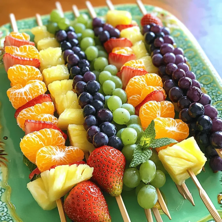 For a vibrant and tasty treat, use a mix of colorful fruits. Here’s what you need: - 1 cup strawberries, hulled - 1 cup orange segments - 1 cup pineapple chunks - 1 cup green grapes - 1 cup blueberries - 1 cup purple grapes or blackberries These fruits not only look great, but they also pack in vitamins. Each fruit adds its own flavor and texture. You can choose fresh, ripe fruits for the best taste. If you want to add a bit of sweetness, consider these options: - 2 tablespoons honey (optional) Honey brings a natural sweetness to the skewers. Drizzle it on before serving. It works well with all the fruits. Garnishing makes your skewers look even better. Use fresh mint leaves for a pop of color. Arrange the skewers on a platter for a fun display. You can also place them in a glass jar for a playful touch. This way, everyone can grab their own skewer! For the full recipe, check the detailed steps to make these beautiful treats. Start by washing all the fruits well. Rinse strawberries, grapes, blueberries, and oranges under cool water. Hull the strawberries, removing the green tops. Cut large strawberries in half for easier skewering. Peel the oranges and break them into segments. For the pineapple, slice it into bite-sized pieces. Finally, rinse the green and purple grapes. Grab wooden skewers and now it’s time to thread the fruits. Begin with a strawberry, then add an orange segment. Next, add a pineapple chunk and follow with a green grape. Then, add a blueberry and finish with a purple grape or blackberry. Aim for a vibrant pattern with all the colors of the rainbow. Each skewer should look fun and inviting! If you want to add a bit of sweetness, drizzle honey over the skewers. This step is optional, but it can enhance the flavors. For a refreshing treat, chill the skewers in the fridge for about 30 minutes before serving. Arrange them on a lovely platter and add fresh mint leaves for a pop of color. These simple steps make your rainbow fruit skewers look and taste amazing. For more detailed instructions, check the Full Recipe. Choosing ripe fruits is key for tasty skewers. Look for bright colors and firm texture. For strawberries, pick those that are deep red. Oranges should feel heavy and have smooth skin. Pineapples should have a sweet smell and give slightly when pressed. Grapes are ripe when they are plump and not wrinkled. Blueberries should be deep blue, while purple grapes should show no signs of green. When skewering, use sturdy wooden sticks or metal skewers. Start with a strawberry at the bottom. Follow with an orange segment and then a pineapple chunk. Next, add a green grape and a blueberry. Finish with a purple grape or blackberry on top. This order keeps the colors bright and fun. Space the fruits a bit apart to allow for easy eating. For parties, arrange your skewers on a big platter. Display them upright in a tall glass or jar. This makes them easy to grab. You can add a small bowl of honey for dipping. Fresh mint leaves add a nice touch and flavor. Guests will love the colors and the taste! For more ideas, check out the Full Recipe. {{image_2}} You can switch up the fruits in your skewers. Try using kiwi instead of orange for a tangy taste. Swap in mango for a sweeter flavor, or use raspberries for a tart kick. Here are some great options: - Kiwi - Mango - Raspberries - Peaches - Apples These fruits add different colors, flavors, and textures. You can mix and match based on what you like. Get creative with your combinations! Dips can make your fruit skewers even more fun. You can serve them with yogurt or chocolate sauce. Here are some tasty ideas: - Vanilla yogurt - Honey yogurt - Chocolate sauce - Nut butter Dipping adds a new layer of flavor. You can make a small bowl for each dip. This way, everyone can enjoy their favorite! Make your skewers special for holidays or parties. For a birthday, use colorful sprinkles on your yogurt dip. For summer picnics, create a “beach” theme with coconut flakes. You can also arrange the fruits in shapes, like stars or hearts. This adds a fun touch to your dish. For more details on making these colorful treats, check the Full Recipe. To keep your rainbow fruit skewers fresh, store them in the fridge. Place them in an airtight container. This helps prevent the fruits from drying out or absorbing odors. If you plan to serve them later, keep the honey separate until just before serving. This way, the skewers stay crisp and colorful. When prepping your skewers, wash and cut your fruits ahead of time. Keep them in separate containers for easy access. This makes it simple to assemble the skewers when you’re ready. If you want to make them in advance, prepare them a few hours before serving. Just remember to refrigerate them to keep them fresh. Most fruits have a good shelf life when stored correctly. Here’s a quick guide: - Strawberries: 3–5 days - Oranges: 1–2 weeks - Pineapple: 3–5 days - Grapes: 1 week - Blueberries: 1 week - Blackberries: 3–5 days Always check for freshness before using any fruit. By following these tips, your rainbow fruit skewers will stay vibrant, tasty, and ready to enjoy! For the full recipe, check back on the main article. Yes, you can use frozen fruits for skewers. However, they may not hold their shape well. Frozen fruits often lose some water when thawed. This can make them mushy. If you want to use them, let them thaw first. Pat them dry with a towel to reduce excess moisture. This way, they won’t drip and make a mess. To boost the nutrition of your rainbow fruit skewers, consider these tips: - Add a source of protein. Use yogurt, cheese cubes, or nuts. - Include seeds. Sprinkle chia or flaxseed on the fruit. - Use whole fruits instead of fruit juice. Whole fruits have more fiber. - Mix in some veggies. Cherry tomatoes or cucumber slices can add crunch. These small changes can make your skewers even healthier without losing flavor. For a summer picnic, the best fruits are those that are sweet and refreshing. Here are some great choices: - Strawberries: Juicy and easy to eat. - Watermelon: Hydrating and fun to slice. - Pineapple: Sweet and tangy. - Grapes: Bite-sized and portable. - Blueberries: Packed with antioxidants. - Raspberries: Tart and flavorful. These fruits not only taste great but also look beautiful on your skewers. You can find the full recipe for rainbow fruit skewers [here]. Enjoy! Rainbow fruit skewers are fun and easy to make. We covered the best fruits, optional sweeteners, and cool presentation ideas. You learned how to prep the fruit and assemble the skewers step by step. I shared tips on choosing ripe fruit and serving them at gatherings. We also explored variations, like adding dips and themed designs. Finally, I discussed how to store your skewers for freshness. Now, grab your favorites and get creative with your skewers! Enjoy these tasty treats while having fun with friends and family.