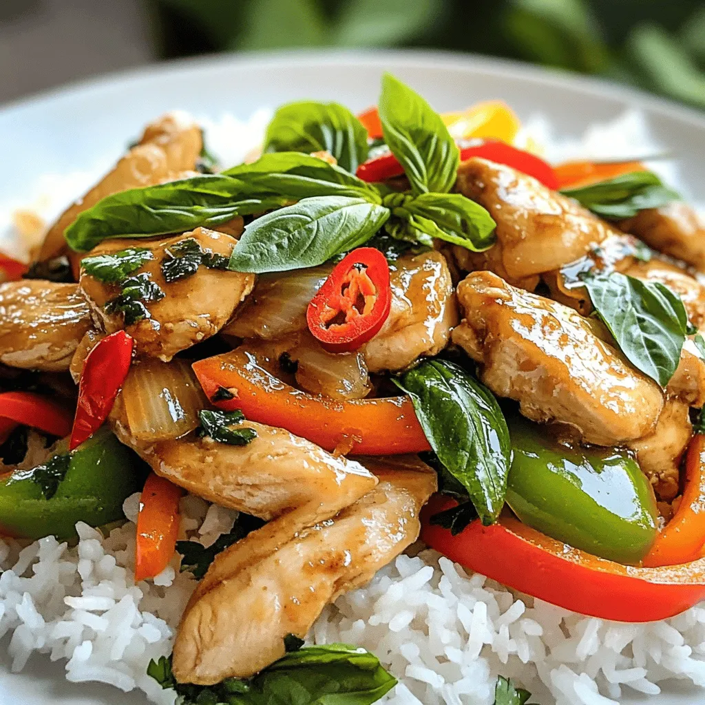 To make Thai basil chicken stir-fry, you need these ingredients: - 1 lb (450g) chicken breast, sliced thinly - 1 cup fresh Thai basil leaves - 3 cloves garlic, minced - 2 red Thai chili peppers, sliced (adjust for spice preference) - 1 tablespoon vegetable oil - 2 tablespoons soy sauce - 1 tablespoon oyster sauce (or mushroom sauce for a vegetarian option) - 1 tablespoon fish sauce (can substitute with soy sauce for vegetarian) - 1 teaspoon sugar - 1 bell pepper, sliced (any color) - 1 small onion, sliced - Cooked jasmine rice, for serving Each item plays a key role in your dish. The chicken gives protein and the Thai basil adds a fresh flavor. Garlic and chili provide a nice kick. You can swap some ingredients if needed: - Chicken: Use tofu or shrimp instead for a different protein. - Soy sauce: Use tamari for a gluten-free option. - Oyster sauce: Try hoisin sauce for a sweet twist. - Fish sauce: Use soy sauce or leave it out for a vegetarian dish. These swaps help you customize the dish to your taste. Add some fun extras for more flavor: - Vegetables: Try adding snap peas, carrots, or baby corn for crunch. - Nuts: Add cashews or peanuts for texture and nutty flavor. - Herbs: Fresh cilantro or mint can give new layers of taste. These additions let you get creative and make the dish your own. For the full recipe, check out the details above. Start with a pound of chicken breast. Slice it thinly for even cooking. In a bowl, mix the chicken with soy sauce, oyster sauce, fish sauce, and sugar. Let it marinate for about 15 minutes. This step adds great flavor to the dish. Heat a tablespoon of vegetable oil in a large skillet or wok over medium-high heat. Once hot, add three cloves of minced garlic and two sliced Thai chili peppers. Stir-fry these for about 30 seconds. You want to smell that fragrant garlic. Next, add the marinated chicken to the pan. Cook it for 5-7 minutes. Stir it often until the chicken is fully cooked and slightly caramelized. After that, toss in one sliced bell pepper and one sliced onion. Stir-fry for another 3-4 minutes. The veggies should be tender but still crisp. Finally, remove the pan from the heat and stir in one cup of fresh Thai basil leaves. They will wilt slightly from the heat. Serve your Thai basil chicken stir-fry hot over a bed of jasmine rice. This dish looks great with colorful veggies. You can place some extra basil on top for a nice touch. Enjoy this meal with your family or friends. For the full recipe, check out the details provided earlier. Stir-frying is fast and fun. Here are key tips to make it great: - High Heat: Use high heat to cook quickly. This keeps food crisp. - Wok or Skillet: A wok is best for stir-frying. It lets food move around easily. - Prep Ahead: Cut all your ingredients first. This helps keep the cooking quick. - Small Batches: Stir-fry in small batches. Too much food at once cools the pan. Choosing fresh Thai basil makes a big difference. Look for these signs: - Bright Green Leaves: They should look fresh and vibrant. - No Brown Spots: Avoid leaves with brown or yellow spots. - Fragrant Aroma: Fresh basil has a strong, sweet smell. - Sturdy Stems: The stems should be firm and not wilted. Avoid these common slip-ups to ensure a tasty dish: - Overcooking Chicken: Cook until it's just done. This keeps it tender. - Skipping the Marinade: Marinate the chicken to add flavor. Don’t rush this step. - Too Much Sauce: Use just the right amount of sauce. It should coat, not drown. - Forgetting the Basil: Add basil at the end. This keeps its bright flavor alive. For the complete recipe, check the Full Recipe section. {{image_2}} You can easily turn this dish into a vegetarian or vegan meal. For a vegetarian option, replace chicken with tofu or tempeh. Use mushroom sauce instead of oyster sauce. This sauce adds a rich umami flavor. If you want a vegan dish, use soy sauce instead of fish sauce. Tofu will soak up all the flavors, making it delicious. If you're not a fan of chicken, try other proteins. Shrimp works well and cooks quickly. Beef is another tasty choice. Slice it thinly and stir-fry just like the chicken. For a lighter option, use turkey. It’s lean and still very flavorful. Each protein brings its own taste to the dish, so feel free to experiment! The flavor can change with a few simple tweaks. Add lime juice for a zesty kick. You can also mix in some peanut butter for a nutty taste. If you prefer a sweeter sauce, add more sugar or a bit of honey. Try using sesame oil for a unique flavor twist. Each change can make this dish your own! For the full recipe, check the detailed instructions. To keep your Thai basil chicken stir-fry fresh, place it in an airtight container. Make sure to cool the dish down to room temperature first. Then, cover it tightly and store it in the fridge. It will stay good for about 3 to 4 days. If you want to keep it longer, freezing is a great option. When you reheat your stir-fry, aim for even warming. The best way is to use a skillet. Heat the skillet on medium heat and add a splash of water or broth. This helps keep the chicken moist. Stir it gently for about 5 to 7 minutes. You can also use a microwave if you’re short on time. Just heat it in short bursts, stirring in between, until hot. If you want to freeze the stir-fry, do it right after cooling. Place it in a freezer-safe bag or container. Be sure to remove as much air as possible. It can last up to 3 months in the freezer. When you're ready to eat, thaw it in the fridge overnight before reheating. Enjoy every tasty bite! For the complete cooking process, check the Full Recipe. To make Thai Basil Chicken Stir-Fry less spicy, you can reduce the amount of Thai chili peppers. Start with just one pepper or use a milder pepper, like a bell pepper. You can also remove the seeds from the chili before adding it to the dish. This helps lower the heat. Another option is to add more vegetables or serve the dish with rice to balance the spice level. You can serve Thai Basil Chicken Stir-Fry with jasmine rice for a classic pairing. The rice soaks up the tasty sauce. You can also add a side of steamed vegetables or a fresh salad for crunch. For extra flavors, consider serving it with spring rolls or a light soup. These options create a complete meal, perfect for sharing with family or friends. Yes, you can easily make a gluten-free version of this recipe. Use gluten-free soy sauce instead of regular soy sauce. Also, substitute oyster sauce with a gluten-free alternative or skip it altogether. Always check labels for hidden gluten in sauces. With these swaps, you can enjoy the same great flavors without gluten. - Full Recipe: Thai Basil Chicken Stir-Fry In this blog post, we covered everything about Thai Basil Chicken Stir-Fry. We explored the key ingredients, cooking steps, and helpful tips to avoid mistakes. You learned about easy swaps for ingredients and tasty add-ins that boost flavor. We shared ways to store leftovers and answered common questions about this dish. Enjoy making your own Thai Basil Chicken Stir-Fry. With practice, you'll perfect your technique and impress everyone at the table. Cook with joy and creativity!