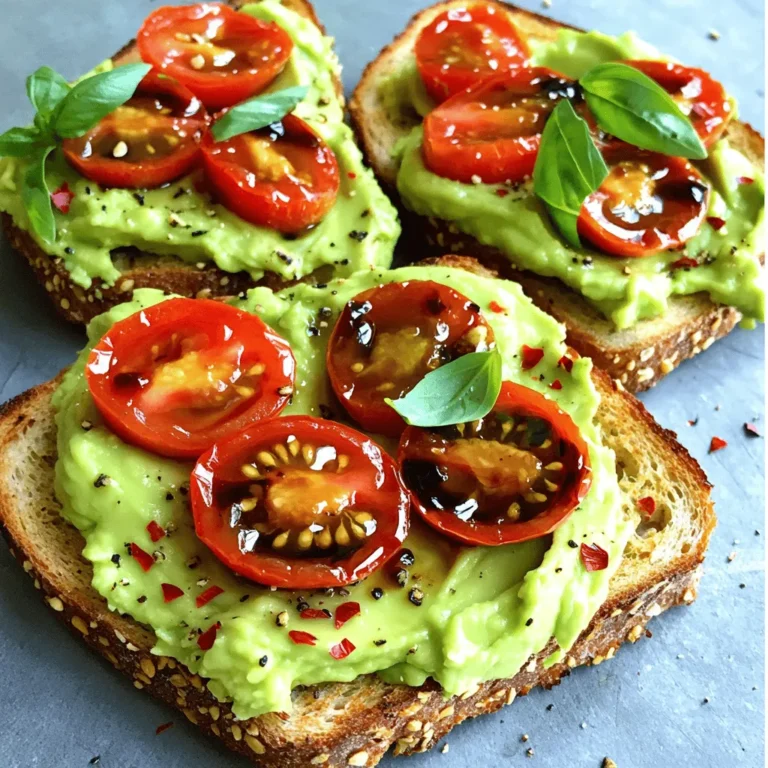 To make a delicious avocado and tomato toast, you need fresh and simple ingredients. Here’s what you’ll need: - Ripe avocados - Cherry tomatoes - Balsamic vinegar - Olive oil - Garlic - Fresh basil - Whole grain or sourdough bread - Salt and pepper - Optional: Red pepper flakes Each ingredient plays a key role. The ripe avocados give a creamy base, while the cherry tomatoes add bright flavor. Balsamic vinegar brings a sweet tang, and olive oil adds richness. Garlic gives a nice kick, and fresh basil adds a fragrant touch. Choose whole grain or sourdough bread for a hearty crunch. Salt and pepper enhance all the flavors, and red pepper flakes can add a bit of heat if you like. For a full experience, check out the Full Recipe. This toast is simple yet satisfying, perfect for breakfast or a quick snack. Start by cutting the ripe avocados in half. Remove the pit and scoop out the green flesh into a medium bowl. Use a fork to mash the avocados until smooth. Add the minced garlic, olive oil, salt, and pepper. Mix everything well. This creamy spread forms the base of your toast. In a separate bowl, take your halved cherry tomatoes. Add balsamic vinegar, chopped basil, and a pinch of salt and pepper. Toss the mix gently. Let it sit for about 10 minutes. This helps the tomatoes soak in all the tasty flavors. While the tomatoes marinate, grab your slices of whole grain or sourdough bread. Toast them until they are golden brown and crispy. I love using a toaster oven for even heating. This step adds a nice crunch to your toast. Once the bread is toasted, it’s time to assemble. Take each slice and spread a generous layer of the avocado mix on top. Next, add the marinated cherry tomatoes. Make sure each slice gets a good amount of the colorful topping. To finish your toast, sprinkle some extra basil leaves on top. Drizzle a bit of olive oil for added richness. If you like heat, sprinkle some red pepper flakes. Serve your toast right away. It’s a bright, fresh dish you can enjoy anytime. For the detailed recipe, check out the Full Recipe section. Pick ripe avocados for the best taste. A ripe avocado will yield slightly when you press it. If it feels too hard, let it ripen for a few days. Avoid avocados with dark spots or dents. These usually indicate overripeness. If you want to speed up ripening, place avocados in a paper bag with a banana. The ethylene gas from the banana speeds up the ripening process. Toasting your bread can make all the difference. Aim for a crisp texture that holds toppings well. Use whole grain or sourdough for added flavor and health benefits. Set your toaster to medium or medium-high for even browning. Check the bread often to avoid burning. If you prefer, use a skillet over medium heat. Add a little olive oil for extra flavor and crispiness. To elevate your toast, think about layering flavors. Add garlic to your avocado spread for a zesty kick. Fresh herbs like basil bring brightness and freshness. Cherry tomatoes marinated in balsamic vinegar add a sweet and tangy note. For some heat, sprinkle red pepper flakes on top. This combo creates a delicious balance, making each bite a savory delight. Try these tips to make your avocado and tomato toast even better. For the full recipe, check the details above. {{image_2}} You can change your avocado and tomato toast with many fun toppings. Try adding sliced radishes for a crunchy bite. Feta cheese brings a salty flavor that pairs well. If you like heat, sprinkle jalapeño slices on top. You can also add pickled onions for a sweet and tangy touch. The possibilities are endless! If you want to mix it up, use different spreads. Hummus can add creaminess and flavor. You could also use a layer of cream cheese for a rich base. For a vegan option, try a nut butter like almond or cashew. Each spread gives a new taste to your toast. Adding protein can make your toast more filling. Top it with a poached egg for a runny yolk that blends well. You can also add cooked bacon or smoked salmon for a savory twist. Chickpeas or black beans are great plant-based options, too. They add texture and keep you satisfied longer. Feel free to explore these variations with the full recipe for avocado and tomato toast! You can store leftover avocado and tomato toast easily. First, keep the avocado spread and tomatoes separate. This helps prevent browning. Place the avocado in an airtight container. Squeeze a bit of lemon juice on top. This keeps it fresh longer. Store the marinated tomatoes in another container. They can stay good for up to three days in the fridge. To reheat, toast your bread slices again. This brings back the crunch. Avoid using the microwave, as it makes the bread soggy. You can also enjoy the avocado spread cold. Just add the marinated tomatoes on top when ready to eat. Meal prep is a breeze with this recipe. You can prepare the avocado spread and the marinated tomatoes ahead of time. Store them in separate containers. When you are ready to eat, toast your bread. Then simply assemble the toast with your prepped ingredients. This way, you can have fresh avocado and tomato toast in minutes! For a twist, try adding a poached egg on top for extra protein. To keep avocado toast fresh, use some lemon juice. The acid slows browning. You can also cover the toast with plastic wrap. It helps keep air out. If you store the spread, place plastic wrap directly on the surface. This will help too. Yes, you can! Any bread you like works well. Sourdough adds a crunchy bite. Whole grain is healthy and filling. You can also try rye or gluten-free bread. Just make sure it’s sturdy enough to hold the toppings. There are many great options! Try adding feta cheese for creaminess. A sprinkle of lemon zest adds brightness. You can also use sliced radishes for crunch. For a kick, add red pepper flakes. Fresh herbs like cilantro or chives also boost flavor. The full recipe makes four servings. Each slice of toast is a perfect bite. You can easily double it for a crowd. Everyone loves this simple dish, so it’s a great choice for brunch! This blog post covers how to make a delicious avocado toast. You learned about the key ingredients, from ripe avocados to optional red pepper flakes. I walked you through each step, from preparing the spread to garnishing the toast. You also got tips on choosing the best avocados and toasting bread. Finally, we explored fun variations and smart storage tips. Enjoying this meal can boost your day. Try it out, mix flavors, and have fun in the kitchen!
