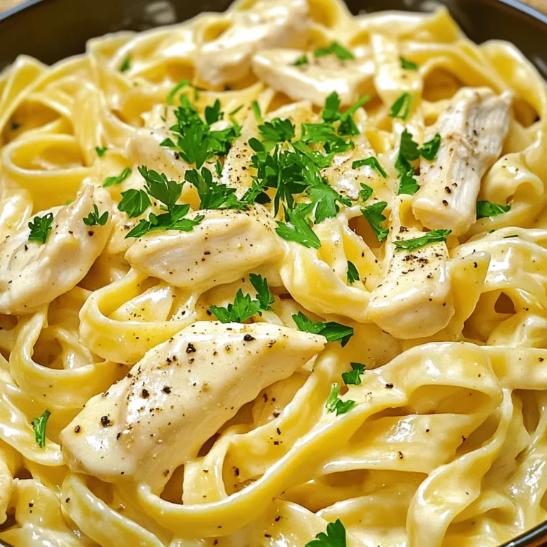 To make a great Classic Chicken Alfredo, you need a few key items. Here’s what you will need: - 2 boneless, skinless chicken breasts, sliced into strips - 8 oz fettuccine pasta - 2 tablespoons olive oil - 3 cloves garlic, minced - 1 cup heavy cream - 1 cup grated Parmesan cheese - 1 teaspoon Italian seasoning - Salt and black pepper to taste - Fresh parsley, chopped (for garnish) - Freshly cracked black pepper (for finishing) Each ingredient plays a vital role in creating this creamy dish. The chicken gives protein, while the pasta adds substance. Olive oil adds flavor and helps cook the chicken. Garlic gives a nice aroma and taste. Heavy cream makes the sauce rich and smooth. Parmesan cheese adds saltiness and depth. Italian seasoning brings in herbs for a fresh touch. Salt and black pepper enhance all the flavors. Lastly, parsley adds color and brightness to your plate. These ingredients come together to create a comforting meal. You can find the full recipe in the recipe section. Enjoy cooking! Let’s dive into the steps to make Classic Chicken Alfredo. This creamy dish is perfect for dinner. First, fill a large pot with water. Add enough salt to make it taste like the sea. Bring the water to a boil. Add 8 oz of fettuccine pasta. Cook it according to the package instructions until it is al dente. This usually takes about 8-10 minutes. Reserve ½ cup of the pasta water, then drain the pasta and set it aside. Next, heat 2 tablespoons of olive oil in a large skillet over medium heat. When the oil is hot, add the sliced chicken breasts. Season the chicken with salt and black pepper. Cook it for 5-7 minutes, or until it is browned and cooked through. Make sure to stir often. Once done, remove the chicken from the skillet and set it aside. In the same skillet, add 3 cloves of minced garlic. Sauté the garlic for about 1 minute. You want it to be fragrant but not burnt. This step adds a lovely flavor to your sauce. Now, pour in 1 cup of heavy cream and bring it to a gentle simmer. Stir in 1 cup of grated Parmesan cheese and 1 teaspoon of Italian seasoning. Let the sauce thicken for about 2-3 minutes. If it gets too thick, add some reserved pasta water until you reach your desired consistency. Add the cooked fettuccine and browned chicken back into the skillet. Toss everything together gently. Make sure all the pasta and chicken are coated in the creamy sauce. Taste and adjust the seasoning with more salt and pepper if needed. Finally, plate your creamy Chicken Alfredo. Garnish it with freshly chopped parsley and a sprinkle of cracked black pepper. This adds a nice touch and a little kick to the dish. Enjoy your meal! For the full recipe, check out Creamy Dreamy Chicken Alfredo. Avoiding a Lumpy Sauce To stop lumps, stir well as you cook. Use low heat to keep the sauce smooth. Start with warm cream, and add cheese slowly while stirring. This helps the cheese melt better and mix in nicely. Achieving the Right Consistency You want your sauce creamy but not too thick. If it gets thick, add some reserved pasta water. This water helps blend and thin the sauce to the right texture. The sauce should coat the pasta well but still flow easily. Seasoning to Taste Taste your sauce as you cook. Add salt and black pepper as needed. Don’t forget the Italian seasoning for extra flavor. A little fresh parsley on top adds brightness, too. Optimal Chicken Cooking Methods For the best chicken, cook it in a hot skillet with olive oil. This gives you a nice golden crust. Cook until the chicken is no longer pink inside. It takes about 5-7 minutes. Best Pasta Cooking Practices Use plenty of salted water to boil your pasta. This helps the pasta flavor. Cook it just until it’s al dente, so it has a slight bite. Always reserve some pasta water before draining. This water is great for adjusting the sauce later. Explore the [Full Recipe] for step-by-step details! {{image_2}} You can make Chicken Alfredo even better by changing a few things. - Adding Vegetables: Broccoli or spinach adds great color and nutrition. Broccoli cooks well in the pasta water. Just add it for the last 2-3 minutes. Spinach wilts quickly and can go in right before serving. Both make the dish healthier. - Using Different Types of Pasta: Fettuccine is classic, but you can try other pasta. Penne or rigatoni work well too. They hold the sauce just right, giving you a tasty bite every time. - Cheese Alternatives for Flavor Variations: Parmesan is great, but don’t stop there. You can mix in Romano or Asiago for a different taste. A blend of cheeses can add depth and a unique flavor to your sauce. You can easily adapt Chicken Alfredo for diets. - Gluten-Free Options: If you need gluten-free, use gluten-free pasta. Many brands offer good options that cook well and taste great. Always check the package to ensure it's safe for your needs. - Dairy-Free Modifications: For a dairy-free version, swap heavy cream for coconut milk or a nut milk. Nutritional yeast can replace Parmesan for a cheesy flavor without dairy. These swaps keep the dish creamy and delicious. Use these variations and adjustments to make this dish your own. You can enjoy a tasty meal that fits your needs and preferences! Don't forget to check the Full Recipe for detailed steps. Storing your Chicken Alfredo can keep it fresh for later. Here are simple steps: - Refrigerating Alfredo Pasta: Place leftover Chicken Alfredo in an airtight container. This keeps the dish moist. Store it in the fridge. It lasts about 3-4 days. - Freezing Suggestions: If you want to save it longer, use a freezer-safe container. Leave some space at the top for expansion. Chicken Alfredo can freeze well for about 2-3 months. When ready to eat, thaw it in the fridge overnight. To enjoy your Chicken Alfredo again, follow these steps: - Best Methods for Reheating: Use a skillet over low heat. Add a splash of milk or cream to help the sauce. Stir until warmed through. You can also use the microwave. Heat in short bursts, stirring often. - Avoiding a Dry Sauce: Adding a little liquid is key. It helps keep the sauce creamy. If it seems too thick, add more milk or reserved pasta water. This way, your Chicken Alfredo stays delicious. Can I make Chicken Alfredo ahead of time? Yes, you can make Chicken Alfredo ahead. Cook it and let it cool. Store it in the fridge for up to three days. Just reheat gently when you are ready to serve. What kind of chicken is best for Alfredo? Boneless, skinless chicken breasts work best. They cook quickly and stay tender. You can also use chicken thighs for more flavor. How long does Chicken Alfredo last in the fridge? Chicken Alfredo lasts about three days in the fridge. Make sure to store it in an airtight container. Can I use milk instead of heavy cream? You can use milk, but the sauce will be thinner. For creaminess, consider mixing milk with some butter. What's the history behind Chicken Alfredo? Alfredo sauce comes from Italy. It was created by Alfredo di Lelio in the early 1900s. He made it for his wife, who had trouble eating. It became popular in America later. Is it possible to make Alfredo sauce without butter? Yes, you can make Alfredo sauce without butter. You can use olive oil instead. It will still taste great! How can I make Chicken Alfredo spicier? To spice up Chicken Alfredo, add red pepper flakes. You can also use spicy Italian sausage in place of chicken. Both add a nice kick! Classic Chicken Alfredo is easy to make with simple ingredients. You need chicken, fettuccine pasta, garlic, and heavy cream. I shared step-by-step instructions to guide you through cooking this dish. I also included tips to improve your sauce and cooking techniques to enhance flavor. If you want to mix things up, consider adding veggies or adjusting for dietary needs. Enjoy your Alfredo dish and share your thoughts. Cooking can be fun and rewarding!