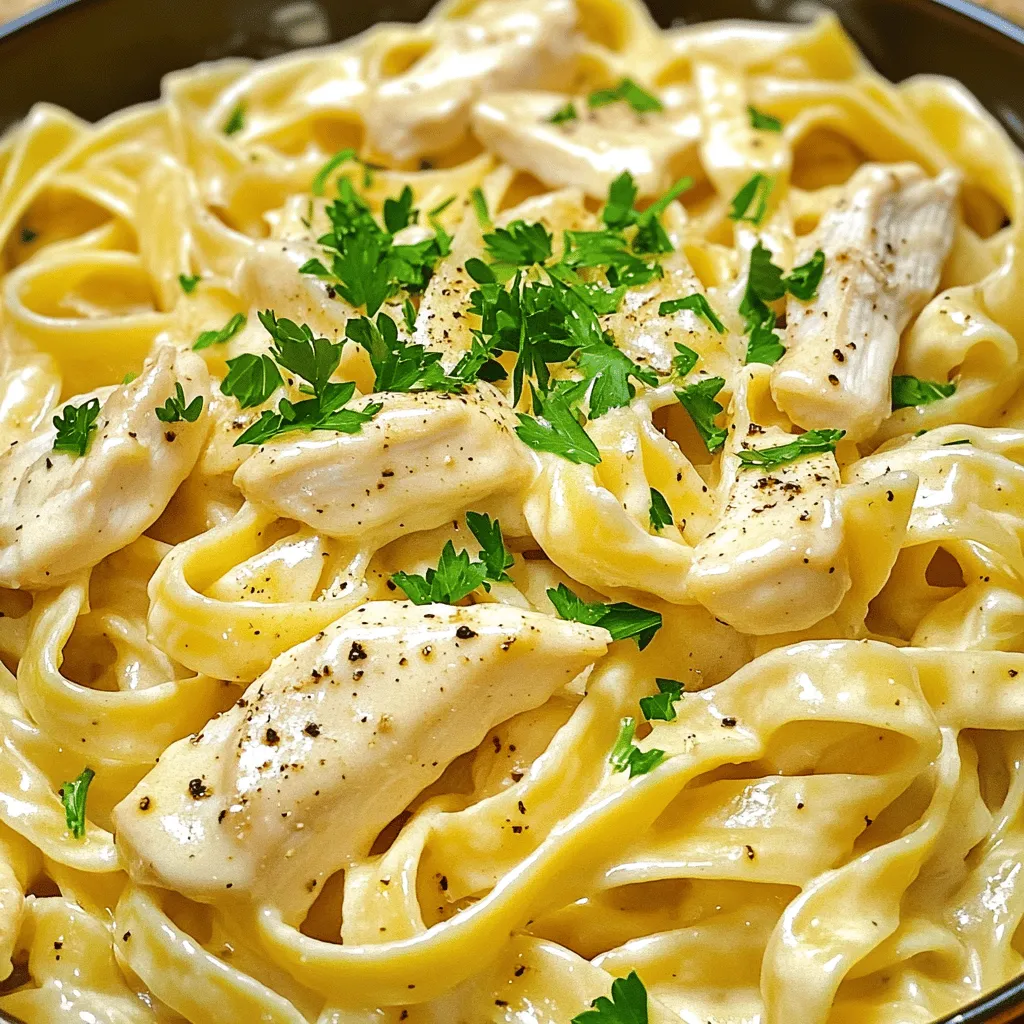 To make a great Classic Chicken Alfredo, you need a few key items. Here’s what you will need: - 2 boneless, skinless chicken breasts, sliced into strips - 8 oz fettuccine pasta - 2 tablespoons olive oil - 3 cloves garlic, minced - 1 cup heavy cream - 1 cup grated Parmesan cheese - 1 teaspoon Italian seasoning - Salt and black pepper to taste - Fresh parsley, chopped (for garnish) - Freshly cracked black pepper (for finishing) Each ingredient plays a vital role in creating this creamy dish. The chicken gives protein, while the pasta adds substance. Olive oil adds flavor and helps cook the chicken. Garlic gives a nice aroma and taste. Heavy cream makes the sauce rich and smooth. Parmesan cheese adds saltiness and depth. Italian seasoning brings in herbs for a fresh touch. Salt and black pepper enhance all the flavors. Lastly, parsley adds color and brightness to your plate. These ingredients come together to create a comforting meal. You can find the full recipe in the recipe section. Enjoy cooking! Let’s dive into the steps to make Classic Chicken Alfredo. This creamy dish is perfect for dinner. First, fill a large pot with water. Add enough salt to make it taste like the sea. Bring the water to a boil. Add 8 oz of fettuccine pasta. Cook it according to the package instructions until it is al dente. This usually takes about 8-10 minutes. Reserve ½ cup of the pasta water, then drain the pasta and set it aside. Next, heat 2 tablespoons of olive oil in a large skillet over medium heat. When the oil is hot, add the sliced chicken breasts. Season the chicken with salt and black pepper. Cook it for 5-7 minutes, or until it is browned and cooked through. Make sure to stir often. Once done, remove the chicken from the skillet and set it aside. In the same skillet, add 3 cloves of minced garlic. Sauté the garlic for about 1 minute. You want it to be fragrant but not burnt. This step adds a lovely flavor to your sauce. Now, pour in 1 cup of heavy cream and bring it to a gentle simmer. Stir in 1 cup of grated Parmesan cheese and 1 teaspoon of Italian seasoning. Let the sauce thicken for about 2-3 minutes. If it gets too thick, add some reserved pasta water until you reach your desired consistency. Add the cooked fettuccine and browned chicken back into the skillet. Toss everything together gently. Make sure all the pasta and chicken are coated in the creamy sauce. Taste and adjust the seasoning with more salt and pepper if needed. Finally, plate your creamy Chicken Alfredo. Garnish it with freshly chopped parsley and a sprinkle of cracked black pepper. This adds a nice touch and a little kick to the dish. Enjoy your meal! For the full recipe, check out Creamy Dreamy Chicken Alfredo. Avoiding a Lumpy Sauce To stop lumps, stir well as you cook. Use low heat to keep the sauce smooth. Start with warm cream, and add cheese slowly while stirring. This helps the cheese melt better and mix in nicely. Achieving the Right Consistency You want your sauce creamy but not too thick. If it gets thick, add some reserved pasta water. This water helps blend and thin the sauce to the right texture. The sauce should coat the pasta well but still flow easily. Seasoning to Taste Taste your sauce as you cook. Add salt and black pepper as needed. Don’t forget the Italian seasoning for extra flavor. A little fresh parsley on top adds brightness, too. Optimal Chicken Cooking Methods For the best chicken, cook it in a hot skillet with olive oil. This gives you a nice golden crust. Cook until the chicken is no longer pink inside. It takes about 5-7 minutes. Best Pasta Cooking Practices Use plenty of salted water to boil your pasta. This helps the pasta flavor. Cook it just until it’s al dente, so it has a slight bite. Always reserve some pasta water before draining. This water is great for adjusting the sauce later. Explore the [Full Recipe] for step-by-step details! {{image_2}} You can make Chicken Alfredo even better by changing a few things. - Adding Vegetables: Broccoli or spinach adds great color and nutrition. Broccoli cooks well in the pasta water. Just add it for the last 2-3 minutes. Spinach wilts quickly and can go in right before serving. Both make the dish healthier. - Using Different Types of Pasta: Fettuccine is classic, but you can try other pasta. Penne or rigatoni work well too. They hold the sauce just right, giving you a tasty bite every time. - Cheese Alternatives for Flavor Variations: Parmesan is great, but don’t stop there. You can mix in Romano or Asiago for a different taste. A blend of cheeses can add depth and a unique flavor to your sauce. You can easily adapt Chicken Alfredo for diets. - Gluten-Free Options: If you need gluten-free, use gluten-free pasta. Many brands offer good options that cook well and taste great. Always check the package to ensure it's safe for your needs. - Dairy-Free Modifications: For a dairy-free version, swap heavy cream for coconut milk or a nut milk. Nutritional yeast can replace Parmesan for a cheesy flavor without dairy. These swaps keep the dish creamy and delicious. Use these variations and adjustments to make this dish your own. You can enjoy a tasty meal that fits your needs and preferences! Don't forget to check the Full Recipe for detailed steps. Storing your Chicken Alfredo can keep it fresh for later. Here are simple steps: - Refrigerating Alfredo Pasta: Place leftover Chicken Alfredo in an airtight container. This keeps the dish moist. Store it in the fridge. It lasts about 3-4 days. - Freezing Suggestions: If you want to save it longer, use a freezer-safe container. Leave some space at the top for expansion. Chicken Alfredo can freeze well for about 2-3 months. When ready to eat, thaw it in the fridge overnight. To enjoy your Chicken Alfredo again, follow these steps: - Best Methods for Reheating: Use a skillet over low heat. Add a splash of milk or cream to help the sauce. Stir until warmed through. You can also use the microwave. Heat in short bursts, stirring often. - Avoiding a Dry Sauce: Adding a little liquid is key. It helps keep the sauce creamy. If it seems too thick, add more milk or reserved pasta water. This way, your Chicken Alfredo stays delicious. Can I make Chicken Alfredo ahead of time? Yes, you can make Chicken Alfredo ahead. Cook it and let it cool. Store it in the fridge for up to three days. Just reheat gently when you are ready to serve. What kind of chicken is best for Alfredo? Boneless, skinless chicken breasts work best. They cook quickly and stay tender. You can also use chicken thighs for more flavor. How long does Chicken Alfredo last in the fridge? Chicken Alfredo lasts about three days in the fridge. Make sure to store it in an airtight container. Can I use milk instead of heavy cream? You can use milk, but the sauce will be thinner. For creaminess, consider mixing milk with some butter. What's the history behind Chicken Alfredo? Alfredo sauce comes from Italy. It was created by Alfredo di Lelio in the early 1900s. He made it for his wife, who had trouble eating. It became popular in America later. Is it possible to make Alfredo sauce without butter? Yes, you can make Alfredo sauce without butter. You can use olive oil instead. It will still taste great! How can I make Chicken Alfredo spicier? To spice up Chicken Alfredo, add red pepper flakes. You can also use spicy Italian sausage in place of chicken. Both add a nice kick! Classic Chicken Alfredo is easy to make with simple ingredients. You need chicken, fettuccine pasta, garlic, and heavy cream. I shared step-by-step instructions to guide you through cooking this dish. I also included tips to improve your sauce and cooking techniques to enhance flavor. If you want to mix things up, consider adding veggies or adjusting for dietary needs. Enjoy your Alfredo dish and share your thoughts. Cooking can be fun and rewarding!