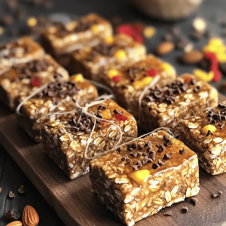 The main ingredients in these bars are simple yet powerful. Here’s what you need: - 2 cups rolled oats - 1/2 cup almond butter (or any nut butter of your choice) - 1/2 cup honey or maple syrup - 1/2 cup chopped nuts (almonds, walnuts, or pecans) - 1/4 cup mini dark chocolate chips (optional) - 1/4 cup dried fruit (raisins, cranberries, or apricots) - 1 teaspoon vanilla extract - 1/2 teaspoon cinnamon - A pinch of salt Rolled oats are the backbone of these bars. They offer fiber, which helps keep you full. Oats also help lower cholesterol levels. Nut butter packs in protein and healthy fats. This mix keeps energy levels steady. You can add variety to your granola bars with optional ingredients. Here are a few ideas: - Dried fruits like apricots or cranberries for natural sweetness. - Chopped nuts such as pecans or walnuts for crunch. - Mini dark chocolate chips for a touch of indulgence. These add-ins not only enhance flavor but also boost nutrition. Dried fruits provide vitamins, while nuts add heart-healthy fats. When it’s time to sweeten, you have choices. Honey and maple syrup are both great options. Honey adds a distinct flavor, while maple syrup is a bit milder. Other natural sweeteners include: - Agave syrup - Coconut nectar These options let you customize the taste and sweetness level. Each sweetener has its own unique flavor, so feel free to experiment. To start, gather your dry ingredients. In a large bowl, mix the rolled oats, chopped nuts, mini chocolate chips, dried fruit, cinnamon, and salt. Stir until everything is well blended. This step is key to ensure that each bite of your granola bar offers a tasty crunch. Next, move on to the wet ingredients. In a separate small bowl, combine the almond butter, honey (or maple syrup), and vanilla extract. Stir until the mixture is smooth. You want a creamy blend that will help bind the dry ingredients together. Now, pour the wet mixture into the dry ingredients. Use a spatula to mix them well. Keep mixing until everything is sticky and holds together. This consistency is vital for your bars to hold their shape later. Once the mixture is well combined, it’s time to transfer it to a baking dish. Line an 8x8 inch or 9x5 inch dish with parchment paper. Make sure to leave some paper hanging over the edges. This will help you pull the bars out later. Now, take the granola mixture and press it into the lined dish. Use your hands or the back of a spatula to press it down firmly and evenly. This pressure helps the bars stick together. If the mixture is loose, your bars will crumble later. After molding, place the dish in the refrigerator. Allow it to chill for at least 1-2 hours. This time helps the bars set properly. To check if they are ready, gently press down on the top. If it feels firm and holds its shape, they are set. Once set, lift the granola mixture out by pulling on the parchment paper. Cut the mixture into bars or squares. Enjoy your tasty and nutritious snack! For the full recipe, check out the instructions mentioned earlier. To keep your granola bars fresh, store them in an airtight container. This helps maintain their texture and flavor. You can place them in the fridge for longer shelf life, or keep them at room temperature for a few days. If you want to freeze them, wrap each bar in plastic wrap and then put them in a freezer bag. They will stay good for up to three months. You can change the flavor of your granola bars to fit your taste. Try adding different nuts like cashews or sunflower seeds. You can also switch out the dried fruit. For a tropical twist, use dried mango or pineapple. If you need to make them vegan, replace honey with maple syrup. You can even add spices like nutmeg or ginger for extra warmth. Sometimes, granola bars can crumble apart. If this happens, mix in a bit more nut butter or honey. This will help them stick together better. To get the right texture, make sure to press the mixture firmly into the pan. If they feel too soft after refrigeration, give them more time to set. A little patience can go a long way in achieving the perfect granola bar. {{image_2}} You can change the flavor of your granola bars easily. Here are some fun ideas: - Cinnamon and Nutmeg: Add more spices for warmth. - Cocoa Powder: Mix in cocoa for a chocolatey twist. - Vanilla Extract: Use different extracts like almond or coconut. - Seasonal Fruits: In fall, add pumpkin spice. In summer, use fresh berries. These small changes can make your bars taste new and exciting! If you need gluten-free options, use certified gluten-free oats. They taste just as good. For nut-free versions, try sunflower seed butter or soy nut butter. These swaps keep your bars safe for allergies. Want to make your bars even better? Try adding seeds like chia or flaxseed. They pack in extra nutrients. You can also mix in protein powder. This makes your bars more filling. Just remember to adjust the wet ingredients if you add protein powder. This recipe allows for many tasty variations. Use your creativity! For the full recipe, check above. To keep your healthy no bake granola bars fresh, use an airtight container. This will prevent them from drying out. You can also store them in the fridge for added freshness. When kept in an airtight container at room temperature, these bars last about a week. If you store them in the fridge, they can last up to two weeks. Freezing granola bars is easy. First, wrap each bar in plastic wrap. Then, place them in a freezer-safe bag or container. Make sure to remove as much air as possible. This helps preserve their taste and texture. When you’re ready to enjoy them, just take out a bar and let it thaw in the fridge. You can also eat them straight from the freezer for a cool snack. To know if your granola bars are still good, look for changes in smell or texture. If they smell off or feel too hard, it’s best to discard them. Also, check for any signs of mold. These bars usually last up to two weeks in the fridge, so keep an eye on them. If you’re unsure, trust your senses! Yes, you can use other nut butters. Each nut butter gives a unique taste. - Pros of other nut butters: - Peanut butter has a strong flavor and is cost-effective. - Cashew butter is creamy and mild, great for kids. - Sunflower seed butter works for nut allergies. - Cons of other nut butters: - Some butters may change the texture. - Flavors can vary widely, affecting the final taste. Absolutely! These granola bars are packed with nutrients. Kids need healthy snacks for energy. - Nutritional benefits: - Oats provide fiber for digestion. - Nuts offer protein for growth. - Dried fruit adds vitamins and natural sweetness. - Advice for kids: - Let them choose their favorite fruits or nuts. - Shape bars into fun shapes for more appeal. Making them less sweet is easy! You can adjust the sweetener. - Try using less honey or maple syrup. - You can also replace it with unsweetened applesauce. - Add more oats or nuts to balance the flavors. Yes, you can use rolled oats. They give a better texture. - Differences: - Rolled oats are thicker and chewier. - Instant oats are finer and absorb liquid faster. - Impact on the recipe: - Using rolled oats leads to a firmer bar. - Instant oats can make the bars a bit softer. Cutting granola bars can be tricky if they are sticky. Here are some tips: - Use a sharp knife to make clean cuts. - Spray the knife with cooking spray to prevent sticking. - If bars are too sticky, chill them longer before cutting. - You can also cut them while they are still in the dish for less mess. For the full recipe, check out the Healthy No Bake Granola Bars section! In this blog post, we explored how to make healthy no-bake granola bars. Using key ingredients like oats, nut butter, and sweeteners provides health benefits. We also discussed optional add-ins and variations for flavor. Remember to follow the step-by-step instructions for the best results. Store your bars well, customize them to your taste, and troubleshoot any issues. With these tips, you can create delicious, nutritious snacks that suit your needs. Enjoy your homemade granola bars!